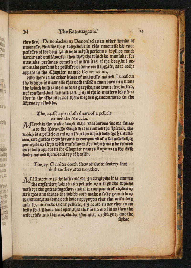 es they fay, Demoniachus 62 Demoniaci is an other kynde of madneſle. And the they whyche be in this madneſſe bie euer poffetted of the deuill, and be diuelpſb perſons ¢ well do much barme and euill, woꝛſer then they the which be maniake, foz maniake per ſones cometh ot infirmites of the body, but bes moniako perfons be polſſeſſed of ſome euill ſppꝛite, as it dothe appere in the Chapiter named Demoniachus, Alſo there is an other kinde of madneſſe named Lunaticus the whiche is madneſſe that doth infest a man ones in a mone the which doth caule one to be gerplhe,and wauering wittid, not conſtant, but kantaſticall. Foꝛ al theſe matters loke furs ther in the Chapiters of theſe wozdes pꝛenominated in the Bꝛeuarp of helthe. The. 44. Chapier doth shewe of a pellicle named the Miracke. Irach is the araby woꝛd. The Barbarous woꝛde is na⸗ med the Pirat. In Engliſb it is named the Hirack, the whicb is a pellicle, a tal oꝛ a (hin the which doth tye ß intettt nes, and guttes togyther, and is compound of a lat and fleſhiy pannyele oꝛ ſkyn with muſcilages, the which may be relaxed as it doth appere in the Chapiter named Ruptura in the firſt bake named the Bꝛeuiarp of health. ; The. 4s, Chapiter doeth Shew of the mifentery that doth tie the guttes togyther. the myſentery which is a pellicle oꝛ a (hyn the whiche noth tye the guttes together, and it is compound of coꝛdes oʒ fringes and fatnes the which doth make a ſolte pannicle oꝛ lygament, and ſome doth holde oppynpon that the milentery and the miracke is one pellicle, t 1 could neuer eſpy in no belly that J haue ſeue open, that ther is no mo ſkins then the middziffe and this afozelaine Pannicle oꝛ Dhyne, 7 70 the el,