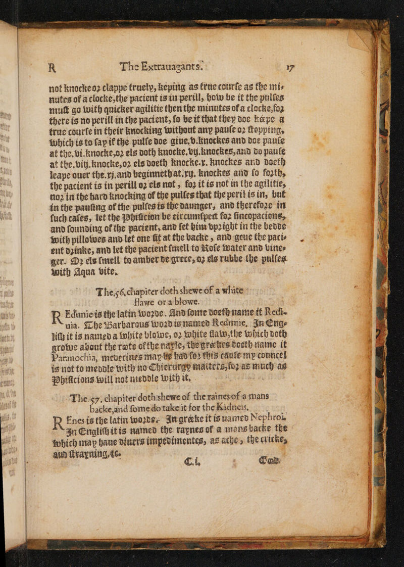 not knocke oz clappe truely, keping as krue courte as the mi⸗ nutes of aclocke,the pacient is in perill, how be it the pulſes niu go with quicker agilitie then the minutes ofa clocke, fog there is no perill in the pactent, lo be it that they doe keepe a trus courſe in their knocking without any pauſe oꝛ fepping, which is to ſay ik the pulle doe giue. v. knockes and dos paule at the. vi. knocke, oꝛ els doth knocke. ty. knockes, aud do pauſe at the. biti. knocke, oꝛ els doeth knocke. x. knockes and daeth leape ouer the. xj. and beginneth at. xh. knockes and fo fozth, the pacient is in perill oꝛ els not, foꝛ it is not in the agilitie, noꝛ in the hard knocking of the pulfes that the peril is in, but in the pauſing of the pulſes is the daunger, and thereloze in ſuch tales, let the Phiũcion be tircumſpect fo2 ſincopacions, and founding of the pacient, and fet him vpꝛight in the bedde with pillowes and let one fit at the backe, and geue the pacts ent dzinke, and let the pacient ſmell to Roſe Water and vines with Aqua vite. Hawe or a blowe. Be : R Edunie is the latin woꝛde. And ſome doeth name tt Rech. uia. The Barbarous woꝛd is named Redime, In Eng⸗ growe about the rate ofthe naple⸗ the greekes tosth name it Paranochia, meverines may bs had fe» this caule mp conncel is not to meddle with no Chierurgy matters, lo as much as Phiſicions will not meddle with it. backe, and ſome do take it for the Kidneis. R ꝑnes is the latin wore. In grerke it is named Nephroi. In Englich it is named the rapnes of a mons backe the Which may haue diners impedimentes, as ache, the cvickes aud rayting, le. C. i. Can: