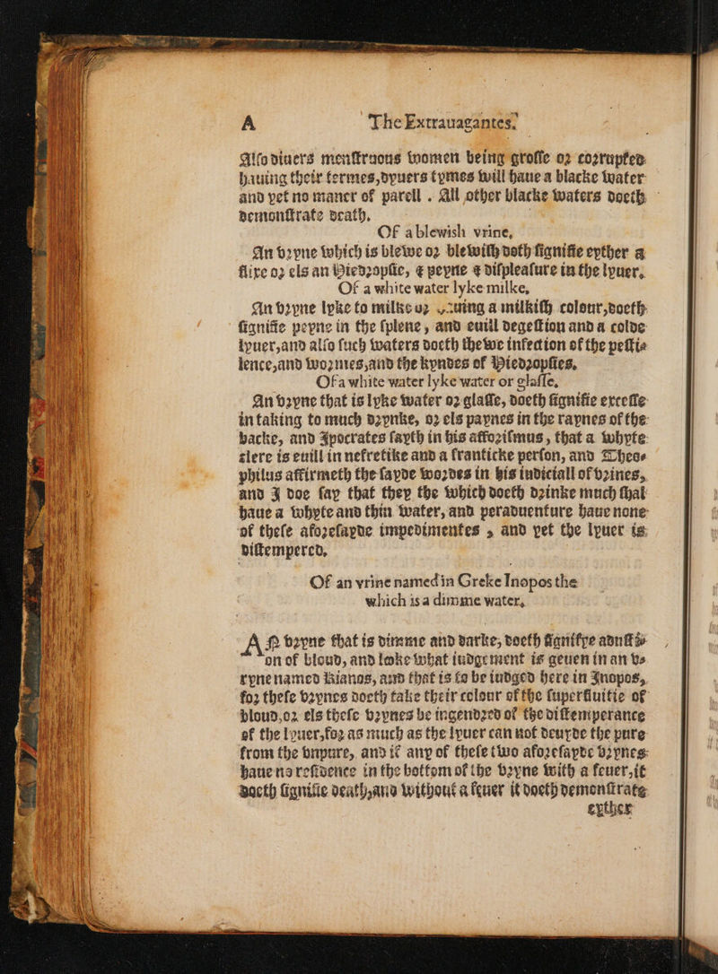 Allo diuers menſtruous women being grofle oz coꝛrupked hauing their termes, dyuers tymes will haue a blacke water and pet no maner of parell . All other blacke waters doeh demonttrate dcath. Of ablewish vrine, An vꝛpne which is blewe oꝛ blewith doth fianifie epther a flixe 03 clo an Hiedꝛopſie, æ pepne ¢ diſpleaſure in the lpuer. Of a white water lyke milke, An vꝛyne lyke to milks uz „ uing a milkiſh colour, doeth fignifie pepne in the ſplene, and euill degeſtion and a colde lpuer, and allo ſuch waters doeth the we infection of the peſti⸗ lence, and woꝛ mes, and the kyndes of Hiedꝛopſies. Of a white water lyke water or glaſſe. An vꝛyne that is lpke water oꝛ glaſſe, doeth fignifie ercefie in taking to much deynke, oꝛ els paynes in the raynes of the backe, and Apocrates fayth in his affoꝛilmus, that a whpte elere is euill in nekretike and a franticke perſon, and Thes⸗ philus affirmeth the ſavde woꝛdes in his indiciall of vꝛines, and J doe fay that they the which doeth dꝛinke much that haue a whyte and thin water, and peraduenture haue none ok theſe afozeſapde impedimentes, and pet the lpuer is diſtempered. | Of an vrine named in Greke Inopos the which is a dimme water, Ag bꝛyne that ts dimme and darke, doeth üͤgnikre aon ite on of bloud, and loke what iudge ment is geuen in an v⸗ ryne named Rianos, and that is to be iudged here in Jnopos, fo2 theſe vꝛynes doeth take their colour of the ſuperlluitie of ploud oz els theſe bꝛynes be ingendꝛed of the diſtemperance of the louer, foꝛ as much as the lyuer can not deurde the pure from the vnpure, and ik any of thefe two afoꝛeſapde bepnes haue no reſidence in the bottom of (he bꝛyne with a keuer, it pocth ſignilie death and without a leuer it doeth W rats Ether