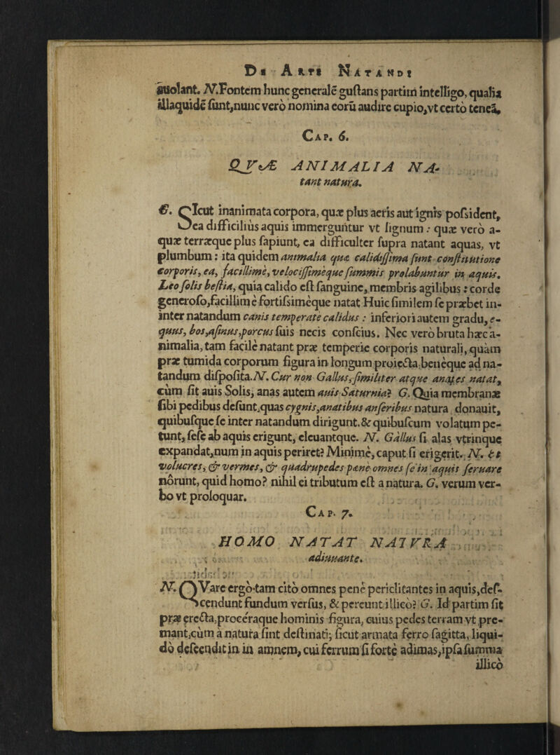 D* A *.ri Natamdi Sttoknt. jY.Fontem hunc generale guftans partirn intelligo, qualia Ulaquide funt,nunc vero nomina eoru audire cupio,vt certo tenea* Cap. d» ANIMALIA NA- tant natura* €. nlcut inanimata corpora, quae plus aeris aut ignrs pofsident* Oea difficilius aquis immerguntur vt lignum .• qux vero a- quac terrarque plus fapiunt, ea difficulter fupra natant aquas, vt plumbum i ita quidem antmalia qua calidiffima funt confiunt tone corporis, ea, facillime, velocijjimeque fummis prolabantur in aquis. Leo filis beflia, quia calido cft fanguine, membris agilibus: corde gcnerofo,facillimefortifsimeque natat Huic fimi lem fc praebet in- inter natandum canis temperate calidus: inferiori autem gradu, f- quas, bos,aftnus,porcus £\x\s necis confcius. Nec vero bruta harc a- nimalia, tam facile natant prae temperie corporis naturali, quam prae tumida corporum figura in longum proie£ta;beneque ad na¬ tandum difpofita.iV. Cur non Gallus, fimi liter atque anales nat at, cum fit auis Solis, anas autem auis Saturnia* G. Quia membranae fibi pedibus defunt.quas cygnis,anatibus anfiribus natura donauit, quibufquc fe inter natandum dirigunt.& quibufeum volatum pe¬ tunt, fefc ab aquis erigunt, clcuantque. N. Gallus fi alas vtrinque cxpandat,num in aquis periret? Minime, caput fi erigerit. N. tt Volucres, & vermes, & quadrupedes pane omnes fe in aquis feruare norunt, quid homo? nihil ei tributum clf a natura. G. verum ver¬ bo vt proloquar. Cap. 7* . HOMO NATAT NAJVKA ; o; adimant e, '■ i r < • r . , % . 31' o AT. Q Vare ergo*tam cito omnes pene periclitantes in aquis,def- ^Scendunt fundum verfus, & pereunt illicb? G. Id partirn fit prae erciSfirproeeYaque hominis figura, cuius pedes terram vt pre¬ mant, cum a natura fint deftinati; ficut annata ferro fagitta, liqui¬ do dcfcendit in in amnem, cui ferrum fi forte adimas,ipfafumma illico
