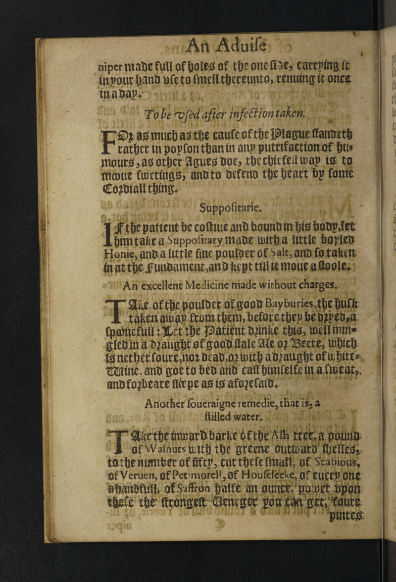 niperttiaDefullof^olfsiof caccptogit iiipour feano ijfe to ftwelltfjeccimtij, rciiumg it once inaaapv ■■ Tobe <vfed'after infiSliontaken. FS)j ajs miicfi as m caufc of t6e paguc OannctS rather in popfontfianin anj» pumfactionof 6u» tnourSjasortjer agues Hocj tPectJicfciiicap is to wcDue fmetings, anuto oefeno tfie fieact 6? fomc €o?tiiaUt()ing« Suppoiitarie. 1jft6e patient be cotttue anb bounb inbis bob?,let biintafteaSapporKaryniabe mitba little boplen Honie, aitbalittle fine pouloer of Salt, ano fo tafeen in at tbe iFunbament,anD fetpt till U. mone a Boole* An excellent Medicine made without charges. ¥Slhe of tbe POUlbet of goolr Bay buries, tbe buffi tafien aiuap ftom tbem, before tbep be p? jeo,a. fpoonefull: Itet t&e patient Pnnfie this, mellnun- gfePin a P^augbtof gooPBale afe o? 'Beete, mlwcb is netbet foute,not PeaP,o? tuitb ap^augbt of tebitCi^ tKMinc, anP goeto bep anP caflbimfclfein a ftoeat,. anpfoibeate flfepe as is afo?efatlt* Another fbueraigne remedie,ttiat is. a r Hilled water. TStfietbe inmartbarfie if tbr ttefea p^oiinb^ of Walnuts bitb tbc gceene outiD arp'lbelles>/ tatbenumbecof fiftp, cuttbefefnuill, of Scabious, of Veruen, of Pet'morelt jOf HouSreek^ Of euttP; Otte abanbftiu, of Saffron baife^ fin ouncb. pnlpet bpon; t^fe tbe* iftohgeft ©enege^