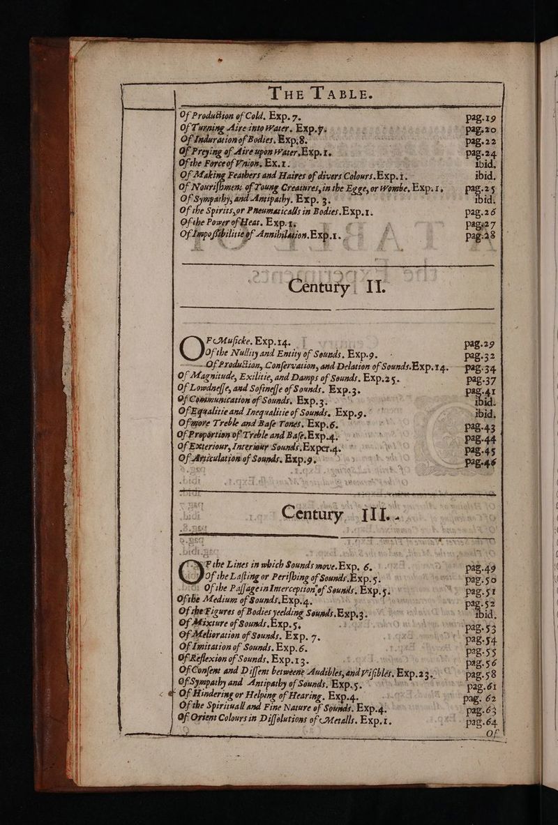Tne Tasre. Of Produttion of Cold. Exp. 7. Of Tunping Aire into Water. EXp.7: Of Indur ation of Bodies. Exp;8. Of Preying of Aire upon Water EXp.1. Ofthe ForceofVniom, Ex.t: | ; _ Of Making Feashers and Haires of divers Colowrs.Exp.i. | Of Nourifbmen: of Toung Creatres, in the Eyge, or Wombe, EXp.1, Of Sympathy, and Anipathy, Exp. 3. Of ‘ Sperits,or Prenmaticalls in Bodies. Exp.1. Of ihe Power of Heat. Exp-1; ae Of Laspoffabilirce of Annihilation. EXp.t . FPMujicke. Exp.t4. | : Of the Nullity and Entity of Souds. Exp.9. Of ProduSion, Confervation, and Delation of Sounds.Exp. 14. Of Magnitude, Exilitie, and Damps of Sounds. Exp.25. Of Lowdnelfe, and Sofinelfe of Sounds, Exp.3. Of Communication of Sounds. Bxp.z. 2° Of Equalitie and Tnequalitie of Sounds. Exp.g. Oftore Treble and Bafe Tones. Exp.6. Of Proportion of Treble and Bafe.Exp.4 |: Of Exteriour, Interiaky Sounds Exper.a.’ ° Of Articulation of Sounds. Expig. Century. IIL... VF che Lines in which Sounds move.Exp, 6.) - bidy Of the Lafting or Perifbing of Sounds Ex p.5. “i Of the Pafjageialaterception’of Sounds. Exp. 4; Ofthe Medium of Sounds.Exp. 4. Ms 4 an Of sheFigures of Bodies yeelding S ounds EXp,3. | Of Adzxture of Sounds .Exp.5, 7 Of Melior ation of Sounds. Exp. 7. Of Imitation of Sounds. Exp.6. Of Reflexion of Sounds, Exp.13. i Of Confent and Diffent betweene Audiblessand Vifiblés. EXp.23.° | Of Sympathy and Antipathy of Sounds. Expigs Ns: Of Hindering or Helping of Hearing, Exp.4. Ofthe Spiritual and Fine Nature of Sounds. Exp.4. Of Orsent Colours in Diffolutions of -ateralls. Ex p.I.