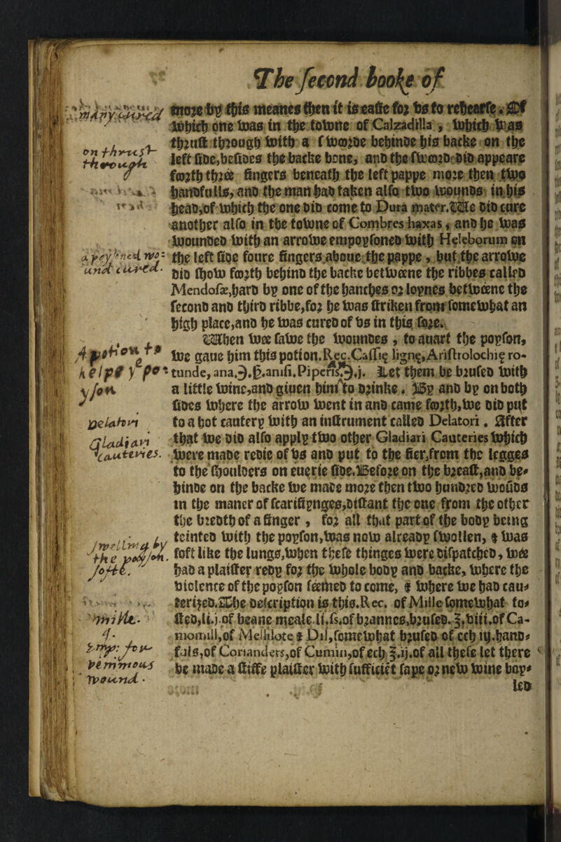 1 j Rtf. CM fhl^VC^ ,v Rlt< V -4k 'J tobicb one toas in i^e totone of Calzadilla , tobich tyas fifeuft through tottft a f toojjoe bebinoe hie backs on the left fioc,befiDce tbe backe bone, ano tbe ftooto bid appears fojtbtfeee fingers beneath the left pappe mo:e then ttoo banofulls, ano tbemanfeao taken alfo ttoo toounos in fits heao,of tobicb the one oio come to Dura mater.Mc oio cure another alfo in tbe totone of Combres haxas, ano be toae toounoeo toitb an arrotoeempopfoneo toitb Heieborum on *H*&*?'*heIeft *oim ^ngersabouetbepappe * buttbearrotoe und c u^td. bebino tbe bathe bettoeene tbe ribbes calleo Mendof^jbarb bp one of tbe banefees m lopnes bet tocenc tbe fecono ano tfitrD ribbe,fo; be toas ffriken front fometobat an r hfebplacc,ano be toascureo of bs in this fo^ev - , , OTjen toce fatoe tbe toounoes , to auart tbe popfon, *p toe gatlC bint tbio potion. Ilec,Caffi$ lign$,Arifholochif ro- h€ l pty P°* tunde, ana3.g.anifi#Pipcns!^tj. iLCt them be btufeD toitb y/° *■ 4 jjeUth^i rtUtl%W vea-utmes a little toinc,ano giuen t)imAto ojinhe * ®p ano bp on both fiots Inhere tbe arroto toent in ano came f<Djth»toe oio pqt to a hot cauterp toitb an infirument calleo Delatori. 8ffcr that toe oio alfo applp ttoo otherGladiari Cauteries tobicb tocre maoc reoie of be ano put to the fier,frcm the legges to tbe (boulDers oneueriefioe.H5efo;eon tbeb;eaft,anobe* binoe on the backe toe mats moje then ttoo bunO;eo tocuos in the maneroffcarifipnge0,otfiant the one from the other the bteotb of a finger , fo; all that part of the boop being * f teintco toitb the popfon,teas noto alreaop ftoollen, % toas j$%e like the lunge,toben tfeefe tbinges toerc oifpatcbeo, to& foftt.  bao a plaifier reop fo; the tobole boop ano backe, tobere the biclenceof tbepopfon feenteo to come, % tobere toe bao cau# ter^c0.2Cbe Defertpfton istbio^Rec. of MiUe-fometo.bat to# fieOjlt.j of beane mcaledi,fs*ofb^amtc0>b2ufeo.|?biit»ofCa- Hiomill,of Meiitlote t Dil,fometobat bjufeo of ecb itj’hano* fjto,of Coriander*,of Cumin, of ecij f.ij.of all tbefe let there fee mm a fliffe glaifier toitb fuffictct fape p; neto toine bop# m leo ■**.>' i t* ' ' > fn, i- . Plmrrto^S * tpifKrtd •