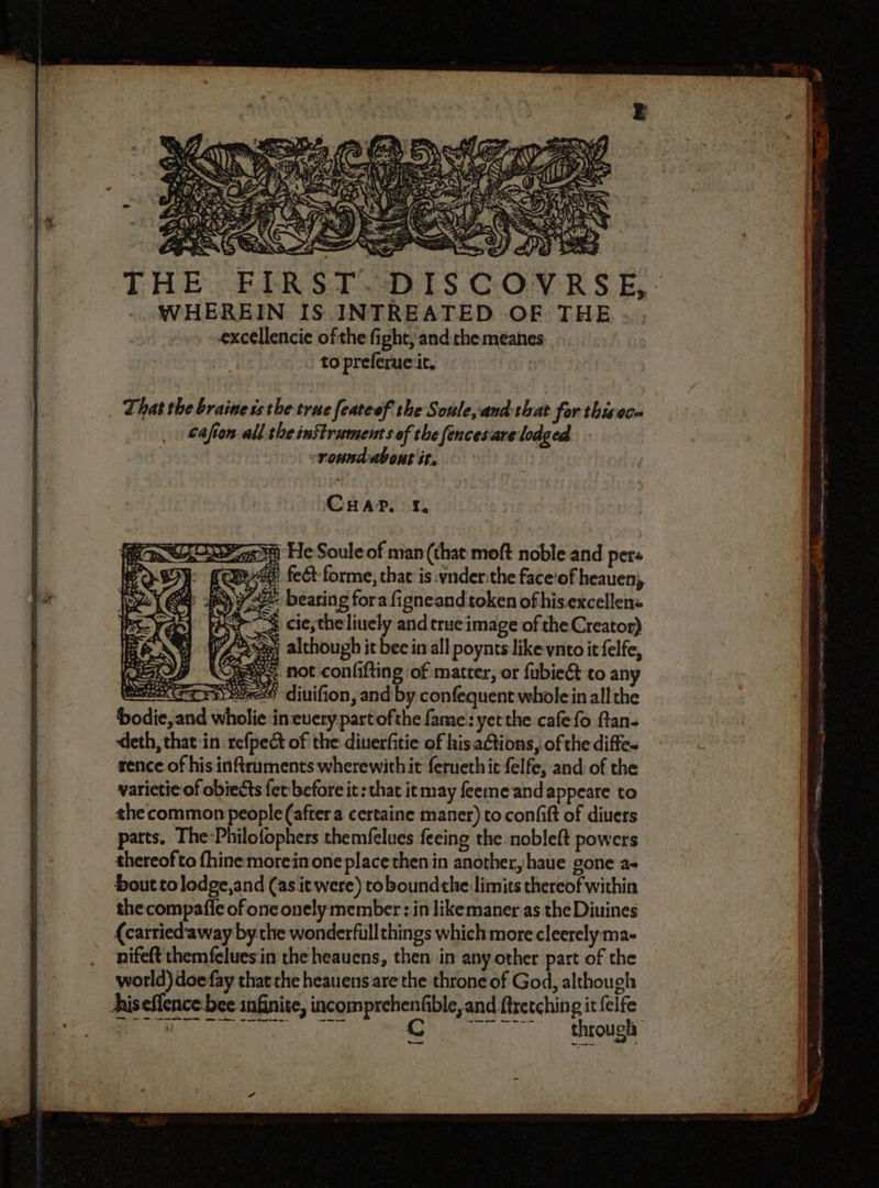 D WHEREIN IS INTREATED OF THE excellencie ofthe fight, and che meanes to preferucit. | CHar. 1, 3% He Souleof man (that moft noble and pers pag feét forme, that is :vnder:the face'of heauen, vy bearing fora figneandtokenofhisexcellen: € cie, the liuely and true image of the Creator) res alchoupbitbecin all poynts like ynto it felfe, AO) VC not confifting of matter, or fubieét to any BEN ES diuifion, and by confequent whole in all the bodie,and wholie incuerypartofthe fame: yetthe cafe fo ftan- deth, that in refpect of the diuerfitie of his actions, of the diffe. rence of his inftruments wherewithit feruethit felfe, and of the varietie of obiects fet before it: that itmay femme and appeare to the common people (after a certaine maner) to confift of divers parts. The:Philofophers themfelues feeing the:nobleft powers thereofto fhine morein one place then in another, haue gone a+ bout to lodge,and (as.it were) to boundthe limits thereof within the compafle of one onely member : in likemaner as the Diuines (carried'away by the wonderfull things which more cleerely ma- nifeft themfelues in the heauens, then in any other part of the world) doe fay thatthe heauens are the throne of God, although hiseflence bec infinite, incomprehenfible, and ftretching it felfe Bee ie Tee NeEE : ~~ through uu =———-