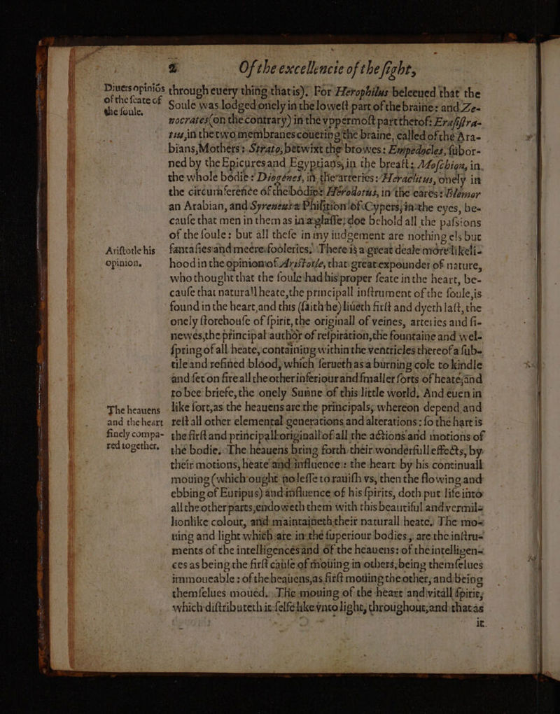 Ariftotle his opinion, The heauens and theheart red together, @ Oftheexcellencie of the fight; through every thing thatis); Por Herophilus beleeued that the wocrates(on the Contrary) in the vppermoft part therof: Era/fra- tus,in the twomembranescouering the braine, calledofthe Ara- bians,Mothets.Straro, betwixt che browes: Ewipedocles, fübor- ned by the Epicuresand Egyprians, in the breaft: Afo/zbion, in. the whole bodies Diogénes, in-thearteries Herachtus, onely in the circumference of chebodies Merodorus, in the eares: Blemor an Arabian, and Syreneuna PhifitionlofCypers/iathe eyes, be- caufe that men in them as in2glaffe;doe behold all the pafsions of the foule: but all thefe in my indgement are nothing els but fantafiesiand meerefooleries; ‘Thetei a peat deate nvorelikelic hood in the opiniomof Aristorze, char greatexpounder of nature, who thought that the foule:had his proper feate inthe heart, be- caufe chat naturall heate,the principall inftrument of the foule,is found inthe heart and this ({aithhe)liueth firft and dycth laft, the onely {torehoufe of {pirit, the originall of veines, arteries and fi- newes,the principal author of retpiration,the fountaine and wel- {pring of all heate, containing within the ventricles thereofa fub- tileand refined blood, which feructh asia burning cole to kindle and fet on fireall cheotherinferiour and fmaller forts of heate;änd to bee briefe,the onely Sunne.of thisJittle world, And éuen in like fort,as the heauens are the principals; whereon depend.and relt all other elemental generations and alterations : fo the hart is the fir and principalloriginallofall the aétions and motions of the bodie. The heauens bring forth their wonderfulleffedts, by their motions, heate and influence:: the-heart: by his continualk mouiog (which ought nolefle to rauifh vs, then the flowing and ebbing of Euripus) andiafluence of his fpirits, doth put life into allthe other parts,endoweth chem with this beautiful andvermilz lionlike colour, and maintaineththeir naturall heate. The mo: ments of the intelligencesand of the heauens: of the intelligen- ces as being the firlt canle of roüino in others; being themfelues immoueable : of theheatiens,as firft mowing theother, and: being themfelues moued, The mouing of the heare andivicall fpirie,; whichdiftribuceth is-felfelike yncolighe, throughout,and:thacas