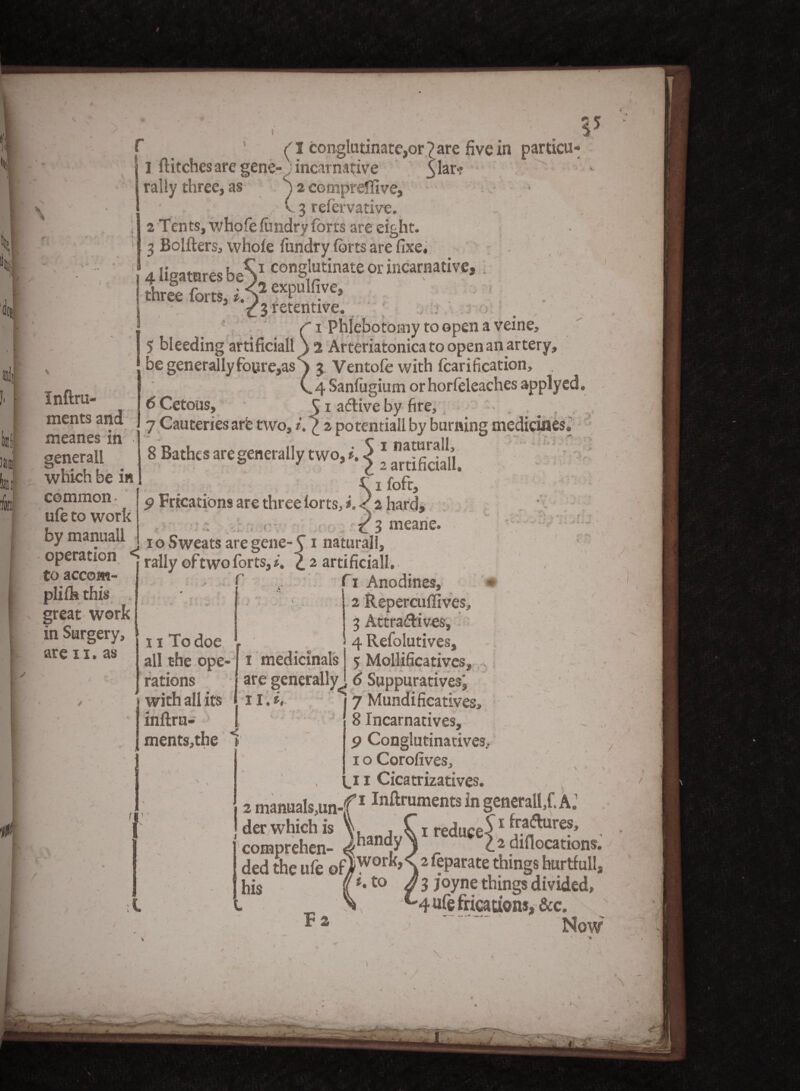 L Inftru- ments and meanes in generall which be in common ufe to work by manual! operation ^ to accom¬ pli (h this great work in Surgery, f > (I conglutinate,or?are five in particu- 1 flitches are gene- ' incarnative 3 for* rally three, as % 2 comprelfive, rj- ■ C 3 refervative. 2 Tents, whofe iundry forts are eight. 3 Bolfters, whole fundry forts are fixe. 4 ligatures beS1 conS>“tinats:or incarnative, three forts, i.Y cxl,ulfi.vc» retentive. . -> 1 Phlebotomy to open a veine, 5 bleeding artificial! \ 2 Arteriatonica to open an artery, be generally foure,as) 3 Ventofe with fcarification, 4 Sanfugium or horfeleaches applyed. 6 Cetous, 51 a&ive by fire, • . , 7 Cauteries are two, i. £ 2 potentiall by burning medicines.' 8 Bathes are generally two, i. $ * .■ , Cx fofr, 9 Frtcations are three forts, i.J 2 hard, ; . jfs meane. 1 o Sweats are gene- 1 natural!, , *• £2 rally oftwo forts, i. \ 2 artificial!. 11 To doe , all the ope- j 1 medicinals rations with all its inftru- ments,the 1 are generally i f 1 Anodines, * 2 Reperaiflives, 3 Attracflives, 4 Refolutives, 5 Mollificatives, 6 Suppurativesj 7 Mundificatives, 8 Incarnatives, p Conglutinatives, I o Corofives, II Cicatrizatives. 2 manuals,un-'f’1 ^^tuments in general!,f, A. der which is , £ 1 reduced1 h’a&uref» , ' comprehen- J<handy^ c2 diflocations. ded the ufe of/work,<\2*?Parate things hurtfull, his (*•t0 / 3 joyne things divided, % c4u(efrications, &c. *a - Now ' %