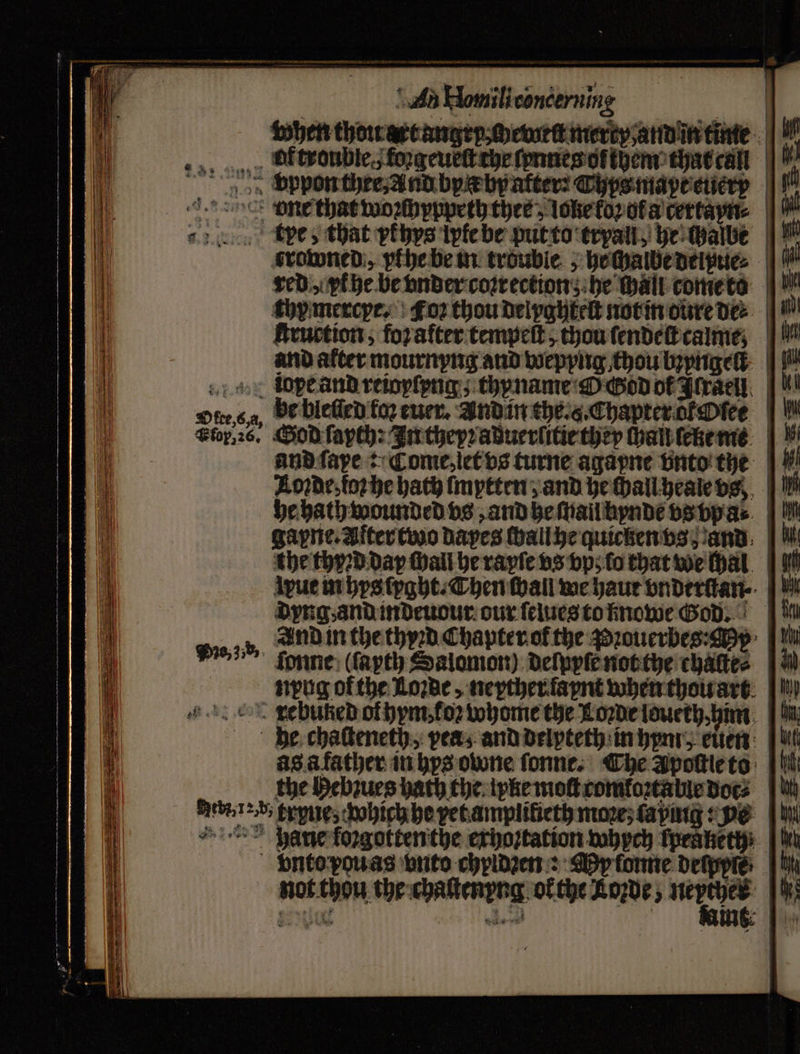 An Homili concerning when thou art angry chewelt mercy and in time „ „of trouble. foꝛgeueſt che ſpnneg of them that call bpppon thee, And by bp after: Typs mape euery vue that woꝛchyppeth thee, loke koꝛ of a certayn⸗ „ ftkhpe, that ythys lpte be put to trpall, he chalbe ſrowned, yrhe be m trouble, hechalbe delpue⸗ red yr he be vnder coꝛrection; he Wall come to thy mercye. Foꝛ thou delyghteſt not in dure de⸗ ktruction, foꝛ after tempeſt, thou ſendeſt calme and after mournyng and wepyng thou bꝛyngelt dope and reioyſyng; thyname O God of Icraen Ode 6a, He bleſſed fo euer. And in the. . Chapter o Wee Flop, 26. God layth: In theyꝛ aduerlitie they chall leke me and ſaye: Come, iet vs turne agapne vnto the bi Lorde, tor he hath imytten and he chall heale vs, | he hath wounded vs, and he mall hynde vs vpa | Ih gapne. After two daes ball he quicken vs and | Wi the thyꝛd day Mali he rayſe vs vp ſo that we hal | i lpue in hys ſyght. Then hall we haur vnderſtan - | Vs dyng, and indeuour our ſelues to knowe God. | hw ay, And in the thyꝛd Chapter of the Pꝛouerbes: e | tiv We zn ſpnne (ſayth Salomon) delppſe not the chattes | i nyng ofthe Loꝛde, neyther ſaynt when thou art |) ee rebuked of hym, ko whome the Loꝛde loueth, hum | i he chaſteneth, peas and delpteth in hym, euen pl as a father in hys owne ſonne. Che Apoſtle to | hi the Hebzues hath the lyke moſt comkoꝛtable docs | hh Aber kryue. chobich he yet amplifieth moze; taping “pe i haue forgottenthe exhoꝛtation whych fpeakett | Wi vnto pouas vnto chridzen: My lonne deſppſe | hii not thou the chaltenyng ok the Loꝛde, * 1 =&gt; = 2 — — — — — — — (Ü¾— A—œũ⸗ as 2a =— — — — — —