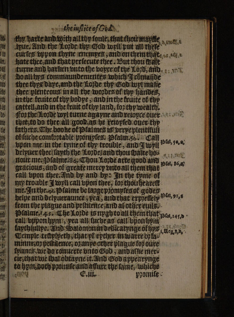 thy batteandwith all thy ſoulez that tho mine oe h dpue. And the Loꝛde thy God wyll put all there curſes vppon thyne enempes, and onthem that. at. hate thee, and that perlecute thee. But thou chat | turne and harken vnto the bopreof the Lo, and. Doalihbys commaundementes which Jcömande tee thys daye, and the Loꝛde thy God wyl maße thee plenteous in all the woꝛdes of thy handes, in the kruite ol thy bodpe; and in the fruite ol thy cattell, and in the fruit olthy land, foꝛ thy wealth. 5 Foꝛ the Loꝛde wyl turne agayne and reiopce duerr the to do thee all good as he xeiopſed ouer thy fathers. The booke ol Plalmes is berye plentikull of ſuche comkoꝛtable pꝛomyſes: Palm. 50. Call vll, 30,8 | vpon me in the tyme ok thy trouble, and Awylll delpuer theel layth the Loꝛde) and thou alte ho⸗ nour me: geſalme se. Chou Kode arte good and n 36 | Gracious; and ol greate merey vnto all them chat call vpon thee. and by and by: In the tyme ol mp trouble J wyll call vpon thee; foꝛ thoirheareſt me. In the. vr Plame be laꝛgepꝛompſes ot godes es belpe and detpucraunce pe and that erpretiely n from the plague and peltuence and Mother euils. Plalme. 14. The Loꝛde is nygh to all them that ea 14% tip: | cali vppon hym , pea all ſuche as call bponhyÿm N | faychinlipe: And Salomon m dedicatpnge okhys eg 5, = y | Wemple cebpivethsithacphepther in watre oꝛka⸗ ; | tminnejo2 pettiience; oꝛanpe other plague for dure ii | Epics. doe do conuerte vnto God, and alke mere eie; chat we wal obtayne it. And God appearynge i 16 bn pꝛomiſe and ature the lame, e i