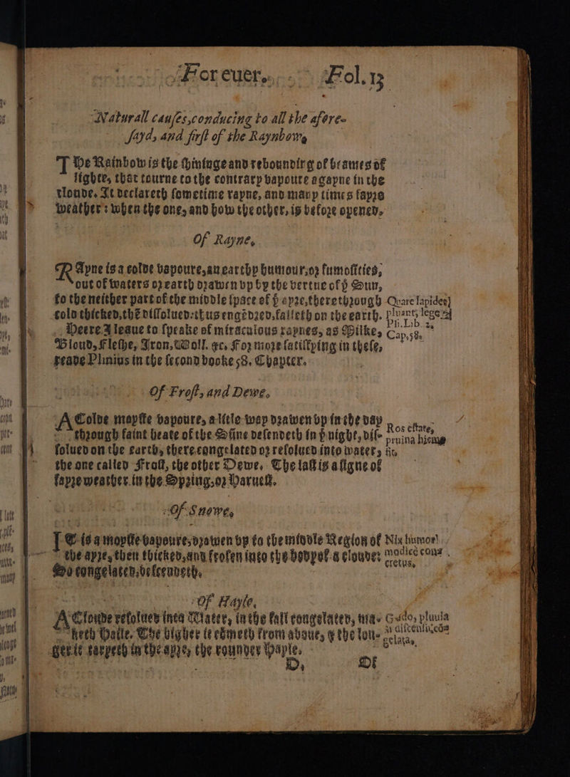 ee ek OF CUCT oe: ol. ‘Naturall canes, conducing to.all the afere- Syd, and firft of the Raynbows T De Rainbow is the hinfugeandreboundirg of brameso€ lighte, that tourne cothe contrarp bapoure acapne {nthe tloude, Tt declarech fometime rapne, and many times favre weather: when the one, and bow the other, ip before opensy. | Of Rayne, R Aone (3a colde bapoure,anearchp Gumourses fumofities, out of Waters opearth opalurn bp by the vertue ofp Sun, | fo the neither part of the mivdle {pace of f ap2e,thereth20ugb Quare lapides] colo thicked,thé piffoluen-ckus engined. falleth on the earth. Pitan Ie6e Deere. Aleaue to {peate of miracuious rapnes, as Wilke, Cap, 58.  Bioud, Flethe, Jron.UWLoll. gc. For mioretatilfpinginthele, — reabe Plinius in the {econd booke 58, Chapter. Of Froft, and Dewe, AColve mopte vapoure, alittle wap veawen bp inthe vay Ros éftates ~ thaough faint beate of the Stine vefendeth tn bnight, vil er: tera folued onthe earth, therecongelaten o2 relolucdinto Watery kr, theanecalley Srof, the other Oewe,: The lakis aftgue of _ fappewearher.in the Sp2ing,og Daruch. | | @. ig 4 moplte bavouresdawen by ta themfionle Region of Nis, hasoe, po the apze, then thicked,ann frofen ingo the boDpel-a glouves Me Sec So congelacen.delecunesh. : eran) OF Hayle, A-Cloude vefolues tnta Water, inthe fall cangelaten, tia. G ues YR &gt; heth Datle, The biyher te eémerh fromabvaue, gtbe lots, Serle tarpech intheane, ehe bounber pate. Dr Suk q