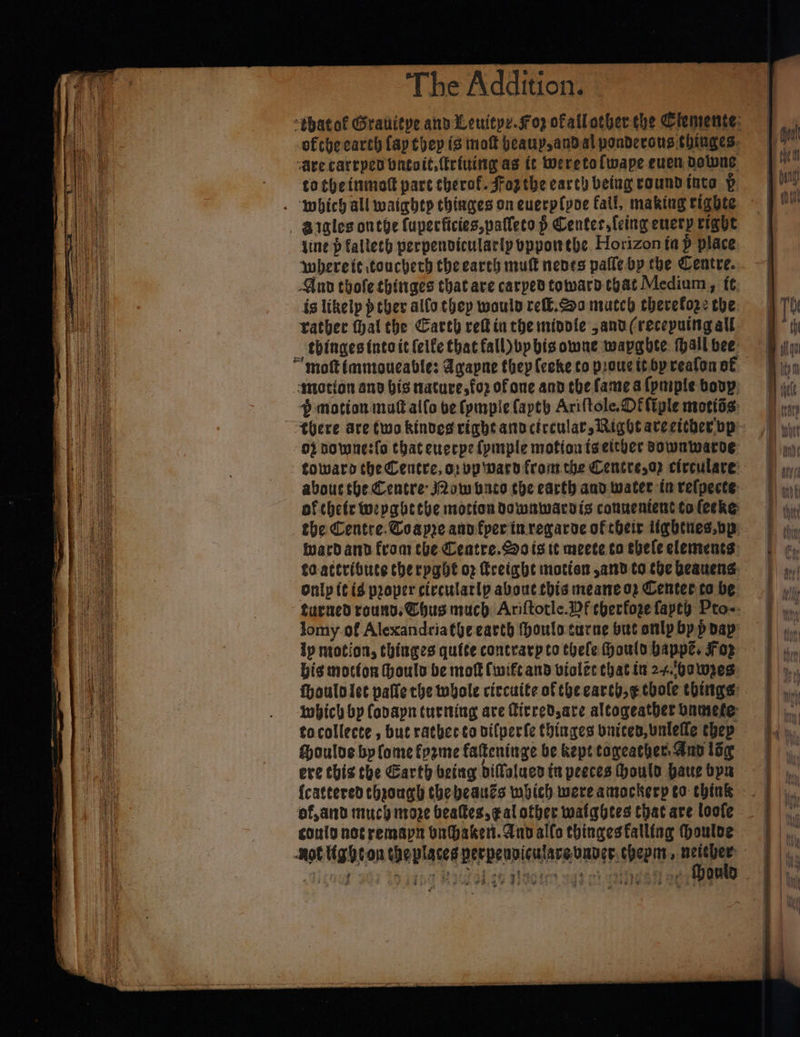 ofthe carch (ap hep (3 mol beaup,andal ponderous thinges. ‘ave carepen batoit,friuing as ft Weretofwape euen Downe totheinmott part therof. Fogthe earch) betug round inta p Yine p fallech perpendicularly oppomthe. Horizon tap place nv thofe chitiges that are carped toward chat Medium, f¢ is likelp pcber alfo chep woul ref.a mutch therefore che rather hal the Carch vein the mindie and (receputngall thingestntoit(eife that fall) bp his owne wapabte hall bee 0} nownesfo that euecpe {pimple motion isettver Bownwarde toward the Centre, o:vp ward fromthe Centre,o? circulare abouc the Centre J2ow buco the earth and water to relpects of thefc wepg atthe motion vownwardis connentent tolecke the Centre. Coappe annfperinregarue of heir tightnes.bp ward and fram the Ceatre. ots tt meete to shele elements: only (tid paper circularlp abouc chis meane or Center to be lomy of Alexandriathe earth thoulo curne but only bpp dap Ip motion, thinges quite contrarpto thele Houle bappe, Foz big motfon Houls be mofk Cwift and violet that in 24b0 wes Moulolet pale rhe whole ciccuite of the carth,¢ thole things: Which by Covapn curiting are firred,are altogeather bamele tocollecte , but rathec-ta bifperfe thinges bnices, vnlelfe thep Houlve bylome fogme fateninge be kept toncather Anv lig ere this the Earth being dilalucd te peeces ould paue byn of, and much moze bealtes, gal other watgbees Chat are loote conta notremapn bnhaken. anv allo thingesfalling houlve Mot lighton theplaces perpen 7 4 F 3 4 2 s of z | oe