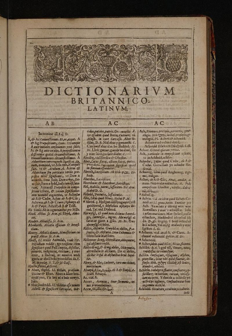 [] l | uw. E e. x 49 df APSEMÜ x A. 4P S DICTIONARIVM | hw À, € Ac Coniuntfionts. Etac atque, À €^ Ag Prepofitiones, Cum. Utrumque À aate initiales confopanies poat folets Ac &amp; Ag ante vocales. A prepofiionen diffcventie evatià circumflectisus, A. coxiuatlieuem n0. civ cun flcétipsus. A Aduerbim imicrrogands figaificat Ap, puts uumquid, ot À £a ncb,N umquis fuit. vt ér J Arabum .A.. Aitem efi Aduebium feu particula uerbis pre- pofita. vibil fggmifuans , vt Duw a wnacth, Dens fecit; Duwa Wyr, De- us [cit;Barn a fydd,Iudiciumee[£ futa- vum, Aiteme[E Prepofitio im coinpo- fitione vfitata, &amp;» vocum [ieaifiatio- nem wounibil augmenta, ut Achadw ab A &amp;» Cadw; Achar ab A er Cár ; Achrwm ab À c Crwm5Aphwys ab A d Pwys; Athriftab À c Trift. Ab Simiz.Ab im cognamimibus pro Máb. Abad, Abbas. [ic Arm. pl. Ebyd, Abba- tes, Abadces. Abbati[fa. [ic Arm. Abadacth. Abiatia officium C benefi- clum. ; Abatty. Ab[atia daseus, Mena[Lerimm cui pratfl Abbas. [ic 41m. Aball, L/. reddit Anundab, vzde Tw. Difiidium reddit ; €go exi[limo idem fignificare quod Pall Imopia, defeéius, peuuria, indigentia, exitium 5 y mac trais, a lladrad, ac anudon wedi gyrtu ar abal] bob cynneddfau da.R. M. igprolog. N. T€» fit Galf. AballujPerire, defzcere. * Aban, rhyfel. Ll. Belly, prelium. Diciur &amp; Eban, Abana ddaw bcu- nydd ynn, i'n bro ni à bair newyn. Ialo. JUNE S... * Abar;budreddi. L/. videtur e(fe nomtn Adieti. dr fignificare Corruptus, viar- LATINVM T^ AC Mim[b. im voce. Carcaffe. , Abar fe- ddau, D. B. Nid abar y gwnaeth: c. Cynbwyfabar 3n bo. lludded, 4. 8r. Lleer gwawr;gwedy bo abar, lle y mae fainbyn (ant diafar; C. Abcdiw, vid.Ebediw € Obediw. ber. Cajus fios, o[liusm fig, portus. Venedeotic Toryeniem fonfscat quód $n fluvium e iem Jn € Aberth,Saeriféium. Ab Heb. i3, Ze- bacb. m Aberthu, $ acrificare, Aberthawr &amp; Aberthwr,Sacrifícus, Abl, Habilis, petens; (v[ficieus. Sic Ayps; Habet'D.G. / Abledd, Potentia, fuffiientia. Abo, 14dry; quod Abwy. Habet P .M. * Abred. 2. Hyd pan ddillyngwys Crift geichiwed, o ddyfnfais aphwys db- rcd, Tal. vid. Diabred. Abrwyfgl, eff qued nunc dicig;us Amrof- go, Iuatmen(us , ingens, Abrwylgl ei faranar gann a glàs. M. Br, Gwr abrwy(gl ci faint. | Abícn, 4bfentia. Gwydd ac ab(én, Pe. feutia, &amp; Ab(tutia. 16m Calumpia e Obtrectatio in abfeates, Abfennwr drwg, Obtreéfator,obloquator, qui abfeates rodit. yt dibé Abfen drwg,c^ drwg abfen, Ob/eq«utio, ebtreclatio in abfeptes, Da. ei abfen, dicitur is dui de ab[entibus benà. loqui tur. Abwy, c Abo, Cadauer, caro morticiua; mortichuum. Abwyd, Efcasfsasdp. to À c Bwyd.4« licabi Amwyd, Ac. Vid. Á. aus pronunciationis. A X Lcmg ini aum te ams tp ea v e a Achauytadochaid.dydd,. ..— | Achwr. Genealogiarum peritus. vt ix Acbludi, achies. Cadw. Gorwiliais yn achadw fun. Achanog, idewquod Anghenog, Egc- ms, indisns. Achar, ab À &amp; Càr, Amat, aeiabit, a- mani. Nebtraba nidechar. N. «4e comepafrtum Diachar ^ 6dzofiui; &amp;elun- Tol, dy spud; * Achcf: q. * Achea. v4. aa idem quad Echen.Ce- ncdl at L[. geaus,natio. Snortur. pro Ach. Yaachen y ddraig wen wiw Rownllaes y mae 'r arian]liw. lolo i arfau mortimcr. Mae fyclied af ci hachen, Meddwdod ith orfod itl eu. D.,G. i'r góg. | brofi vchod ei bii achen, Ym myíg arafweh y mac fgrifen. L.G. — — * Achenu. id. 2245 A. &amp;* Canu. A- chena£ vchenaid gyfrin. M. Br. X Achenedd. V Achesydep quód Afon, Réogs, flum. Achlán;..J. e. i gyd oll, Ores, tétus, vituby[us. in owviuerfus, | Achles. Cerfugiuzi, refugium , efylu, | fenfo: Heb. e Chalab eft lenire, blaadiri, adularz. Achleíu. 12dulgere,fouere; confoutvey;e- facillares wmtutelam, curam, vel a]y- luni aeciptie. Y thaida a achlefir yn arffedyr eglwys, Confouebnatui boni mgrtmsie eccle(ie, Achludd. Occltare occultum joccultatio. c — Au — à E n ret AL ae ine o Race Pv. ' - da v^. 2 i qe ei ao. ^R
