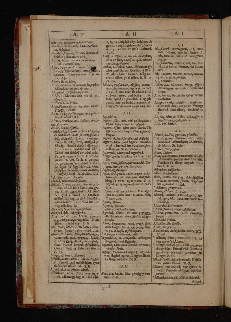 VIT Afiachyd, Iz2(alubritssimualetudo. D AE H tie, fe(Luitas. | Afieithus,Facctus; fz[luuss blagdus. e ficithus pob mammaeth f. | Aflafar, Infazt, utis. Gr» ades Aflcdnais, 1rzméde (ius. — Aflwydd, r«fortwaiwm, imnprofpett calamitas. Mawr yw toreth. yr À- fiwydd t Aflwyddiant, Ldez. Alwyddiannus,Infortuatus, i profper. Aflwyddiannus pob diriaid 1. Afluniaidd ,Deforgusjnforuus. * Afn. q. Llathrai lafa vch afn.vch afwyn. C. | * Afncued, vi. INcuo. | Afon, F [uzten, fluvius. Sic Attis Cbald. nmpb, rpoatb. | Afrad.Va(fatio Ab[uptio, prodigatias. | Afrad pob afraid T. Afradu, c» Afradloni, Vaflare abligu- rire, dzcoquert. Afraid, gon aece[Jarius. c Awrddwl, vi.an [it cempofitum à - dw. €» fignificct Erwm; hwyrdrwm, imufgrell, llefg, (wrth, anefsud. pl. Efrddyl. Handid cfrddyl aflawen 1. Cant cant ei moliant mal Elifri, Canaf can feddwl awrddwl erdd;. Ea. ap Gwalcb. i ferch.Diafrddwl ynaer. H. Fotl. Ys da ei gampau heb gwympaw 'n. afrddwl, Ys iawn ddifygwl o'i fygy:hiaw. LI. Gwr. Diaírddwl teddwl fyddwn ym mon, .. Pe'nfyw y dclaii dalcbolion, D,£. * Afrdwyth, vid. Twyth. i | Afrifcd, Iununerus, infitus. 1 | i H | i | | Ni bydd offciriad mi bendicco j a&amp;llad. Tal. Legitur Arflad.Milo |. arllad mal enr!fiw.D.N.Acaur Iled |. nogarlladen. XN. | Aftwydd, Improfperas, unpedius. | Afrwydd- deb, trsprofperitas. | Aftys,ab À c Brys. Leatts , &amp;aareu- | dots lenigradus,tardigradws. INofia| | ddwfr na fydd afrys, D.G. Afu, Iecir, bepar. Arm. Àvu. Dicitur | crAu. Crafu yr afuyroecdd.. I.Br. ! Afwch, c Awch, Acies, atuttensuigor, vibementia. Heb.gir13N, Ibchab, àradie rd, Abacb, Aeies.glady. | A H |... K, K, O derfyddi ddyn Jadd merch gaeth, a bed affeithiwr iddo, wy a dàl yr affeithiwr no'r. Jofrudd. | dod ab À ex Ban, excelfus, q. d. mimmé excelfus, profundus. Affleu, Gremium, vlue. Alii velut effe idtm quod Gafacl. O afflcu fy llaw. T. M.irhaiarn twymn, Düg an- rhaith vffern vn ci afflcu. E. G. de Cbrifta. ! Affwys, Profundum, abyfjus, precipi- tiups, Scribendum, Aphwys, ab. A c Pwys. Y man nibo lle iddim i 10i |. iddo fyned ir gwaeled. Deg pla pocni, cyn eu boddi, ymimor A- phwys, Tal.de deceui plagis eg ypti. AG | Ag. vid. A. | Agalen, (us, totis. vid.an Hogalen à verbo Hogi, acuere. Gr. a?koyn agarw, amddylrwys ; Terra afpera c | irrigua. Agatíydd, Ferté, fortaffe. vid. Adfydd. redd o berfedd berw, cylla eigion, celLagerw. G. Gr. i'r donn. Agatoedd, Idem quod Agatfydd. gen, Heb. r1 3r Cbageuab. Agennog, Ripefu. Ager, c Agerdd. e£fius, vapor, exbaz Niwl, l |. Y mac gne. | Agori, Afprrire. | Agored, Apertus, | Agoriawdr nef,cali aperto. | Agoriad ,. (Janis, vr Heb. yavymy, Mapbteach ir Arab. Mafts, ab .apc- riendas, - | Agos, Propinquut, 1uxtà, propé, feré. | rin. Hogos. Gr. d553; eyug. Heb. | ULN aga[b, appropmtquare. ,, Agro, efl Gorthrwm, tritt: Agweddi, K, H. Dor, dotis. Alii legunt Gwar Hywcel hoewal cyfeddwch, Gwt yn lladd. a llafn dau afwch. P. oM. Afwyn, c Awyn, Habenas à; Affaith, Reatus alieni. criam. Anglic? 4cce[Jary.O lladd anifail ddyn, dyna alanas heb affaith iddi.. K. H. Affcithiol, Reus critiizis alieni... Affeithiwr , idem. / Affcithwyr yw. y ) djn. rhàia addawo gyflog er llad A ngwiddl vid.Egweddis Agwrdd, Idem quad Gwrdd. Strenuus, robu[Lussforias. Agwyr, Idemqued: GWyte/Drwg cad- wad dygiad agwyr, Llügorn llonn aillwgcynllwyr. D,G. AH Aha, Ha; bá; be; Aha. gwraigly bwa bach. D.G. 3 id | | cfe, nu ille. Ai8,q. d. Aii&amp;, ftant, ficcime. ] Ais Coniunt£io, : Aut, ve vel, feu, [roe. | € ai hwnai hwanw, dut bie aut | ME. j Aig dgtmsen, examen, turmas caterua, | grex, proprié pi/cium. | A M, Secundus. Ailun,: Aguzepósymoy, Vagos effigies, | i50n cuin(que rei« q. d. Ail-Jun. $id. | Eilun. [ Aillt, erza, fervus. Sic tati tenentes | dicebantur. l Ainge, awydd.. 4juiditas, defiderium. | Gwnaeth drwy aingc;ar ffrainge | ffrawdd annheilwng. ExMad «p | Rba. i Ais, fing. Afen, d» Eifen. Coffa, a[Jercu- lus, afsiculusya[fula, lata, €« Aith. vid, Eithin. SEGUE TEC s - AL | Alaeth, Luéus, gexiitus, 'planótus.. | Alaf, golud.. Divitie, opes. - «liis idem quod Amheuthyn:pl, Alafoedd, €» Alafau. Gr. vAfoc | Alarch, Olsr, cyguus. Alaw, Lilium. Albrys,ei: Albras, Ewa croes, Bal/fiz, Treiddio à'r. albrys trwyddo c eil. brath. D. G. ^ Alcan,Orichaltui. ATWIaut, ACCFVETI, focios TEGUpLactu- lum ignis, R.D. Kimhi. * Alfarcb, gwayw. L1. ciddigor, Iddi hen almari mor. Iolo i'r Llong. Al]marchu, Defromdlave;  Alwar, pwrs. Zi. Lalch. | cramena, ] E Ur Aliw. vid. Haliw. All Alius, Gr: dox. Allan, Ex, extra. d Alla claw, Méx, futite; Chald. n5, | Mad. 3 i * Allmor, Paüt ; Convall/it, vid. an | binc nomen loci Alayor.  Allasyr, vid. anl. ab Allmor, ex ab Alle Myr. Pentáf vdd: Gruffudd ] graid eryr prydiin, priodawr. yn | allmyr: P. 7M. | dan £fynwes elldydd. 'D,G, Buellé. Compater, [afceptor, Lufericus | paren. d