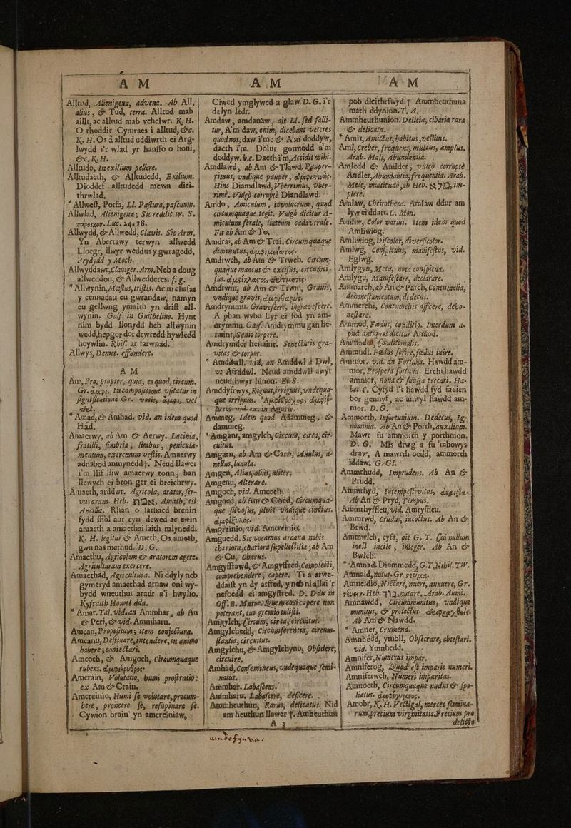 Alltd, JAlienigena, advena. 4b. All, |. alius, e Tud, terra, Alltud. mab | aillt, ac allcud mab vchelwr. K; H. O rhoddic Cymraes i alltud, cc. K; H. Os à alltad oddiwrth ei Arg- lwydd i'r wlad yr hanffo o honi, Allcido, In exilium pellere. iR Alludaeth, c» Alltudedd, Exiliwm. | |. thrwlad, | * Allweft, Porfa, Ll. Paffura, pafcuntm. ' qpe OV - Luc. 34« 18. | Allwydd, &amp; Allwedd, Clavis. Sic Arm. | Llocgr, llwyr. weddus y gwragedd, | Prydydd y Mocb. | | | ailweddou, c? Allwedderes, f. g. * Allwynin,Majfius, triflis. Kc mi chafas cu gellwng ymaich yn drift all. wynin. Galf. iz Guitbelise. Hynt wedd,hepgor dor dcwredd hywledd hoywlin. &amp;bif- ar farwnad. Ct, K, H. Dioddef .alltudedd mewn . dici- | | Allwlad, 4lienigena s Sic reddit iw. S. Yn Abcertawy terwyn — allwedd Allwyddawr,Clauiger. Arm,Ncba doug y cennadau cu gwrandaw, namyn nim bydd. lJlonydd heb allwynin Allwys, Demet- effandere. AM Am, Pro; propter, quia, eaduod; circum. Gr. «Q1. 1n coiipofitione vfitatür in Jepificatione Gr«- v06isy-&amp;jugi, ucl &amp;JEÀ. * Amad, c Amhiad. vid. an idem quod Had, Amaerwy, ab Àm C Aerwy. Latina, fratills, fisabiia y. limbus , . pericula- uentum, €x tretum veftis. Amaerwy adn3bod anmyneddT. Neudllawer jm Hif liw. amaerwy tonn ; ban Amaeth, arddwr.. A2ricolay arator, (ér- Anülla. Rhan. o larhaed brenin fydd í&amp;ol aur .cym .dewed ac ewin K. H. legitur &amp; Acetb, Os ámetb, gwn nas methud.. D, G, Amaethu, Agricolam e aratorcm agere. p ericulturam exercere. Amaethad, Agricultira. IN1 ddyly neb gymeryd amaethad arnaw oni wy- bydd wneuthur aradr a'i. hwylio, Kyfrath Howel dda. |  Amar. Tal, vid. an Ammhar, ab Au | - e Peri, d vid. Ammharu. Amcan, Prope(itum s stein. conjettura, | Amcanu, Deffzsare, iitendere, in anno | — babere sconiecfari,  Amcoch, &amp;* Amgoch, Cireumquaque |. rubeus. d'taprépuDpos* | Amcrain, Polutatio, bum pro[iratio: 1 ex Am c? Crain, | Amcreinio, Hunt fé volutare, procum- | bere, pvoictre | fé. vefüpimare. ft. |: Cywion brain' yn amcreiniáw, * € G—D[OBR E ro DER OED d mind e tio ciao S Se neat A.M Ciwcd ymglywed a glaw. D. G. i'x dzlyn ledr. Amdaw , amdanaw;; ait: LI. féd fall;- tur, A ny daw, enim, dicebant veteres quodnos, daw i'm: c» A'a doddyw, | daeth im, Dolur gommodd am | doddyw. b.e. Dacth i'm, 4lcéidit ribi. Amdlawd, ab Am c Tlawd, Dgsper- | yimus, vadigue pauper , 'jxqumme- | Hinc Diamdlàwd, V berrimus, vber- | vim, Vulgo corrupte Disndlawd. Amdo, Amiculum , inolucrüm , quad circumquaque tegit. Vulgà dicitur 4- miculum ferale, ligttum: cadavtrate. Fit ab Am c Yo, Amdrai, «b Am C» Trai, Circumquaque dimisutius, eq, 2 JA T £s Amdrwch, ab. Am c^ Erweh. Cirtwm- quaque mancus o exeifus, ereume- fis. dpa glnAasos, afe rwr Amdrwmnt 4b Am c Trwmni, vhdique gravis, disi ae Ut. Amdrymmu. Gravefceré, ingravcftere. À phan wybu Lyr c3 fod. yn átti- àrymma. G4/ff. Anidryrirmu gan lic- haintj$ 249 Hrpt?t.  | Amdrymder henaint. Sezecta'is gra- vitas o terpur. * Amdáwll. vid; ait Adiddw] à Dwl, vt Afddwl. INei amddwll awyt neud.Iiwyr hinón; Ek S. Amddyfrwys, Riguus,irrizis ,vudequa- que irriputs. ^ NobCpo oss dieto puTOscurel. 0x15 Agatrw. Ammeg, Idtin Quod Adammieg ; c dammeg. *-Amganr, angylcb, Circum, circa, cir: CUit bs, Amgarb,.ab Am e» Carn; J4alps, d- | melius, lunula. Amges, ALiasyalias, álitev; Amgenu, 4lterare. Amgocb, vid. Amcoth: ^ «7 Amgacd; ab Am e» Coed, Cireumqua- que -fitvofus, [ioi Vadique cimekus. eePEUAde o o Cnm Amgreinio; 1d. Bomcréinio: Amguedd. Sic vocamus arcana nobis ebariora cbariora fupelletHilia ;ab Am e» Cu; Obarus. o o ona uS ets Amgyfftawd, &amp;* Amgyfred, complet? i, comprebendere , capere; Ti a atwc- ddaift yn dy arffed,:y neb nii allai 'r nefocdd. ei:amgyffred. D; D'du 2n Off. B. Marie; S'ueni tuf capere tton poterant, tuo gremiotulifli, 00 Ampgyleh; (ireuri; eivéay eiftMitus: ^. | Amgylchedd, Cireunfeveritias circhm- flantia, circuitus. G'áiiis, ||. eircuire, : E. Amhad, covfemineus, oidequaque femi- pati. oc à; Asemhar. Labafcens. Agímliaru. Labafzeve, déficeye. —— iani mu AM pob dieitlirfwyd. t Aamheuthuna | ^ marti ddyrión. T. 4, ) Ammbheuthuiüion. Delicie, cibaria rara | € delicata. | | * Amis, dpiiid ut; babitus ,uelins. Aml,Creber, frequens, multus, amplus, Arab. Mali, Abumdagtia. | Aniledd &amp;» Anildet, vilgà corrupte Aadler, 4bgudantia, frequentia. Arab. Mele, multitudo ab Heb. S3 513, im- plére. Amlaw; Cbeirolbees; AmlIaw ddur am lgw eiddarc. L. Mon. | A qiliw, Color varius. 1tem idem quod A. (EY wh. quc gf dex TUE Ailiwiog. Amliwiog, Difcolor, diver[icolor. f * PLE NW rs pce rai d Amlwe, Confpimus, mamfftus, vid. | Eglwg. Amlyau, aanfeftave, declavart. M Adirarch, ab An e parch, Coztiuaelia, | debone[Lamegtum, di decus. | Amimerchi, Ceaturseliis afficere, debo- | neftare. | Ammod, Fedus, cosilitio. Iuterdum a- | p34 autiq«es dicitur Amtod. Ammodai, Conditionalis, Arütmodi, Fadus firirey fidus sumt..— | Amtior, vid. dà Fs/luia. Hawdd am- mor, Profpefa fortu3a. Ecchihawdd amtnior, Boa c7 faufta frtcart. Ha- bét.€. Cyfyd Yt liawdd fyd fadien bor gennyf, ac anwyl hawdd am- | mor. D. G; , Ammortb, Isfortuniumi. - Dedecut, Ig» | náwnna. Ab An e Port, auxiluam. | Mawr fu attioith y. porchiiion, | D. G. Mis drwg a fu 'mhowys | drav, A mawrch ocdd, ammorth | iddàw, G. G1. Ammrhudd, Imprudess 4b. Àn ev | Prudd. | Airhyd, - Totempe[tvitas, auaaciats | Ab Àn e Pryd, Tempus, | Artnrhyffleu; vid. Amryftleu. Ammrwd, Crudus, iacocius. Ab. Àn cr | Brwd. à; | Ammwlch, cyfà; at G. T. (ui nullum | inel indle , ineger....4b. An. e | - Bwlcli. | * -Aanad. Diemmedd, G.T, Nibil. TW. | Atnaid, Zatuss Gr. yeU Lut | Amneidio, WicZare, nueve, aumutre, Gr. | véyety. Heb. t3 3.2utave, Arab. Amis | Amnawdd, Circwpmnunitus, vndique | wuutiitus ir proteflus«. esestegry Dese: | - Ab Ami d* Nawdd. | * Amner, Cruseta.. ! Axanbiedd, yrbil, Obfecrare, ebteflari. Y vid. Ymnhedd. j j Amnifer, Nuntius inpar, Amniferog, Ouod eft impayis vameri. Amniferwch, N'ueeri hparitas. Amnoeth, Circumquaque uudus &amp; (po- | liatus. d QUA Voce m.