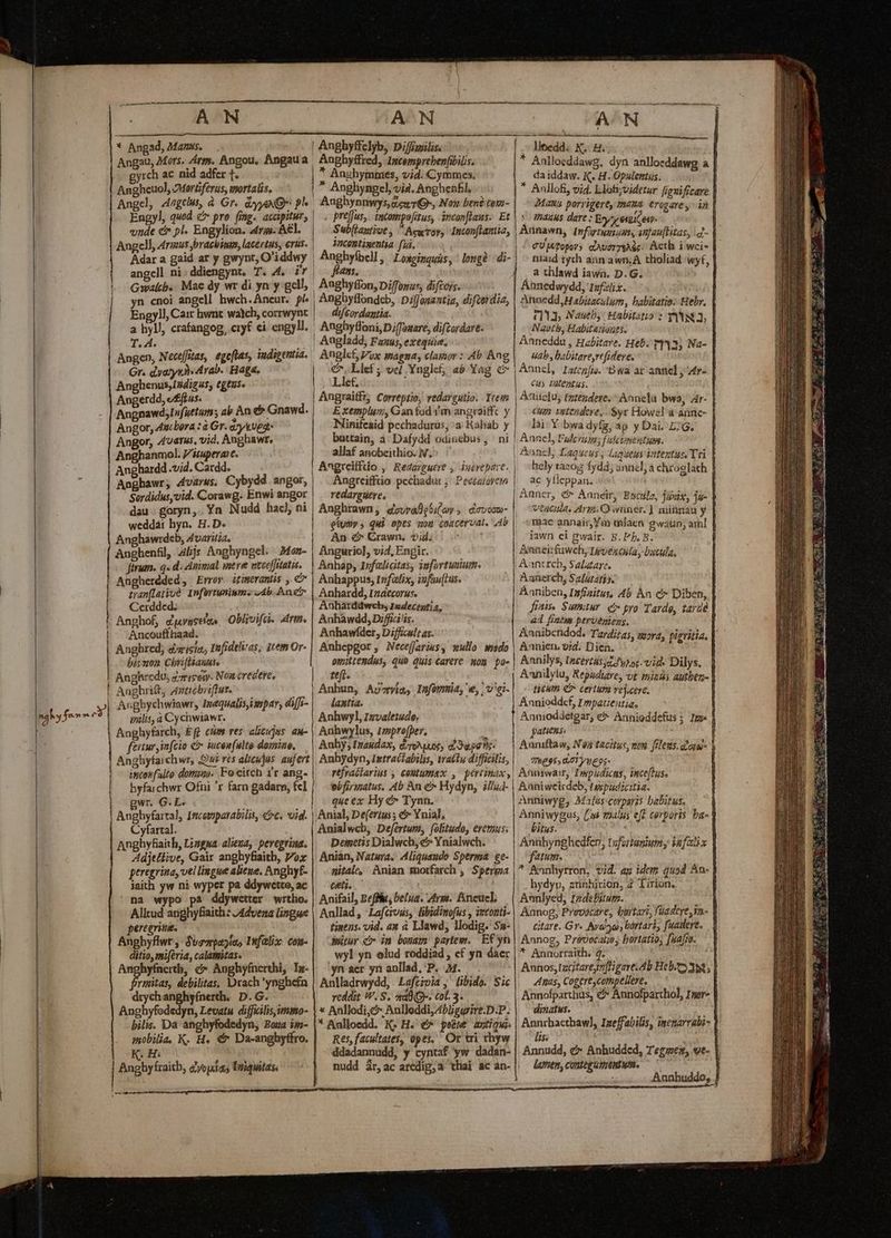 * Angad, Manus. | Anghyffelyb, Diffizxilis. yrch ac nid adfer 1. Angheuol, 2Mortiferus, mortalis. Angel, 4zgelus, à Gr. &amp;yyexQ^ ph Engyl, quod &amp; pro (ing. acapitur, vnde c pl. Engylion. «rs. A€l. Angell, 4rmus brachium, lacertus, erus. Adar a gaid ar y gwynt, O'iddwy angell ni; ddiengynt, T. 4. i Gwalb. Mae dy wr di yn y geli, yn cnoi angell hwch.Ancur. pl. Engyll, Cair hwnt walch, corrwynt a hy, crafangog, cry£ ci. engyll. T. 4. Angen, Necefitas, ege[tas, indigentia. Gr. dyatykd Arab. Haga, vé Meo egens. Angerdd, e£[rus. Angnawd,Infuttum; ab Àn &amp; Gnawd. Angor, Aut bora : à Gr. ay Veg Angor, 4varus, vid. Anghawr. Anghanmol. 'itupera:t. Anghardd .vid. Cardd. Anghawr, 4varws, Cybydd angor, Serdidus,vid. Corawg. Enwi angor dau goryn,. Yn Nudd had) ni weddat hyn. H.D. Anghawrdcb, Avaritia. Anghenfil, 4ljjs Anghyngel. . Mon- firum. q« d. Animal inere ntcefJrtatis. Angherdded, Errov itimerantis , C» tranflativà: Infortwninmz 44b. Aut Cerdded. : ibo Anphof, dgvusew, Oblivifci. trm. |^ Ancouflhaad. P bismon Chriflaunte Anghredu, &amp;ris ey. Noa credere, Aaghri&amp;, Avtrcbriftus. Angbychwiawr, Inequalis,anpar, diffi- inilis, à Cychwiawr. ] | Anghymnies, vid. Cymmes. * Anghyngel, via. Anghen£l, Anghynnwys,euTG-, Non ben? tom- prefus, tscompofitus, inconflaus. Et Sub(lantivt ,  Acwroy, ncontigentia [yi. Anghyfoell, Lowoimquus, longb di- fies, i , Anghyffon, Diffomus, difcojs. difcordantia. | Augladd, Faunus, exequi, €. Llef ; vc/ Ynglef, a6 Yag c , Llef. ; Angraitfr; Correptio, redargutio. rein Exemplum, Gan fad i'm angraifft y Minifeaid pechadurus, a: Kahab y buttain, a: Dafydd odinebus, ni. allaf anobeithio. N..^ | Angreilfiio ,' Redarguére , increpare. | Angreifftio pechadur ;' Pectaiórem redarguere. Anghrawn, ovráfeSitoy ; c.p 0d2- eiua , qui apes uou coactrvat. Ab Au &amp; Crawn, tid. Angurio], vid, Engir. Anhap, Infelicitas; iufortwuium. Anhappus, tefalix, imfau[tus. | Anhardd, Izaecorus. Anharddwcb; 2zdereptia; Anhawdd, Diffiri is. Anhawfder, Difficult as. omittendus, que duis carere won po- tef. f Auhun, Ap7yia, Informid, e, vei. lantia. Anhwyl, Izvaletudo, fertur imfcio C iucen(ulto domino, | ancosfalto dom. Fo itch i'r ang- |. byfarchwr Ofni 'r farn gadarn, fc] | gwr. G.L. bbfirmatus. Ab An €» Hydyn, illu4- que ex Hy e» Tynn. Cyfarral. Anghytaith, Lingua. aliepay, peregrina. Adjtttive, Gair anghy&amp;aith, Vox peregrina, vel lingue aliene, Anghyf- jaith yw ni wyper pa ddywcetto, ac ' na wypo pà ddywetter wrtho. Alltud anghyfiaith: J4dvena lingue pereeriue. Anghyflwt ,' Suspe, Infelix: con- ditio, mi[eria, calamitas. Anghyfnerth, e» Aoghyínerthi, I- pes debilitas, Drach 'ynghefn drych anghyfnerth.. D. G. Anghyfoededyn, Levatu diffuilis,ummo- Anialwcb, Defertum, folitudo, eres; Demetis Dialwch, e Ynialwch. Anian, Natura, Aliquaudo Sperma ee- nitale, Anian morfarch , Sperga Cei. Anifail, Beffl, belua. rji. Nnetiel, Anllad, Lafcrvus, libidinofus , ivconti- tintas. vid. ax à Llawd, llodig. 55- tur d im bonam partew. Efyn wyl yn elud roddiad , cf yn daer yn acr yn anllad, P. M. — Anlladrwydd, Laftvja, libido. Sic reddit W. S. aa0(B-. coL. 3. * Anllodi;c Anlleddi,4bligrire.D.P. mobilia, K, H. &amp;* Da-anghyffro. K. H: Angby fraitb, dyopías Taiquitas. —— |. libedd. K.- H.; * Anlloeddawg,. dyn anlloeddawg à | da iddaw. K. H. Opslentus. * Anllofi, vid. Lloti;videtur figuificare Maus porrigere, mana erogare y in | S BARAHS dare: Ey ete ep. ] CUIATopoys dAUZTTEARe: Acth i weis |. niaid tych ann awn,A tholiad wyf, | , à thlawd iawn. D.G. (Up Naueb, Habitatio : 38, | Naothb, Habitatiouts. Anneddu , Habitare. Heb. 1335 Na- | &amp;ab, babitare,refideve. ) |Anncl, Luegfu. Bwa ar annel , 4r- | CH5 PMEDERuS. ' Aniclu, Iztezdere; Aonela bwa, ztr- | Gun. vetengdere,. Syr Howcl a anne- | lài: Y. bwa dyfg, 4p y Dai. L:G. Annel, Fulcrum; falcinentum. Anncd, Laqueus , Lagueus itentus, Tri | holy tacog fydd; annelj à chioglath ac ylleppan. | Aaner, &amp;&amp; Aaneir, Ercile, jüxix, j«- | VEnCHÓA, Art. O vwüner. ] minnau y | » reae annair, Yi mlaen gwaun; arl | jawn c! pwair. B. b. B. i AnneifawchyTioéxoila, bscula, Aantrch, Salataye. Aanerch, Salutatis. ) Aaniben, Infiaitus, 4b Àn c Diben, | Just. Sumitur c» pyo Tarde, tardé | «4 fiatm peroeniegs, Aanibendod. Tardiras, syora, pigritia, | Annien, vid. Dien. Annilys, Uncertát c fy» oc vid. Dilys. Annilyiu, Repudiare, ot misu autben- | tiéuth C certura vej,cere. | Annioddcf, Impatientia, | Annioddetgar, e&amp; Annieddefus ; Ime j patiens: ; Anniftaw, Nou tacitus, nen [fens. ew | nest» &amp;7Tywepi- Aaniweirdeb, tazpudzcitia. Anniwyg, Malescorparis babitus. Anniwygus, La faalus eff corporis ba- Litus. , | Anühynghedfen, tufortunium, £afalix | fatum. | * Annhyrron, v4. ag idem quad An- ] . hydyp, annhirion, 7 Tirion. Awmlyed, 12dePium. ! Aanog, Prooocare, tortarz, füadere,n- V citare. Gr« Aya, bártarh, fuadere. Annog, Prevecat;s; bortatios [uajo. * Annormaith. 2... Annos, tzcitareynfligart Ab Hebreo 3s; 1 Amas, Cogertcothpellere, | Annolparthas, &amp;* Annofparthol, Iner- | dinatus. 2 Annrhacthaw], Ineffabilis, inenarrabi- | lis. 2 Annudd, c» Anhudded, Tegmez, «e- 1 larem, cunteg umenturi. ' m Aunhuddo, 1 enl