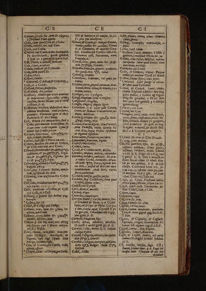 G'E CE C-I po c epo Sie Arf Gr. yieamor; à (erafnte. Ponti-oppido. Ceirs, Idem quod Cvrs, pl- 2 Cors, -Ceifio, ceilpwl, e»c. vid. Cáis. Ceith, vid. Carth. Ceithiw, via.Caeth. Habet En.Gwalcb. Pa drychiolaeth ; gacth geithiw, Y fydd yn y gwinwydd gwiw.D,G. Cel, (elatis, occultatiby fecretutr. Celu, Celare, occultare. Celsin, Cadaver. pl. Cclánedd. Cele; 1dem quod C61. Celcu, celare. Celewr, Celator. * Celeurad, Celyfrad,&amp; Celyifedd ;. Cel&amp;, pl. à Colofa. Celfydd, Peritas; drtificiofus. Celtyddyd, trs, peritia. Ccffaint, Arbores que etate drvutrunt c induruerunt y ligna cotfa, atída ; cau ina, durata. Ncidio ym o r del cclifaint. D. G. CtHfeinió, Advefieves obdurefcere mo:e arbaruta vetuftavam. - Ltem arefacere, ébduraré, Fiyrinodd gync ej chcl- ffeiniaw.R, G.. r.i fidog.- Celi, Nómen Dei otsipotentis, frtd à Celu, quà4 e/msisa: occuliifivus fit. Deum aemo vidit'vngqiam. COueft norsen. ejus ft to[li. pro 30* C-l lach, Silicermui.. Htb 399, Ct- lacb, Setium, (ene tf us. Cel(tan, ZxéA-: 1 Pets 2« 19.w'S. Cclwrn, Malétra. Sit din. pl. Celyrn, c» Celyrnau. vid. as 4 Ceulo. Celwydd,Mendacium.C es 311121125 cadibutba, €^ e 3M X1» Raguu- iba, C T-- H2 Ty Riglubas pro 17.€ Ab Dig. Celeyddeg Bind lald pe 32 b Rag ala. pré 14. deni Celyps fnr. Celynett Ru[cus, a4Wifo- lias, agrifulium- Src Arm. Celynntg, 4m. Hu[fetum.Nos Celyn- nog. Cell, cela, retonditarium. Heb. qe 15, Cele, Carcer, asus. c Zak. | Celi; coryltork.- A Collen, pl. CyM. vil Celli, pl. à Cell. Celliwig, y gelwid Ilys Arthur yng- hernyw. * Cdlaig,Tor. LL Cellatt, &amp; Cellgi. eid. Gdiei. Cellwair, Iocu:, Infus« Gr» x&amp;Uy, Ca- uillatio,ludibriuta. Cellwair, 10eat3, ludete: Gr» Mud. Camillo, fub no, lude. Ccmyw. 4. .D4 big oedd, mor debyg yw, Duyyn cam i: drwyn cémyw. . Jb F.i Wakl. ^ ^ Cenn, Ceorium, cutis pellis, Hincceto- pofita dU 5^ marchgcn; e» Yígenn, vade Angl Shine. Itm Porrigo, (quaimes crufta. Ke * Cen, c^ Cennis,pró Canfu, vidit, ajpexit, apii. —.— | * Cenyw, Idem : vi Deryw,pre Darf. Mil ar benbryn a'i cchyw. G.G/. I'r plas yim moelyrch. Cenaw; d Cenau,d 4stiquis Cana, - Catalus pullus. Gr. xovidyop, Cenau ci. pl. Cenawón, &amp;* ünperité Ccna- .fon, Cernafon hil Cyaíya béns;K. Cenawon cyll, Nucamesta, orum; , Panisula; e, Cenedl, Gens; venus, natio. Gf. y 9- Heb. 19315, Toledab. Ccicdlb, Geserare, gignere, pyoducere. Gr- yoyáy-Heb. 393, Ialad. Cenediig, Gestilis. Ceücdlawr, Gegerater, el gentis pa- troupe, Cenfáint;Grex yproprié porcorum. Arab. Garab, Grex. Gend, b Gtadia,E x- ercitus,cobors, Cenfigen, vi4. Cynfigen. Cengl, Cinzuluie. Avin. Cenplen. Cengliadur, Girgillus, Cengli, Cisgere, cingulo ligare Ceniddum. D.p. [aeri quéd Cenais, Ctcini, ad formam Gwnaethum, ae- Á ime daethum. enllyi, Grándo. Gr. sad(a. Hebr. AJ Sbeltg, Nix; e j Cenüad, Nuncius lepatus, Arp Cannad, v Mte. Periniffio, venia, lentia. Sic rit. Gag ,lingua Pevfica- Apoftelum € legatum fieaificat. Cenniatcau, Perpittereyconctdere, Cennadwri, Ninrcints, legatio. Cephyl, via. Cefryl. Cetbyd, Currus, : Cerdd, c Cerddwriaetb; Mufica. Cerddor; Muftgus, melicus, citharedus. Cerdded; Incedere, ambulave. Sic 41. 4 radice Cerdd, Ambulabity.mbula. 4b Hebr. 1*1, Darac, legendo lize- ras Heb; a fuiltrá ad dektram more octidentalium. JAyab. Geri, Currit, fluxityaimbulagit. Ccráded; tace[fus, eveffus, curfus, Cerddin, fing. Cerddinen; Igem quod Criafo], Qpulus arbor. Cofyll;víd. Cyrtyll. Cern, 2412, €, maxilla: Cernod, 4t/apa. Cerncdio, Colapbizart. Cerrynt. Habet (7. Cur [us tneatus, iter. 4 Cerdded &amp; Hynt, 4.4: Ccrdd- hynt, vel à Gyrr e» Hync. Cerrynt - y dur, Corfus aque, Gyrraift fi yn vn geriynt, Gwacddan árfi ci gap. pán gynt. D. G... Certwyn, Plauftrum, bisa. O ncrth y weddi gerth pu, D. G. Cerwyn; Cadas, dureta. K. H. Delium. Antiqui Hydria. Cerydd, Ca[figatia,cotrtptios mer epatio. Heb. 9149 3, Gearab. Ceryddu, Cafligare, increpare eovriptre, Htbr. y 3, Ganar. Chald. iY15; Radbab. Cefüil, /4ila Cefavr. (erbis, fDorta. Céltog , Veatyofus, veptriculofus, ó- t befus. e | Céttor, Sub[]. 1dem. * Ceibetn. Fyrst, demónes, Ll bIih y gethern, I waelawd vffern, Gr. yn. Cethin, color fufcus, infufcus, aqhilus. fübaquilus.- 1dem quod Dwnü. Item Horrendus, terribilis. Cethlydd, vid. Cathl. Cethr, c Céthren, - Claous.: Peyaw céthri,yn nwylaw Chri(t a^i draed. C:thru, Clanos ffctre, clauis figere.  Cethrawl, Oed pangit vi ci«vus. |- Et idein quod. Cythrawl Ccuba], c7 Ccubol. Limter, civiba, Jcapha. Tripheth a dditlyr dyn rhag Bwys dadleu, 1. Llcfain ag vrgoru rbag Ju gorwlad, a llif ya afon heb pont cb geubal, 3 a chlcfyd gorweiddiog. Ceubie», vid. Cau. Ceudod, vid. Cau. *- Cengant, ctii), certas. Ayab. Flacac, ctrtus firmas, confirmatus verus. Ha ifa, certitudo. Addaw y? geugant, Certà promittere. Ar perh yn áng- hcugant, re retrtá, c» dubiA. Galf- | lib. 6. c. 8. Ccugant yw angau 1. C I Ci coeg, (amis marimus. — Cib, Vas queddazz, tefla.. Gr. JC (g-, capfisla xiAdlpuoy » Genüus poculi; xiCegrov, Serum, arcula, Cibaid o fcdd. K. K. Doga cib o frag nei o gwryt. K- K. Gwr a wnaeth yn llawn llenwi cibau O ddwfr daie- rin yn win gwinau. D.B. deIefu Chrifto. Cibynnaid verzit ;PS,. fa- tuti. Luce x3- Vfildtur enis pro gene- re meufare. Hyd. y gib, Ad oras vfque, Cibyn wy; Tejía evi. | Cibyn, pl... Cibau. Frucfuum tunica, .pericazpium.fólliculus, feliqua-Luc-1 5. Cid1l, cidyll coch. Tézzwicilus. Re- ius Cudyll, Dim. à Cüd. Cidwm, Lupus. Cidy mmes, Lupa. C6, Caro. Sic Arm, Cigog, Cárno[ui. Sic Ar. Cigtran, Corvai, carax. Cigcai, Carnem . mendicans , queritafis. Crwydr arnai gigcai geg-hirD.G. ?'r fran. A Cigwen, C Cigwain;y e Cigfach. Fufcinula, crtagra, *creacentrum. :A'i .. bawen fcll cigwen cog. G.I.LL.F, Cigydd, Lanius . JArm.Ciguer, Cigyddio, Laziare, dilaniare. Cigle, c&amp;- Ciplef, Audire, vel petixs Audinit.Ni chiglef feithlef. fychlud. LI.G. Cil, Seceffus, vece(fus, fuga. CM y lleuad, Seuium lume. q.d. Fuga vel recefus Line; Vfurpatur €$ pro. loco vecedendi