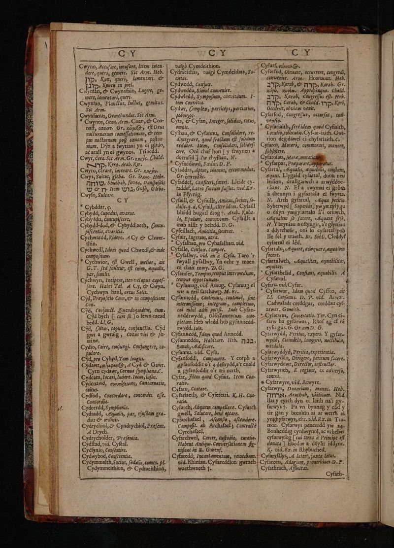 sect NEG G Y Cwyno, Accufare, incufare, liter: ptea- dere, queri, gemere. SiC Avin. Heb. Yo. Km, queri, lamentari, C [1Y» Kenen in piel. Cw yntàn, d Cwynofain, Lagere, : gt» uere, lameatari, queri. ; Cwynfan, Plantias, luilus, gemitus. Sic Ari. Cwyrfanus, Geziebundus. Sic Arm. * Cwynos, Cea. Arn. Coan; &amp;» Coa- naff, cezare. Gr. xps. €f Dens mocturmarum come[Jationum, e tem. pus zocfuynuma poft exmam , pojica- nium, D'jn a fwyttaai yn ci girio, acarall ynei gwynos. Triocdd. Cwyr, Cera. Sic Arm. Gr. y nec. CUald- f-9p Kera. Arab. Kir, Cwyro, Ccrare, lacerare. Gr« negas Cwys, Sultus, gleba. Gr. onxoc. Hebr. nm Sbacbab, fovea, tran(pefitis (D C rnm N35, Gu[b, Gltba- Cwyfo, Sulgate. Rees. 6. d * Cybddar, 4. Cybydd; Cupidas, avarus. Cybyddu, Cóncupi(cerc, Cybydd-dod, € Cybyddiaetb, ((eucw- pifientia, auaritia. Cychwardd, Ridere. 4 Cy e» Chwer- thin. . eompo[rtura- par, fnilis. [ere Habet Tal. 4 Cy, c Cwyn. | Cychwyn haul, ortus Solis. - 1'Cyd, Prepefitio Cuz, er im compofitione Cont. I Coujuntl. Cuaudoquidém, | cum. C34 bych [; cum fis ] o fewn caead bedd- LI, G, Cyd, (onus, cepula, conjauciio. Cyd | gwra gwraig; Coius viri C fü- pulare. Cd, pro Cyhyd, Tam loagus. : Cydawr,avjqov OG, 4 Cyd &amp; Gawr. Cyrn cydawr, Coruua fysghona.C. Cydcam, Iocari, ludere. 1ocus, lufus. Cydcnawd,; guoxupiu ete, Cancaraatio, COitus. Cydfod, Comcordare , conterdes | effe. Concordia. Cydcerdd, S ymplenia. Cydradd, vfau«lis, par, 6j | dus € ordizis. | Cydrychiol, &amp;- Cyndrychiol, Prefeus. A Drycb. Cydrycholder, ?re(tmia. Cydttad, vid. Cyfal. Cydfynio, Ce»featire. Cydwybod, Coau[(cientia. Cydymmaith,Socius, (odalis, comes, pl. Cydymmceithion, &amp;* Cydmceithion, | mie. iw E Cotre, con]unot. Conmgere, có- Í Í QYX valgü. Cymdeithion. cietas. Cydwedd, Coayux. Cydweddu, Simul convenire. Cydwledd, Syspofum; comviviutis. 1- teu Conmvtua. Cydwr, (ouplex, partictpsy partiarins, TOX06- | Cyfa, € Cyfan, Iategtr, folidus, totus, 01Hjis. Cyíhau,&amp;* Cyfannu, Confólidare, ye- diptegrare, quod fra&amp;ium «ft. (o&amp;dum reddere. diem, | Confolidari, [otidef- cere, Oni chaf hon [ y frwynen a dorrafid ].iw chyfhau, JN; *-Cyfaddawd, Fadus, D, P. Cytaddas, Mptus, idoneus, arcotim0dus, Gr. mmis. faddef, Latro fatum fa[Jus. vid. Ex. | m ymnig. Cyfaill, e Cyfaillt, Amicus, focius; fo- blaidd bugail diog 1. 4rab« Kuba- la, Epulym, £ouvivium. Cyfaillt a mab aillt y beirdd. D. G- | Cyfeillach, Aicitia, fecittas. Cyfair, Iagergis, aca. *- Cyfalhan, pre Cyhafalhau. vid. Cyfalle, Conjzz. Compar. |-* Cyfallwy. vid. az à 'Cyfa. Taro r fwyall gyfallwy, Yn echr y maen ni chair mwy. 2. G. Cyfamfer, Tempus tempus inteymtdium, . tettpus oppor uatuiite * Cyfamug, vid. Amug. Cyfamug ei wir a fnil farchawg- M. B;. Cyfannedd, Contixuus, . cogtinue, fme intermil[omes integrum ,. completus, cui Wibil addi potefl. Imde Cyfan- neddrwydd,, Oblcitamentua. com- pletum. Heb wledd heb gyfannedd- rwydd, 16/». Cyfannedd, fdem qued Annedd. Cyfanneddu,  Habztare.. Heb. P133, . Banab, /£dificare. Cyfannu. vid. Cyfa. Cyfanfoddi, Cempazere. Y corph a gyfanfoddir o' 4 defnydd,a'r cnaid a. gyfanfoddir o'r. tri ncrtb, Cyfar, 7degi quod. Cyfait, 11cm. Coa- vatio. Cyfaru, Coarare, Cyfariaetb, d Cyferetri, K. H. Caa- ratib. Cyfarch; 4dduesn campeliare. Cyfaxch gwell, Salutare, beue eptare. Cyfarchafael , : 4fcenfio. , afzendere. Coimpofit. ab. Archafael s. Contract é Cyrchafac]. Cyfarchwel, Carcer, &amp;uffodia, curatio. Habeat. Antiqui. Cemver[ationem. fig- nificat ià B. Genf. Cyfarcdd; 1ncastamentum, veiatdium. vid. Rhiniau. Cyfareddion: gwrach waethwaeth 1. I ter e t E 14 convene. Arm«. Hoatuout. Heb. 3p» Karab, e nmm» Karab. Gv. 1 X099, Xupém. : Apprapimque. Cbald. 3p» Karab, Congrefjus eft». Heb. P0» Carab, €» Cbald. Mw Keri, Occirrit obviam vettit. Cyfarfod ,' Cozgre]uy, octurfns ,..'«oi- ventio. * .Cyfariaitb, ftre idem quod Cyfiaith, Locutie,collocutio.C yf-ar-iaith. Gwi- rion dcg dawcl ci .chyfariaich, C; Cyfaros, Morari,: commorari, wianere, fbfifiere. * Cyfarpar, Preparare, apparatus. equus. Llygaid cyfartal, duon neu leiion, deallgarwch a. arwyddoc- | cáant,. N. à chennyn i. gyfartalu ei. fwytza, j N. Arch gyfarcal, equa petitio. | Syberwyd | Superbia] yw ym.zytygu i o. ddyn -ymgy'artalu á'i orüwch, | ufqualem fe facere, e£quare. fefe, i N.. Y bryniau aoftyngir, a'r glyniau | a ddyrche&amp;r, oni fo cyfartal!pob | lle. fcl. y traeth. Br, Sibli, Cleddyf | cyfartal ei léd, Cyfartalu, v/£quare, adequare,equalenm facere... Cyfartálwch, e£qualitas, equalilitas, equit4s.  Cyfarthelid , Conflans, equabilis, A4 Cyfartal. Cyfaru. vid, Cyfar. * Cyfarwar , Idem quod. Cyffon, ait Li. Cen[wums. D. P. vid. Avwar. Cadwaladr cerddgar, cerddau cyf- arwar, Gywilcb. * Cyferwas, (enctrtatio- TtF. Cyn ci- farw bu gyfarwas , Rhof ag cf ni ryfu gas. G. Gr.amD. G. | Cytarwydd, Peritus, expers. Y gyfar- wydd, Cicusdela, lasmpyris, mocliluca, nitedula. Cyfatwyddyd, Peritia, experientia. Cyfarwyddo, Dirigere, peritum facere. Y Cyfarwyddwr, Díreifur, izfüruéfor. — 5 Cyfarwyncb, E regiegé, ex aduerfa, | Contrà. i x Cyfarwyre, vid. Arwyre. ; Cyfarwys, Dozariwm, ukWs. En $ UTI, cruchab, viaticum. Nid f llaz y eytch dyn ci laith na': gy-. ; farwys]. Pa vn bynnádg y cád y |. tir gan y brenhin ai ar werth ai ynghytarwys, ec. vid. Ex. ia. 'Tra- mor. Cyfarwys péncerdd yw a4. 3 Bonheddig cynhwynol, ac vchelwr. ! cyfarwyfog [ cui terra. à. Principe ejt | donata ], Ebcdiw a. ddylir iddynx. | K. vid, £x.i» Rhybuched, i Cyfaryfilys, [4 Latere, juxta latus, 1 Cytarcen, ddarosm, proaerbimt.D. P. | -|