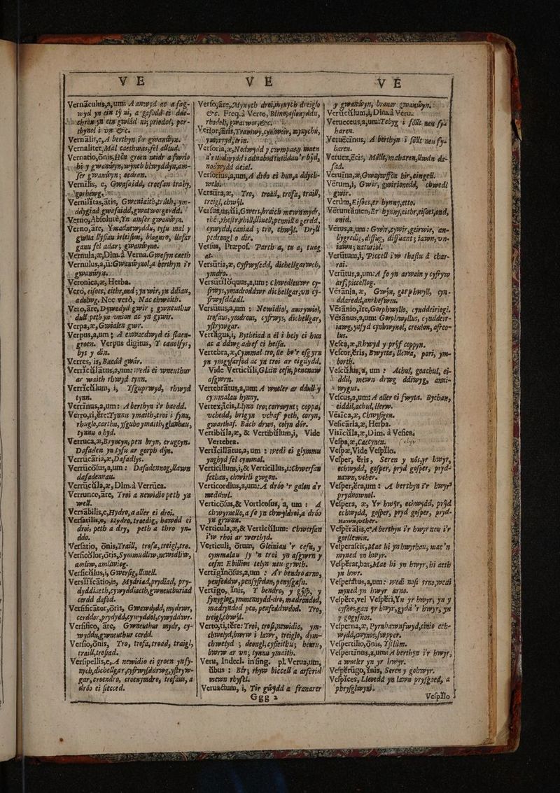 — —À— B | Vernáculus,a um: 4 erwyd ac a fae- | Verfoj&amp;re,2Myuycb droiysynycb deeigho yd yn 6i t) «i, a-gafidd: e dae- €t. Freq.à Verto, Blinejafloxy du, osgpráse 4m. eim ewwlád uis priedoly per- | — rbadelj, pysatworseze) 3. ibynol i og iii Vetlorjürisyrvamwy,cyiiteiv; asyuychi, Vernalis,c,A bertbyn iiv gyvasdbys, / yslyrrydyivig. o6 oet | Vernaliter; 2421 caebwasfel aliud | Verforia,e,N edywydd y cwmpasy aen !| Vernatio,onis;H62 eroe neidr a fivrio dnaboi y gnalioyn, bvauar. yassoyim Verücülumji Diti Véru; | |] Verueceus;a,um:Tebyg i: fáft. sejg fis baren. b Veiuecinus, d lertbys i ft noy fy: baren. Veriexecis; Mlfeyizbaren ln: da- | a -— ddygiad gwzfaidd,gwatworgevdd. / gita llyfiau-irleifimn, blaguro, Hafav gauu fel adars gxwaimiyuo. groen.. Verpus digitus, Y. cagolfys, bys y dia. | ar waitb rbywyd tyau. tyun. vbugloycartbu, y(gubo yynaitb, elagbau , tyuuu o byd. Defaden. yn zyfu ar gorpb djs. Verrucaria2;Dafadlys. dafadenrau. »vcli. Versabilis,eHydro,a aller ei dro;. droi, petb a dzy, petb a tbro. yn» ddo. anm, amliog. Verficilusii, Giwerfig, llineHl. Versificatios, M4gdriad prydiad, pry- dyddizetb,cywwyddiaetb,g weneutburiad cerdd dafüd. Verfificator,oris, Gwawdydd, mydrwr, Versüra;z, -. Troy. tyoadl, trofay trailly treigl, cbwil. | Verfus;üs;tiiGwers,braich meynimyde, rEéssrbefivgbillyliaellpennill à perd, cyuydd, caniad 5 t0, tbwbl. Dryl pedresgl o dir, eus at eb Versutiaye, Cyffhwyfedd, dicbellearweb,. Vorsutusa;um :: Newidiol, awrywiol, trofaus, yrdrous, cyfrwys, dicbellgar,. yfixywgar. Vertágus,i, Bytbeiad.a él 3-bely ei bun 'ac a ddwg adef ei heifa. PF Vertebra,g,Cysmal. tro, lle. Dor efg yrm » yragsfarfod ac yu tro? av eigilydd, Vide VerticillijGlair teft; benuma afpyorn. : Vertebratus,a,ure 44 vvaeler ay. ddully cyninalau byany. Y Vertexjicis,Llyng tyo; carrovynt s coppaj vwcbeddy brigyn | vchaf? peth, coryn, gwartbaf. Bacb drws, colya dér. Vertibülajz, &amp; Vertibilumji, Vide Vertebra. Verücillatus3; um : ;pedi ei. glypsmu 3ugbyd fel cysunal. Verticillum,i,&amp; Verticillus,i;Choverfzu fetbau, cbwirli gyogou. Verticordius,ajum:; 4 dróo *r galen ar meddwl. ' Verticofus,&amp; Vorticofus; a, um :.— 4 chrwyrello,a fe yu cbyjldvoi,a dróo yu grs. Verticula,2,&amp; Vertictilum:: Cboverfen yo rboi ar vetrtbyd. Verticuli, orum, Gleiziag r cefu, y cymmalau [y *m troi. ya a(gyrn y cefn: Ebillien telyn meu-griwtb. Vertiginofüs,aum : Zr bemdroarmo, peufeddw, pen[yfrdan, penyfgafu. Vertigo, inis, Y bexdro, y g$f, y fyeyglog, ymnenaydd-dre, madrondod, imadryedod pes, peufeddwwdod. — Tro, bYorm ar wn; tyata ymaitb. Veru, Indecl. ining; pl. Veruajtitn, gir. Verüm,Ejfoes,e» bynupetto: 1 Vetuntüoien, Er byzny,eitbr,rifüesyond, onid. Verus;a;um : Gyir c ymir ,etinwin, atte | lyercdio diffuz, diffuant ; iawnyvn- lawn uaturibl. ^ ^ , Verutumji, Piccell 99 tbaftu 4. cbar- | rai. VésaniojireGerpbwylib, cyuddeiriog?, | Vesanus,ayum: Gerpbsoyllus, cyuddei- | iawg, yofyd cyulysynel, creulon, afreo- / LAPS Vefca,z,Rwjd y prif coppyn. Vcfcor Eris, Bovyttas lleva, pori ym- .? bortb. Veícitlusjd, um * | depu, goatbul, ei- * ddil mea drwg ddivyg, ami k Wygus . r i Veícus,a,ums A aller ej fwyta. Bycbap, - eiddilachul,lleyw. Veficaria,z, Herba. Visicüla,z,Dim. à Vefica, Velpa,z,Caccyaem. — ( «lyv? Velpae, Vide Vefptlo. | Vefper, éris,. Serep y wósyr bwyt, echivydd, gofper, pryd goper; pryd- NAwus ueber. Vefper,&amp;raum 2 24 bertbya ir. byyr! | prydüownel. — | Vefpera, 2, Yr bwin echvoydd, prj4 | ecbyrydd, gofpet, pryd gofper, pryd- | Xawissutbere ; | Vefpéralis,e*4A bertbyn ir bwyr teu iv | gorllewis, Vetperaícit, 24a bi yo byryrbau; wae^n iyued 4n bybyr. VefpÉrat,bat;Mae bi yu bywyr, bi aet ys bwr. Vefpetdtus,a,umz sedi soft grupo vedi myaed.yn bwyr árao. Vefpére,vel Vefpéri Yu 5r bypyr; yn y cy fuosgan qr D»yr,syd ^r bwyr, ow Velpertints,ajutat 4 bertbyz i'r bw)r; | a wnseler yn yr byrsr. we r»byfu. Verua&amp;um, i, Tir gwydd a frazarer' Ggg823^ . — - Velpices, Lleoedd ya lasa pryfgoed, a | bryfolsoyui. icc agb ton Wccabig gwangynwyneb blwyddyayem- | — nodwydd deial. | fad. i. 3 | fer gwamiryn s eedrau, ^»^.* || Verforiusjajum 4 dróo ei bunys ddysb- | Verarnay2, Gwaywffün. bir,eingeHl. | d Vernilis, e, Govafaidd, croefam éraby, |— wel v soc Verumji, Gwir, gviriopedd, | cbywedl | el [LL yndro. .. | Verütus,a,um:4 fo 9n arvain y cyfry | | ] Veronica, Herba. |o] Versunlóquus;s;um: cbywedleuver cy- | ^ avfspiccellog. jh | Vero, eifoes, eitbr,ond ; ya vir, ym ddiau, |. (rys,ymadroddyer dicbellgaryon cy-| Vesania, 2, Gowju, getpbyryll cyn- | n A dobvz. Nec vertó, Nac ebwaitb. fhwy[ddadl. —.. |- s ddareddyamrbefsors ^ - l cerddor,prydydd,cywyddolycywyddwr. | | treiglcbwjl. y gogyfuos. Verfifico, are, Gwwneuthur. sydr, cy» | Vertoscistére: Troi, tyoflyutmidio, yim- | Vcfperna,ze, Pyrgbayenfyeyd,cinie etbe | wyddu,gypneutbur cerdd. ebwelyd,bwrve i lapv, treigle, dyn- |. veyddyavynos, [epper. | * Verfio,0nis, Tro, trofa,tread, traigl; | — cbwetyd 5. deouglcyfeeitbu; henry, | Vefpertilio, Qnis, Y/izm. [ i dae ET rw dem 5 RT iow dA