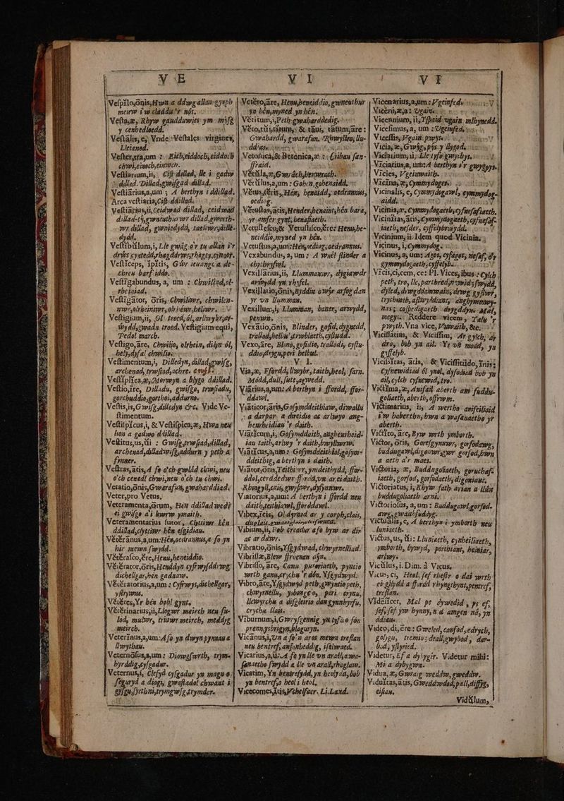 : a À—— a Ó— HÀ T — E A STERNE Vefpilo,ónis;Hwn a ddwg allai-gywph | mein iw claddu* nóx. aV | y cenbediaedd. avt Veftális, ej, Vnde :Veflales: virgines, Lleianed. ! ead ! Vefterrajum 2. Eiébyeiddocb, eiddocb | emwieiaecb,einech. : ! Veftiarium,ii, | Cifi- dillad, We i^ gadww ! fdillad. Dilladgwifgad-dillad..-::— |! Arca veftiaria,Cifl-ddillad. | Veftiarius,i Ceidwad dillad, ceidwad dy dd. | Veftigator, oris, Cbwilner, cbwilea- averyalrbeinivet, olcbémr beliwr .. V Veftigium,ii, QU 2roed, él, army brsat- iy ddy2wadn. troed. Veftigiumequi, | Pedol marcb. wt Veftigo,are, Chwilio, olrbtin, diy ól, bely,dyf al chwilio. 4 [ Veftimentumj, Diledytt, dila prit, arcbenad, trwfiadachre. etf s... Veftiore, Dilladu, gwifgo, trm[iadu, gorcbuddiasgortboi,addurno. y Veflisiis, Giwif dilledya cire. Vide Ve- ftimentum. Veftilpicus,i, &amp; Veftifpica;2e, Ha neu | hon a gadwo d illad. | Vefitusus,di : Gwifz4rwfjadsdillad, arcbeuad,dilladYeifg,addurn y petb.a fyuaer. Vellras,aris,4 fa o'ch gwlád twi, neu 0'cb cenedl clwiyneu och tu chwi. Vetatio,onisGwwaraf ut, gwabarddiad. Veter,pro Vetus, Veteramenta,arum,. Héu ddillad wed? €i gwifge a'à byerm ymnaitb. Veteramentarius futor, clyttixr. Lén ddilladycyttiver bén. e[gidiau. Vét£ránus,a,um:Hémocdraumus,a. fo .yn | hir sewn f'wydd. Vétécaíco, Ere, Henu,heneiddio. Vérator,oris, Hesddyz yfrmy(ddvwg | dichbellgar,hén gaduaw. Véccratoriusa,um z CyfFmys,diebellsary | yfrymus. , V&amp;éres,Yr béu bohl gynt, Vérinariusyü, Llogwr aseircb neu fu- lod, mulwr, trizwt meircb, meddyz aeircb. Veterinusaum:4 fo. ya dwya pyuuau a |. Üwytbau. Veternofus,sum : Diowefwrtb, try. byrddig,cy[gadur. Veternusi, Clefyd cyfzadur. yn magn o. f'gutyd a diagi; gwafladol clwaat i /CATNIEposba pegar ya: bépymynted yn bén. D.3 Vétitumyi,Peth:eypabarddedig. --- Hn dd'ass AM n^ raid. | || Vétilla,ze,G wir dchsbezwracb. | Véciílusa,um : Gobca, gobezaidd. - oediog. , yt; amfer eyut, benafiaetb.  ueiddio,myued yn bén. | coebycbeyfoek, / arvoydd ys vhyfel, Jr vn llumman. penws. trallad,belbu stewblaeth, cy[ludd. &amp; ddioyirygnperi belbul. V: I Módd,dull, futt agwedd. ddawl, , 4 darpar. a direidie ae arlyeyo . ang- benibeidian *r.daitb. Viaticumji,' Gofy»sddaitb, atgbeurbeid- iau taithyarlyoy r daitbbyoylhrm ddeitbig, a berthyn à daitb. Viator;Oris,Teitbir, ymdeithydd, ffar- ddel,cerddedwr ffrddyvm ar ei dab. Rbingyllcais, gwy [per dyfyazwr, daitbyteitbiawl, fforddawel. Vibex,icis Oldsrüod ar. y corphsclais, dug lais .813:DAD? e ledsyeVesf WIACE, Vibiumjii, Pob creadur afo byw ar. dir ac ar ddwr. Vibritlz,Bleyw ffroenan éjn. Vibriffo, are, Camu. pureriaetb, pyutio . Nertb ganuyercbu 'r dén, Yfaydwyd. Vibro,are; Y /gydw$d. petb;gyyatie petb, cbwyraellu, . ysbange'o, . péri.- eryaa, llewyrcbis a. difoleirio dam gyunbyrfu, crycba. (lait. prenysbrigyayblagurym. Vicanusj,U7 a fo^ aros mea treflan utu beatref, aufonbedd:g, ifélymaed, Vicarius,ajd:.4 fa yu lle vu arallyawa- Mene f91)dd a lle va arallyhuglam. icatim, Ya bentrefydd, yn bcoly da, bob yu bentrefso beol i beol, VicecomesiiisFebelfaer. Li.Lazd. ! Victenb2a Create c oov 1 Vicebniury, ii, Tfbaid. ugain. imlbynedd. Viccfimus, a, um : C/gemfedi, vs. : Viceffis, Fgaitt: pw3s. Eno ! Viciay 2e Gw$gs p$s- y Ilygod. ::.: Viciarinm; il; Lle 1yfo gwnychys, : Viciatius;a, ums bertbyan PY E?yfpys Vicinalis, e, Cyawydegawl, cymmydsg-. aide i sosto an E i naa VE d Viciniaya, Cymtydegaetbcyfiefafiaetb, Viciniias,atis,Cyuamydbgaetb, gfuefaf- iaeth, me[der, cyffelybrgydd, TVA Vicinium, ii.Idem quod Vicinia;; Vicinus, i; Cym/zydog . : : Vicinus; a, um: sos, cyfages; vefaf, d'y gymimydocaeth; cyffelyb.... V i V1cis,ci,cem, ce: P]. Vicesy ibus; Cylcb peth, tro, lle, partbred;n^ywid 3f iydd, dyleds dymg ddaienmaiz; drweg gyfw?, trycbsstb, afIeyddiamis- aeg bymmy- 2355. Co[pedigattb. -dryrddyms- Maf, megys:; Reddere: vicem ,. aj, ^, p»ytb.Vna vice, ypaitb, &amp;o;. ^. Viciflacim, : &amp;: Viciffim, tr gylcb, ay droy: bib. yn ail. Yr vii eodd, y; ge» —— Vicifsitas, atis, ^ .&amp; Vicifficido, nis: Cyfnewidiad 6l yel, dyfodiad bob y» Gil, cylcb. cyfsevoid, tro. ; Vi&amp;Yma, z., 4sifail abertly: api fuddy- goliaetb, abertb, offrwm. : 4 wettbo' asifeiliaid Vw babertbn,byn a Wwafanaetbo yr abertb. Qn ED Victito, are, Byw wrtb yribortb. Victor, otis, Gorefgynawr, gorfodawr, Duddugaveldigouversowor. eorfod py a aetb ar smaes. 1335 Vidtetia; z, Buddngoliaetb, gorucbaf- iactb, gorfod, gorfadaetb; digomiair, Vi&amp;toriatus, i &amp;bym 'fath. asian a ilio buddugoliaetb arni. Victoiiofus, 2, um : Buddugawlgorfad- | awe, caitbfuddys. Victualis, e, 44 berrbys 4 yrnbortb weg luniactb. na a Victus,us, ifi: Lluajactb, €yubeilizetb, yiibortb, byvryd, partbizut, beitiar, ariwys e? gify dal a ford vhyaetbynt,pentrcf, | treflan. ; Mal pe. dywtdid , ys ef, ffs f&amp;f yv bynzy td. ameen n&amp;, yn /4(fe  £gebgu, tiemio: deallowybod , dare bd, yflyried... drute Mi a dybygwn. eweddw. eiiam. 4 Vid lum 5