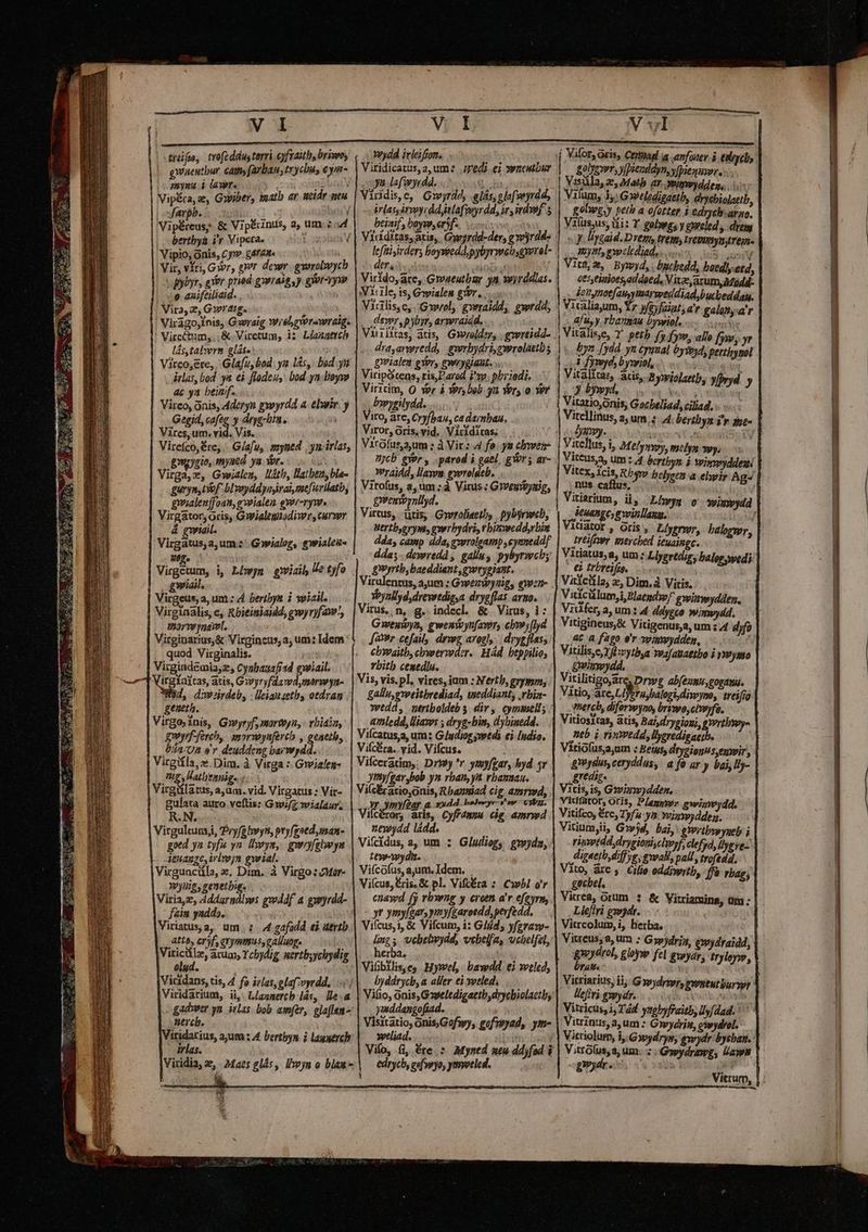 tréfro, trofeddustorri ofraitb, briwo; . gwueutbur cam farban,trycbu, eyn- mynu 4 law. agbatV Vipéra, e, Grviber, inatb av neidr meu | fab. S audisti Vipéreus; & Vipérntts, a, bertbya i'r Vipera. 'Vipio, onis, Cj» gdrea Vir, viri, Givr, gr dewr. gyorolwycb pybyr, ger prod gwraie,y gUer-ryy «e. aniftiliaid. Vira 2, Gwrarg. . D E Virágojinis, Gwraig Wislrwrewraig. ' Vircctum, ,, &. Viretum, iz Lianaerch lás,tabwrm gláse V Vireo,ere, | Glafu, bod. ya las, bod yn drlas, bod ya &à flodeu,. bod yn. boyw ac ya beinf. à Vireo, onis, 4deryn gwyrdd a. elwir. y Gegid,cafeg y dryg-bin. Vires, um. vid. Vis. ; Vireíco,&re; .. G/afu, myued yn irias, gyqygio, tmysed. yu Tr. : Virga,e, Gwialen, lMáth, Hathen, bla- guryn, of. bLooyddyayiraisefirllatb, gyialenffoam, gweialen gwr-ryw. Virgator, oris, Gwialegaodiwr, curver 4 gwiail. des Virgatus,a,um: Gwialor, gwialei- 0g. : um: 2d LL. . gwiail. DIPO Virgeus,a, um : 4 beribys i wiail. ; Virginalis, ey Rbieiniaidd, gwyryfaw', vorveynawl. Virginarius,& Virgincus, a; um: Idem quod Virginalis. peti Virgindemia,2, Cyabasafid gwiail. irgfaitas, atis, Gvyryfdawd,merwya- 94, diwzirdeb, : lleiauzethy otdram geneth. Virgo; inis, G»yryf, mormyn,- rbiaia, gwyrf-fercb, amormynfercb , geaetb, . bia-Um e'r deuddeng baiwrydd. Virgiíla, ze. Dim. à Virga :/Gwialen- mg, atbennige «. Virgülatus, a,um. vid. Virgatus : Vír- gulata auro veftis: Gwi/z wialaur. R. N. ; Virgultum,i, Pry($hwyn, pryfgoed,inan- goed ya tyfu yn. lypys,. gwryfelwys - Aenagzc irloyn gueial. Virguacüla, ». Dim. à Virgo: oMor- myuig, genetbig. Viria,z, 4ddaradlw: gwdf 4 gwyrdd- fain yaddo. ! Viriatus;a, um. 4 gafodd ei atrtb atto, cryf, avymmus, ealluoge lud. Vicidans, tis, 4 fo islas, plaf:vyrdd, Viridarium, ii, Llasnercb lás, lle. a - gadwer yn. inlas bob awfer, gla[fen- nercb. Viridarius, ajum : 4 lertbyn i lagaerch irlas. Ywydd irleifon. Viridicatus, a, um? edi ei »wneutbur gna lafivyrdd. Virdis,c, Gyrdd, irlassóryrddynlafvoyr dd, irirdwf 5 . beiaif, boyss, esf. 349 * der, 2i Virído,are, Gwaeutbur Viiile, is, Gwialen gr, Virilis,c, Gol, gwraidd, gwrdd, ewr,pybyr, arwraidd, : Vinilos, atis, Gwwrolder, . gowreidd- » i» rddias. wiales eYery gwrygidut. .. RROBe ien Py. phriodi. Viritim, Q yer à Yer bob. ya Yers 0 Y9Y bwysilydd. 78 i Viro, ate, Cryfpan, ca daymban., Viror, Oris, vid. Virkditas; Virofusaum ; à Vir: 4 fo yn chwemr- UWycb gyer, .parod i gael, gr; ar- Wraidd, llayym exvroldeb. s Vitofus, a, um : à Virus : Givesivyui, gwonpynllyd. Virtus, itis, G»vrolieetbs pybyrwcb, Uertbyerym, gwrbydri, t biswedd,rbie dda, camp dda,gyerolgamp ,eyeneddf dda;- dewredd, galiuy pybyrmeh; £9yrtb,baeddiant ,gwryeiaut. Viralentus, ajutn : Gwezirynig, evoon- . Yoynllyd,drevetdisa drygflas. armo... Virus, n, g. indecl. & Virus, 1: Gweuwya, gwenivynfavrs cbywy[Iyd Jar cefail, drwg arogly. | drygflas; ebwaitb, chwerveder.. Hád beppilio, vbitb cenedlu. Vis, vis. pl, vires, ium : Nerth, gyymus, gallus g»weitbrediad, weddiant, .ybin- »wtdd, nertboldebs dir, cymusell; amledd, laws ; dryg- bim, d'ybinedd. Viícatus,a, um: Giudjog wtdi ei Indio. Vifcéra. yid. Vifcus. Vifceratim,: Drwy 'r ymyfgar, byd 4r ymyfgar,bob yn rban, yt rbanaau. Vi(ebratio onis, Rbanniad cig amrd, xd s Ld . Vine o CyfPenm dg. amrwd newydd ládd. Vifcidus, a, um ; tew-wydu. Vifcofus, aum. Idem. Viícus, Eris. & pl. Viftéra : Cx»b4 or cnayd fj rbwwng y crotn a'r efeyrn, - yr ymy/gar, ymy(garoedd,perfedd., Vifcus,1, & Vifcum, i: G/íd; yfgraw- ling j vebebwydd, vebelfa, vcbelfel, €rDae l Gludiog, .eveyda, byddrycb,a aller ei wweled, Vifio, onis, Gxveledigaetb, drycbiolaetb; yaddangofiad. Visitatio, onis,Gofwy, gofwyad, ym- ywtliad. Vifo, fi, ére : Myntd aeu ddyfod i edrycb, eofvryo, ymveled. H | Vi fum afuyy rbarmau bywiol, s | petb fy fym, allo fyo, yr yt Cymal 0y76yd perthymol Vialiaum, Yr yüyfaiat ar galama'r byz. [ydd ds: AD. isst. Vitellus, i, Melyyypy, molys wwys Vitéus,a, um: 4 bertbyn. $ Veiayddesw Vitex, icis, Rbqvo belysen a elsi Ag4 nus elus, «a Highs Vitiarium, ii Lh»ys o vwiuwydd 3 HABEC, e winllauu. Ars. 1dator, oris, Líyenwr, balewr tréifpwr wseycbed gemi e Vitiatus,a, um z Llygrediz, bale wedi - €i trbreifgo, Viticilla, e, Dim, à Vitis; Viticülum,i,Blaendof gwitwydden. Viüfer, a, um : 4 ddygco wimwydd. | Vitigineus,& Vitigenus,a, um 2 4 difo AC a fag0 er vigwydden, Vitilis,eYfdytbya Weafauattbo i ymymo gvimydd. Vitilitigoare Drwg ab[eunu,gogatiu. Vitio, are, Lijvraysalogidiwyne, treifio )mercb, diforwyno, briwo,clwyfa. VitiosYas, atis, Bai, drygioni, gmrtbwy- Itb ji rinedd, llyeredisaeib. Vitiofusajum : Beius, drygionus,exxvir, ydus, ceryddus, a fo ar y bai, llj- gredig- Vitis, is, Gwinwydden, Vidfator, Oris, P/agpyy» gwimvydd. Vitifzo, Ére, Tyfu-ya. wizywyddeg. Vitium;ii, G»»jd, bai, g9wribwyseb i ripyetdd,dryeionisclwyf, clefyd, llyeve-. igaeib diff yg, gwwall, pal, trofeda,, Vito, àrc , Cilio eddiwrtb, [fà rbae; gecbel. Virea, orum ? Llefiri gwjdy. Vitrcolum,i, berba. Vitreus;2, um ; Gy)dria, gxydrot, bruits Vitriarius, i; Gysydrwry pwseut urypy Veffri gwyar. Ü sa l'itricus, i, Td. yghyfraitb, ly/dad. ^ ' ' Vitrinus,a,um : Gywydrja, oswydrol. Vitriolum, 1, Gywydrys, gw)dr byeban. Vitrolus, a um. 7. Gopydrowg, lawn Vitrum, & Vitriamina, üm: gwydraidd, &loyw fel eeyar, tryloyw, |