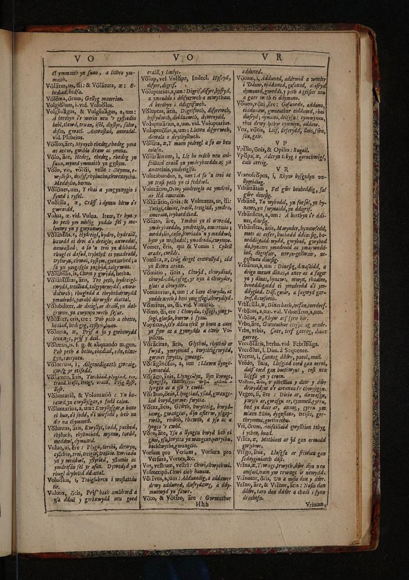 V K el ymmaitb yn fuam, a libro yi- maitb. Volats,us, tfi: &amp; Volatura, 2: £- bediad, bedfa, | Voléma, orum; Gellyg mawrion, VolgiSlum, i. vid. Voluólus. . 4 bertbyn v weerin. nen ^r gyffeedin bobl,tlawd, truan, ifel, diyflyr, fal; difas, gwescl. JAnwaftad, amwadal. vid. Plebeius. Volito,ares Mynycb ebedeg,rbedeg yina ac àccws gwibie drave ac ymina. Volo,áre, Hedeg, ebedeg, rbedeg yn fuas mysed ymmaitb yn gyflym. Vólo, vis, volüi, velle : 24ymu, e- wyliy fio, deifforbybuchoyebyweuaycha. - AMeddylie, baruu. Vólones,um, Y rbai a. yigynaygio i fyntd i rfe. Volíclla, x, Cráff idymuu blew ov gwraidd, Volua, z. vid. Vulua, Item, Yz bya. y bo petb ym imblje yunddo fel y me- .lynwy yn y gwyuimwy. Vóolubilis, e Hydreigl, bydro, bydraill, bawdd ei dri a'à dreiglos amvwadal, aunwa[lad, a fo'm troi yn ddibaid, vbugl ei dafed, trybelyd. eà ymadrodd, zrplyys, chwai, cyflym, avetiarbed 5a fo yn yusgafgin yngbsd,talervena. Volubilis,is, Ch» y gwjdd, herba. Volubilias,atis, Tro petb, bydreiet- »Wjdd, treiliad, talgryarmydd ; amwa- dabvsbs rbugledd a. tbrybelidrveydd ymadredd, parabl dirmyfir diattal, Vólubiliter, 4r dreigljar draill yn. dal- gryu, ya. cwoyuspo vertb. fefur. VOltfzcr, cris, cre: Pob pezb. a ebetto, bédiad, bedegog, cyflymsbuan. Voluca, z, Prjf a js y gwimydd ieuatzc, pr$f y dail. Vóoluctisjis. f. g. &amp; aliquando m.gen. Pob petb &amp; bello, ebediad, ed, edo» £y, caccyaen. Volucrum, i, Ailgenedizaetb g?raig, gyoifg yr. etifeda. Vólumen, inis, Torcbiad, plyaiad, teo, £raad, trefas tfeigls £raill, Pig Dyjr, Vislntarid, &amp; Voluntarió : Ya ba- rawd,yn ewylly[gato. fodd calon. Vóluntarius, a, um: Exyyly(zar,o bouo ei byn,o i fodd, 0 à wirfüdd , beb ua dir na chyminel. i Vóluntas, atis, Exvyllys, bodd, pucbed, rbybuch, rbybucbed, iym, tuedd, vaeddyel, d ymuated. n Voluo,ui,ére : PlygHi; torcbi, dirwys, eylébio, troi,treigles treillie. Bwriadu ya y meddw!, yHyried, yfumio dc ymdrofán fel yr afott.. DyWedyd ya rbugl drybelid ddiatial, Voludilus, ij Treiglebrem à wwaflattáu tir. Voluox, ocis, Prjfbaeb amldroed a Ma ddal j gwiewydd utu. goed eraill,y liadys. Vàlup, vel Veltipe, Indecl. H5f;y4; difyrrdigrifz 5 3n Voluptariusajum : Digrifsdifyrrbyfry d, a ymroddo à ddifygreb a mwytbau A berthyn i. ddigrifweb. VOlluptas, atis, Digrifweb, difyrrmcb, byfiydweb, diddaawcb, dywenydd. Volaptuarius, a, um. vid. Voluptarius. Voluptuófus,a;um : L/awg difyrrweb, diwala 0. drytbyllycbe Vólüta, z,Y maen pedrogl a fo ar beu colofu. VB Volücábrum, 1, Líe bo máócb meu ani- ftiliaid erai ya ymdrybaedda ac yi aincreinio, ymdreiglfas : Volutabundus, a, uev: 4 fo a ?rez ac ye troft petb yn ci feddwl. Volutatim,Diwy yizdreiglo ac ymdiot, ar. l£d axacraia- Vólücatio, onis :&amp; Volutatus, us, tfi: Trtigl, chaine, tvaill, treiglady ymdro, ' amcraim, trybaeddiad. Vóoluüto, are, Ymdroi yn eà orwedd, youdrybaeddu, ymdreiglo, amcreinio s seda ylio,cofio byeriadu 'S y meddwl; by» yn wa[ladol ymadroda,cywytape. Vomcr, ris qui &amp; Vomis : CjAell aradr, cwlldr. Vonilca, ze, Crág dirgel eraallyd , cód yn llaxva aria. Vómitio , onis , Cbwjd , chwydiad, cbwydricdd,cyfog, 3r hya. à elywyder, aloes a cbwyder. Vomitorius, 4, um 2 4 baro élbwydu, ac yudde uertb i beri ymgyfogibowyd)d. VOmitus, us, ifi, vid. Vomitio, 4 Vómo, íi, ere : Ch»wydu, cy[ügl, tag - fogi glocfio, bwrww. i fynm. Vopiícus,i,0'r ddau efell yr bwn a auey yn fy ac a gymyddo « elwir Vo- pifcus. i fwyd, ymrythiad , bwyttégrwydd, gormes fovytta, owaugc. / Vóraginofus, a, um : Llawr llyngc- Lynnsedd.  ^ Vórago, inis, L/yagcelyg, Tlyn lvwngc nac R07 A AERA en Ü Iyngto ac a jfo ^r cut.  Vórauo;onis,Llyugriad, y[jad, o Yvaugc- iad bywyd,gormes fwytta. j Vàrax,ácis, GIwtb, bwytteig, bwyd- iaxg, Evwangcus, dya aflerm, y[gap- rwib, rhtb, Ybaytb, 4 pfo ac a. Iyngco *r cwbl. : Vóroj are, Yf4 a llyageu bwyd beb ei 2itoi, y[a,bWytta ya wangcusyem yibn, becbhpytbe,ewangcio. Vorfum pro Veríum Vorfura pro Verfura, Vortex &amp;c. — ! Vos, vcftrum, veliri : Chywiscbwpelwi. Vofmetipfi. Cho; eic basain. Vóvus, aum : Addusedig, a addawer dry. adduned, diofrydawe, a ddy- mund ys fawr. Voto, &amp; Yotito, are : Gwgtylbur à; nisi Hhh addued. Voum,i, ddduned, addewid a spueler i 'Ddaw, tidduned, gofuned,. díofry dymuntd, evseddi, y petb à geifier aeu A gaer mtb ei ddymuso.. VOuco,vQui ere: 'Gofuneds, addyao, eidduzaw, ewaeutbur. eidduned, vloi | diofryd y éymuzo, deifyfa z Cyn e yt, rboi drwy lytbyr cymniyu, addavo, Vox, vocis, Licf, leferjdd, llais,fyvu, fóm, gair. H VP Vptlioyonis, &amp; Opilio : Bugail, Vplipa;z, A4derya t.byg i gorchbwiet, Caib ceryig, VranofcOpus, i, Rbyw byfgedyn wu- liyeeidiag. Vibanatim , Fel gyor boxbeddig , fal gwr. dincfjg. Vrbané, Ty wybodol, yw foe fol, yn by- HAYPty yt. fyoyuaidd, ya ddigrif.—.—. Vibanicus aum: 4 bertbyn i'r ddi- was, diarfjg. ; Vibanitas, acis, M mynder, byaawfedd, vits ac. ayfer, bucbedd ddiacfig, bo- nedditeiddiwydd, gwybod, gwybod da,bynavos. ymadrodd. ac. ymarwedd- Had, dignfar, mwyn-gelhvair, me-., geftuau dinefig. Vibanusj,um : Digefg, dina(zidd, a árigo mtn dinas,a anev ac a fager y ) dias, hyaayos,. tiwynt, vbaalon, bontddigaidd ej yradredd di ym- ddyriad. Déf;y ewár, a fagmyd gar- ref llawfaetb. Vrbfcillaee, Dinas Lach,trefzm corrdref. V rbicus, a,um. vid. Vrbanxcus,ajum. Vibina, e,Rbyw arf [yrm bir. , Viboare, Gwaenibur tcifye ag aradr. Vibs, vrbis, (aer, tief. gaeroe, digas: | gerog. Vrccóláris, herba. vid. Fcbryfuga. Vrccólus, i, Dim. à Scquente. Vrceus, i, (unsog, ddser, paeol, mail. Vredo, Ynis, Llofziad coed gan oerti, | daif coed gam beethwwyat ,- cofü uem | lofgfa yt y creen. | Vr&amp;ter, zie, t pibellion y da y dr | driyddyut e'r arenmau?r cbywyfgin. Vrgeo,fi, ere : Dirie ary dirwafape, | B?wyfo ar, evea(gu. ar, cymmellayrva, | bod ya dar ar, anuoe, gyrt ymz, | m/aen. Blino, dyeuflmo, treifo, gor- | tbrymmu;gortbrechu- Vri, orum, Azifeiliaid gwylltion tebyg i ycbei, buait. | Vrica,z, Metbiaut av $d gam ermodd | ) goiybwre | rgo,inis, Llefgfa ar ffiwiau gam | féddygimiaetb dij j Sd Vrinayz, Tiwagcyrwytb,dr dj neu attifailyvaim yvo trwengc ir snemydd. | Vunator, ris, 73 4 wofio dag y dier. | Vrino, are, &amp; Vrinery aris : Nefo daa | ddipr, taro dag ddser a codi i fynu | dracbefu, | Vrinum ,* € IIS 9S Le det VPE [UD Am Ao I t n d * s rn ai i i - [8756 Bue