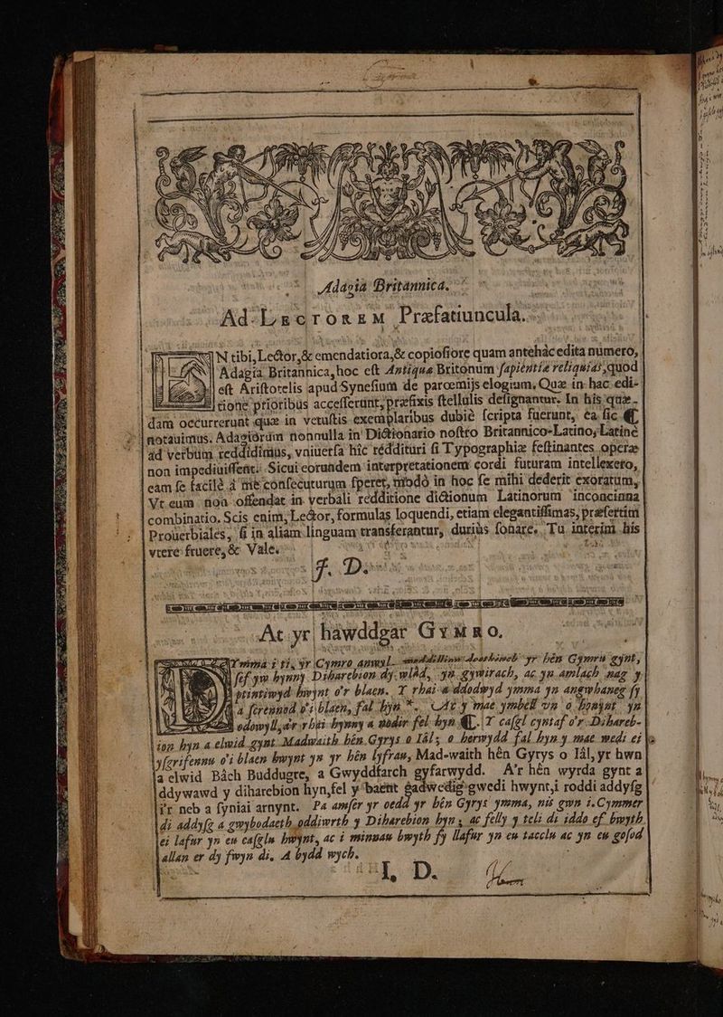 SEA - ROSAS Q. Z E: N mm. 2 P RN 2 3 £^ s SINN 7 ; 35 p) AE N S | ZNN Ww fa Jj D c A JN j Z4 n P  b Y x yy A Y S NM à » e 7 V, Adasia Britannica, : Ad.Lgeroszza Prafauuncula..- N tibi, Lector,&amp; emendatiora,&amp; copiofiore quam antehác edita numero, NN Adagia. Britannica, hoc eft 471/444 Britonum fapientia reliquias quod eft Ariftorelis apud Synefium de parcemijs elogam, Quz in hac. edi- | 2—— | cone prioribus accefferünt, przfixis ftellulis defignantur. In his qua. dam occurrerunt qu in vetuftis exemplaribus dubié (cripta fuerunt, ea.fic €f, J'|notauimus. Adasiórdm nonnulla in Di&amp;ionario noftro Britannico-Latino; Latine * ad verbiim reddidinius, vniuerfa hic réddituri fi Typographia feftinantes operae non impediuiffefic. .Sicui eorundem interpretationem cordi futuram intellexeto, cam fe facilà 4 te confecuturum fperet, mibdo in hoc fe mihi dederit exoratum, Vt eum oa offendat in. verbali redditione diionum Latinorum incoacinna combinatio. Scis cnim, Le&amp;or, formulas loquendi, etiam elegantifftmas, preefertia Prouerbiales, fi in aliam:linguam transferantur, duriàs fobare,. Tu. interni .his vtere:fruere, &amp; Vale. pU SQQ Seu coasdiss ier ne Uns 5. TD. us Ac.yr| háwddgar Gy n o. xu dd vinuii)r Cymro Anmy L.. siasbde iw Mose béreb yr: hé Gymrü ent, NI D. | | 7 Um) B prisrimyd: biwjnt o7 blaen.. Y. rhai-a ddodwyd yesma yao anewbane ny Uk (|a ferennsa i blaen, fal yn... At y mae ymbell vm a neu LIO odo) dr n bei bymmy aódir fel.byn QU. Y. cafel cyntaf o -Dibareb- ion yn a elmid gynt Madwaith bén.Gyrys o Iál; o bermydd fal byn y mae wed ei unu oi blaen bunt yo yr bén lyfrau, Mad-waith hén Gyrys o làál, yr hwn d Bách Buddugre, a Gwyddfarch gyfarwydd. — A'r hén wyrda gynt a ddywawd y diharebion hyn,fel y'baetit $ dwedig:gwedi hwyntji roddi addyfg ir neb a fyniai arnynt. Pa emer yr oedd yr. bín Gyrys. ymma, nis gwn i. Cymmer |di addyfg a gmybodacth oddiwrtb 4 Diharebion byn y ac fel'y 4 tli de iddo ef. bwyth. ei lafur yn en ca(gln bwynt, ac à mnuan bwyth fy llafur yn ew tacclu ac yn eu gofod allan er d) fwyn di, 4 &amp;ydd mych. pa ; j ZR D. J^ cre - Fer ER a ER t e z 25 IRO.GEC Xm A2 —J de »- -—— f 6-3 pe. -— Is.