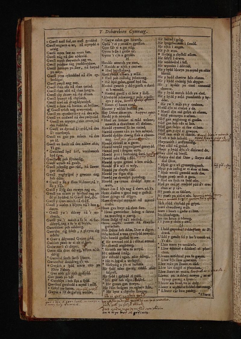 « Gwell meíl fod, no mefl. gcrdded * Gwyw calon gan hiraeth. wraig. Gwell moes law no mocs fam. Gwell nag ná dau eddcwid. Gwell nerth dwywrzch nag vn. Gwcll peidiaw nsg ymddircidiaw. Gwell penloyn yn JJaw huddgar. | Gwell pwyll nag aur. ! Gwell rhan ofn nà rhan cariad. ! Gwcll zhan efni ná than lyngzu. i Gwellihy draws nà rhy druan. i Gwell fynwyr n&amp; chyfocth. . Gwell tcwi nà drwgddywcdyd. | «[.Gwell tr&amp;ch nag arwynniad. dau fuddelw. atr morthwyl; Gwell vn. gair ym yn 91 (. Yi gai. ? Gwellwell hyd' farf, hyd farw. GwellWal pob ffynnedig, Gwell wyneb nà gwaly. ! Gwell ychydig gan rád,. na gan afrad. Gwell wnghyfgod y gowacn nag j b ddim. llawer ! 3- Gwell y lle.y. ffocs Wilmort,ná r lle y Más. : Gwel]l y Iljfg dau. etewyn. nag vn ! Gwell ym Kit yr iyrchod nag &amp;] yr byddod. vi. Gwell bog, €x. Gwcll y tyan mech và cbáff. dotro. * Gwell yw'r ddiwy mna 'r ;an- tbaith, Gwell yw.'z maxhafo'n ei for- ddwyd, nag a fo 'n ei brcícb, Gwerthfawr pob odidawg. Gwerthu cig hwéh , a phrynu eig móchs € Gwit a ddywawd Gwion gyid. Gwirion pawb ar ci air ejua Gwiwauri aidirper. ^W Gwna dda dros ddrwg, vffern ni ch ddvg. * Gwolid ferch faeth fyberw. Gwneuthur deuddrwg Qr. vn. * Gur nid gi: ich gydijdd wr nith. gár nit 'dd, Gwr pawb j báf. s * Gyrthlys i bob llya a fydd. .., Gwrthod gwahodd a mynd i wet. * Gàyl yw hanes. Gr wv (og this À v j Gwyut a 1€ da gwtaig weddw, ' v Latlf 4 e€ Enhiuyn m  wg A n  qpuv 0 iym. S AR / i a Vu cbe Ves, MAAA/ Aaa c UA Gyrr fáb ti a gai ng. Gyrru brán i geifio üir. Gyrru r cin a gerddo. H Haedda annerch yw caru, * Haeddu ar nyth y caccwn. X Hacl byrrllotiawg. Haelty Wii o)bwrs y wlád. * Hael pob colledig ychenawg. * Háf hyd galan, gauaf hyd fai, | Hanbid gwaeth y ddrygcath o dorri ei h:winedd. i* Hanbid gwell y ci farw y lal]. * Hanbydd ychwaneg, y mor o pitlo- dya , dde end efrddyl ;* Hanes tj bancs coed. ! Hanner y wlédd hoffédd yw. Hap Dduw ddewryn. Hardd p»b ncwydd. * Haul yn. lohawr. ni mád. welawr; | mawrth a chwefrawr a'i dialawr, Hawdd cymmod lle bo cariad. Haidd cynneu tán ya hen aelwyd. nog. hav] Aaw à vadat) . | Hawdd, ciriawl ar dh (i Hawdd nawdd yngwafgáwd gorwy dd. | Hawdd peri i fonheddig forri. Audi | Hawdd ralu ffüg i ffól. 7777 'Hawdd. yynnu gwaed o ben crach. Hawdd yt a wyl ci wely, Hawdd yw clwyfo clàáf. Hawdd yw digio dig. j Hawdd yw dywedyd. pymtheg. wain, Haws cau bys nag à dwrn. vi. Ys. Haws .dadleu o gocd nag o gaftcll. Haws dringo nà difgyn. Haws-dywzdyd mynydd trofto. nà imyned * Haws gwncurhur | hebog, o farcut na marchog o: dacog. Haws llofzi tj na'i adcilad. IIavvs 1wylMe muabali. na gwrachan. '- Hcb Ddaw heb ddim, Daw.a digon; Hén bechod a wna cywilydd newydd. Hén hawdd gorfed á£aaw. qf. Hir ammod. nid. À i:dda;al. arinod: ; 'Hirichwedl anghénog. * Hiracth am farw, i wexyd, i: Hir eddewid inag. | i; Hir eiftedd i ogan. alias ddiogi, ^ * Hir. ci lygad a wrtbgrif. * Hirfrydig a yfo ei holldda. .... ;Hit fydd cdau .gwraig eiddil. «lies thwyllo , Hir fydd i gybydd ci gabl. * Hir gnif heb efgoxIhidded. 1.2 * Hir grawn gan fiewyn, Hi Hin faclgwn yn.eglwys Rs; Ud [. Sed (i K y awuo. BUE DÀ vac 22 o, j ker $t nn MEN pof j^ 473 fvs &amp; 9v vv bow e gutivoy. Hir ladrad i grág. -Hir lyngcfwriaeth i £awdd, Hir n$cf i angeu. Hir pob aros. * Hirfaig a chyllell afens, Hir fefyll i drwm. Hir weddwdod i fcfl. Hir wynniau i ddircidi, Hir y blai Hir y bydd chwerw hen alanas. ' Hir y bydd enderig * Hir yw'r màb yn y. ceu Hoedl dyn ni TR d biens * Hoedl djn uid gelyn a'i hann, HÓff ymmenyn trathan. Hof gan anghenog ci. goclio. Hoff gan bob cda ei lais, Hóff gan fadya ei faw ci hun. Hófg gán yutyd ei gnwppa. Hsch o bob. heledd, i Hewud b Hwyriwaith i anffynncdig, Sete Hwy clád ná golud. Hwy clód ná hoedl. dial Duw, * Hydr g»r o'i gyammydogaeth.  Hydr waedd gwaedd wrth fro, Hygar pawb wrth à garo. * Hyd tra fych na fydd ofer. chan ax y tan. Hy pawtb yn abícn ofn. bs kasd Qvg T IÀch. rjdd, rhyfedd:pà gryn. lawn chwedlawg máb. | lawn i bawb i.gadw ci hun, lroblonhégen, |. lro tin h«cb à bloneg, L'r pant. y 1béd y d*r, À * Lladd.guaedaá drac e Veri esr ck Ys dir, T y * Llais maen yn oerddwfre chen, | ;:Llaw làn diogel ei phezcheu.: « iLlawer am hawl, vn:$i: dyly.- | Llawer cár baw,gadeg«: 5/9 | - Efawor al i | prp eremi e ry ir rp ra s D n - —- 6€ - torfH ai pee
