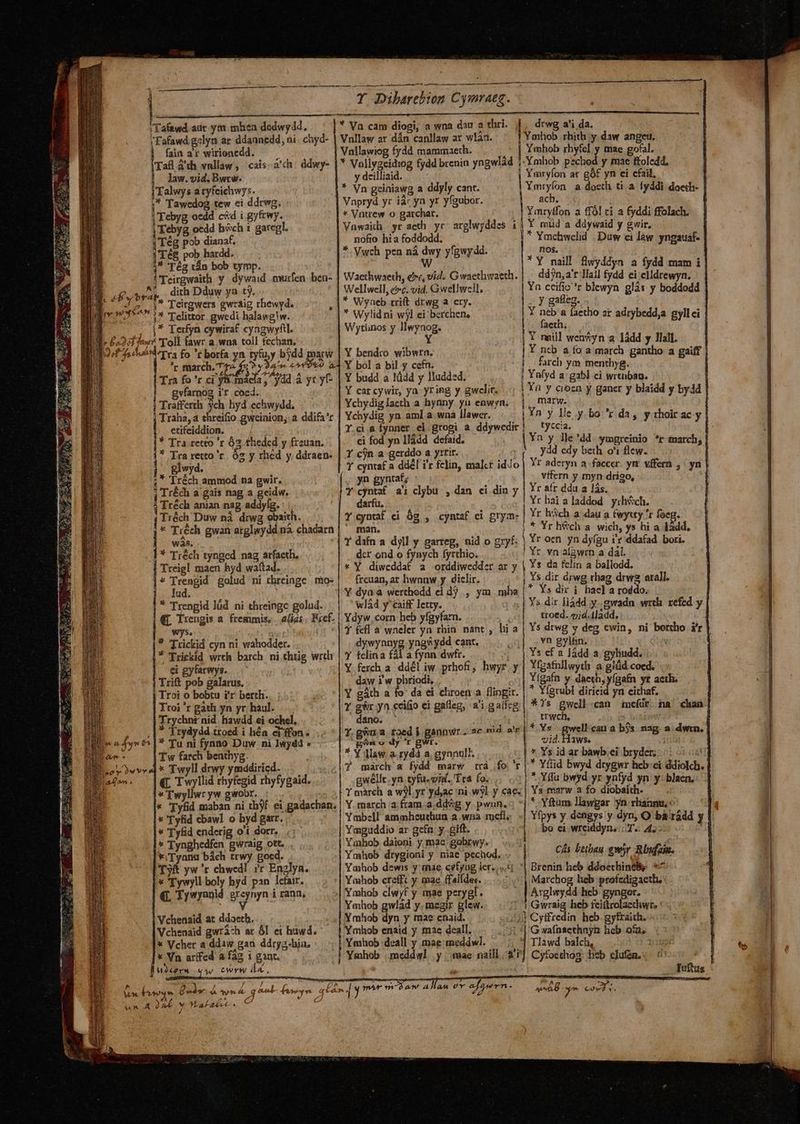 wf ^ » p [o f faia ar wirionedd. law. vid. Bwtw. Talwys atyfeiehwys. 4Teég pob dianaf, e pob hardd. d gvfarnog i'r coed. etifeiddion. $0 gl wyd. was. ei gyfarwys. Trift pob galarus. Tw farch benthyg. v Twyllwr yw gwobr. * 'Tyfid maban ni th Vchenaid at ddaeth, Vchenaid gwrà-h ar RUNE BRUM NENEONNUENNNUNUENMENEEUEEEEE AM EL T Dibarthion Cymratg. - drwg a'i da. Ymhob rhith y daw angeu. Yahob rhyfel y mae gofal. Ywuryfon ar gó£ yn ei cfai, Ymryfon a doeth ti a fyddi doech- | ach. j Yarylfon a ffól ti a fyddi ffolach. Y müd a ddywaid y gwir. * Yachwclid | Duw ci làw yngausf- nos. * Y nail flwyddyn a fydd mam i | ddjn,a'r lal! fydd ei elldrewyn. Yn ccific'r blewyn glàs y boddodd . y gafteg. Y neb a faetho ar adrybedd,a gyll ci faeth; y deilliaid. nofio hia foddodd. * Wylidni wjl ei berchene Y bendro wibwrn. Y bol a bil y cefn. Y budd alddd y lladded, — , | | Yafyd a gabl ci wrtnban. Y carcywir, ya yriPg y gwclir. | Ychydiglacth a hynny yu enwyn, |, marw. : à Ychydig yn.aml a. wna llawer. | y lle .y. bo 'r da, y rhoir ac y | Yd afynner ei grogi a ddywedir tyccia. ei fod yn lládd defaid. Yn y Jle'dd. ymgreinio *r march, Y cjn a gcrddo a yrrir. , IT. ydd edy beth o'i flew. |.» | Y cyntaf a dd£l i'r felin, malcf idJo | Yr aderyn a facer. ym vffern ,/ yn yn gyntaf; : vffern y myn drigo, H darfu, M d , laddod y:hsch. Y cyntaf ci ó cynta£ ci grym: | Yr h3ch a dau a fwytty 'r foeg. An prae ii. |; * Yr hWch a. wich, ys hia Iàdd. Y difn a. djll y garreg, nid o gryf. | Yr ocn yn dy(gu v'« ddafad bori. dcr ond o fynych fyrthio. ! Yr vnaíawrn a dal. * Y diwceddat a orddiwedder ax y | Ys da fclin a ballodd. frcuan, at hwnnuw y. diclir. * Ys dir i hacla roddo. | wlád y'caiff letty. Ys dir lládd y..gwada wrth refed y : troed. v;d.1ladd, Y &cfl a wneler yn rhin nant , hi a | Ys drwg y deg cwin, ni bortho i'r | dywynnyg yngvydd cant. Y tclina fal a fynn dwfr. Y ferch a. ddél iw prhofi; hwyr.y daw i'w phriodi, Y gàth a fo: da ei chroen'a flingir. Y gi yn «ci(io ei galleg, a'i galcg dano. ' Y. giu. a. £oed i. gannwr ; ac nid a' pvaody'r gwr. * Y law a .rydá a. gjnaulJ. | Ys dir drwg rhag drwg arall. vn gyl&n. Ys cf a Jádd a. gyhudd. Yfgatnllwyth a glüd coed. Yígafn y daeth; yígafn yt acth. * Y(grubl dirieid yn eithaf. *Ys gwell.can imefür na chan. trwch, | * Ys gwellcau a bjs nag. a. dwrn. vid. Haws. iu * Ys id ar bawb ei bryder. 2 * Yffid bwyd drygwr heb.ci ddiokch. gwéllt.yn tyfu.vig. Tra fo. * Yifu bwyd yr ynfyd yn y:blaen, Ys marw a fo diobaith. —— . |. *-Yftum llawgar yn. rhannu. o E Yfpys y dengys y dyn, O bárádd y 1 bo ei wreiddyn. T. 447 UP Y. march a. fram a,ddwg y. pwnn. Ymbcll ammheuthun a.wna rocflo - Ymguddio ar gefn. y gift. Yahob daioni. y mac gobrwy. Ymhob drygioni y niae pechod. . | Yahob dewis y: mae cifyag iet. «4. | Yahob creffc y. mae ffal(dec. 7. Ymhob clwyf y mae perygl. Ymhob gwlad y.iegir glew. Ymhob dyn y mae cnaid. Ymhob enaid y mac deall. Cás Letbau ewir Rbufaim. Brenin heb ddoechineBy «^ Marchog heb 'profedigaeth, Axglwydd heb gyngor. 1 Gwraig heb feitlrolaechwr. * | Cyffredin heb. gyfraith. - 'G vafnaethnyn heb ota, | Tlawd balch, 4 —oduftus - z [qun Y ^B yo Sc aen