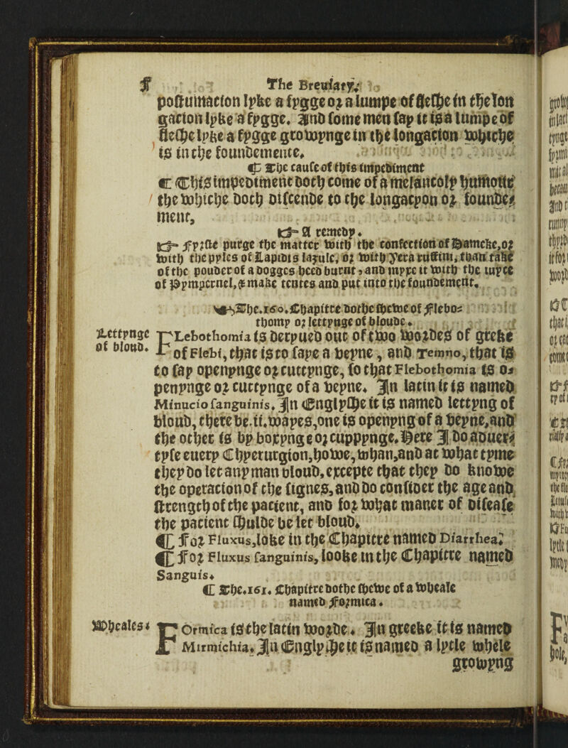 S >■. Bfe^af7^' podtilitdcfon It>&e a fpgge a tiimpe of Se{[|)e in i^elon gitcton ipbe a fpgge. ^tto fome mm (ap ft iisa lumps of 8e(i;elpbe a fpgge gcompngetn tl)e iongarton ^iHc^o is liuljc founDsmcntc, ^ v\)t caufeof tOi's Onpebimeat c Ci)l0impmttnent Dott) come of a melancolp ^utitoftc^ ' tl^cixi^tclje Doclj oiCcenDe tot(;e longacpono^ founOci^ mcuf, ' - ^ . KS“ a remrtp. Kf“ purge fOc matter tnitft tOe tonfetffonof ffi>amcSc,o| toiti) ti)eppic0otEapibt9ia}'ulc, p; toltp;f’traruatnt.tpaa'faiie o(tt)C pouPecof aboggcsOceDbucntsanPmpjcetttotto tbc tu^cc o( idpmpccnel.g^mabe tentes anb puMnto tuefouniieinenr. >*>>35ri)e.i0o.Cbap<tee botOe iOctue of lebos tbomp o; lettpnge of bloube» Acttpugc ]rLcbotiiomia(.g DccpueO o«c Of ttoo too^Deiai of gtefee of bioub. IT ofFiei)f,t^ati]5tofapeapepne» anD Temno, tbat t# to fap openpnge o j cuttpnge, (o t^at Fiebothomia tg oa penpngeo^cuctpngeofapepne« %n lattn ft ig uameDi Minaciofanguinis.lln Cuglpmefttg namcD lettpngof blout), tbete betf.txiapeg,one ig openpng of a bepnc,anlf tbc ocbec fs bp boppngeo}Cupppnge,]^ei:e3 boaouer^ tpfe eueep C t)petutgton,bo)x)e, t»ban,anti at mbat tpmc tbepboletanpmanolonti.ejcceptctbattbep bo bnoboo tbe opetaefonof tbe (tgneg,anbbo conffoet t\)Z ageanb^ Ocengtboftbepactent, anb fo^ bo^at manei; of of (cafe tbe paefent ®ul0e be let bloub* fojt Fiuxusjiofec fn tijc Cbaptttc nameo Dmtheai ^ jf0^ Fiuxus fangainis, loobt tntt)c C^apfttt nautcb Sanguis* C. Sf)s,i6i, cbapittcaoti)ea>etbe of ateUeale namcb j‘o;mt(a. w^eaitsi i^ormfcafgfbelatfnboojtbc* Ingtccbcittgnamcp i/ Mirn]ichia*3Iii€iigipAefti$naitieD alptle tobtle gwtopng
