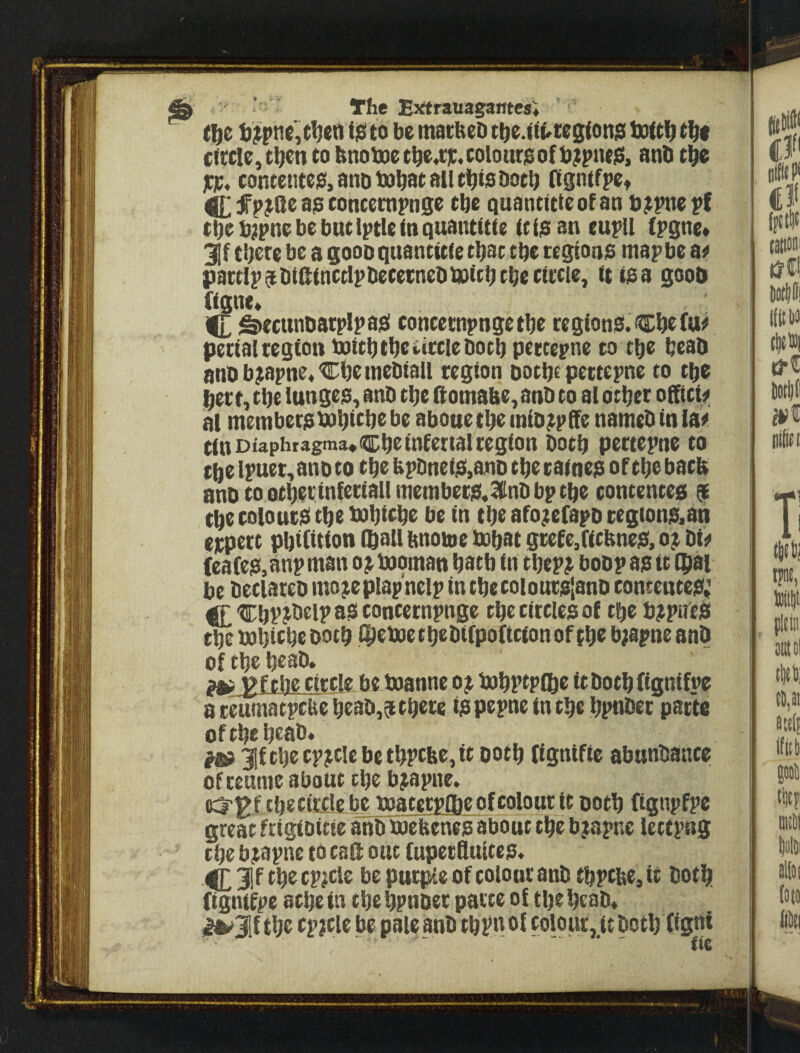 ei^e i$to be matbeb tbe.i(i»tegiottd ixi(tt) circle, tb^n to t(not»etbe.r]r.colourisofb?pne0, anb tbe jrn;, contented, anb tob^r iill (bis both ftgntfpet ^ fppQe a? concempnge tbe quantitUof an b^pne p( cbe b;pne be but iptle in quantitfe itijs an eupU (pgne* 3if tb^re be a gooo qttanttcie that tbe regions mapbe a^ pactIi>oibt&inctlpbececnebU}itbtbectrcle, ittsa goob figne* C 3>ecunbatplpas concetnpngetbe regionS.Cbtfu^ pettal region boitbtbettrclebotb pettepne to tbe beab anbb^apne.tlDbemebtaU region Dotbe pettcpne to tbe ibe lunges, anb tbe ftontatte,anb to al other officii al members bobirbe be abouetbemib^pffe namebinla^ cinDiaphragma*(ii;beinfertalcegion both pertepne to Cbe l^uet,anDto tbe bpbneiS,anD tbe caines of tbe bacb anotootbertnferiaUmembers«3[lnbbptbe contentea $ cbe colours tbe lubltbe be in tbe afojefapb cegtons.an expert pbifition iboll bnoioe tubat greCejicbnes, o^ bii* (eafes,bnpman o^booman batb in tbep^ bobpasit (pai be beciareb mo^eplap'nelp in tbetolourslanb tonteutes; 'CbV^beip as conternpnge tbe circles of tbe b^pUes cbe bobitbe ootb (beboe cbebifpoftcion of (be b;apne anb of tbe beab. ^ pf tbe circle be boanne o j bobptpflbe it both (ignifnc a teumatpcbe beab,$ there ispepne in tbe bpnber parte of tbe beab* 3iftbccpjclebetbpcfee,it ootb fignifie abunbance of reunie about cbe b^apne. cbe circle be toaterptbe of colour it ootb (ignpfpe great frigioitte anb boebenes about tbe b^apne lettpng cbe b^apne to call out (upecQuites. ^ Jf tbe cp^cle be purtke of colour anb tbpcbe, it both (ignifpe acbein tbebpnoer parte of tbe beab. £fc»3if tbe cpjcle be pale anb tbpn of colour, it both (igni