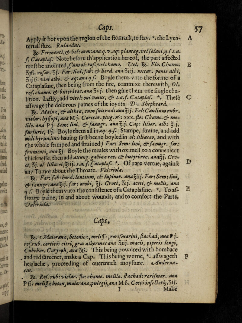 Y Caps. Apply it hot rpon the region of the ftomack,to flay. *. the Lyen- teriallfiux. RuUndm. ]^4 F errnertti,& bol: arm: an a q.V.aq: plantag.velfolani,qfs.a, f Cataplaf. Note before th’application hereof, the part affeded muftbe anointed3^«w^^/^ velcbamo. ZJeU 5*. Flo.Chamo. rofar. 3 j. Far. Uni,fab: & herd, ana Z'uj. micar. pants albi, 3ij {$. vini albi, & aq:anaq.f Boyle them- vnto the forme of a Cataplafme, then being from the fire, commixe therewith, Oh rofichamo.&btityrirec.anaZvj. thengiuethem one fingle ebu- lition. Ladiy,add vitehouivntus, & s.a.f. CatapUf *. Thefe aflfwage the dolorous paints of the ioynts. *pr. Shepheard. Ifc. Main a, &altheay cum flats rad: anapj. TohCauliumrubr. vie tar. hyjfopi, ana M j. Car tear. ping. »°:xxx. flo: Chamo. & me- tile, ana P j Semilini, & fantigr. ana$ij. Cap: lilior. alb: pj\ fnrfarts, Pj. Boyle them all in aq: q.fl. Stampe, drainc, and add mdihjrtindinis hauing firft beene boyledin ol\ liliaceo, and with the whole damped and drained; Far: Sem: lini, &f<tnugr. far: frumenti, ana §j Boyle the meales with oximell to a conuenicnt thick nefle, then addaxHng.gallin* roc. & butjrirec. anatpy. Cro- ciy O j. oi li/iacei^nj. s.a.fl. C^aplaf *. Of rare vertue, againd anyTumor about the Throate. ValerioU. Bi. Far: fab: hord. lent turn, & Itipinor. ana pi j. Far: Sem\ Unit ^'fanugr.ana^ij.far: orobi, %j. Croci,Z\)» aceti,& mellii, ana <j f. B oyle them vnto the confidence ofa Cataplafme. *. Toaf- fwage paine, in and about wounds, and to comfort the Parts. ZJaUriola. v E Caps. : Bi. CMaiorana, be tonics, melip ,r orifmar ini, fhzchad, ana f j. rof.rnb. corticis citri, gra: alkermes ana oii/. mac is, piperis longi, Cttbebar. Caryoph, ana 3d. This being powdred with bombace , and red farcenet, make a Cap. This being worne, *. aflwageth F headache, proceeding of ouermuch moydure. sAnderna- CHS. , I£. Rof. rub: violar. flo: chamo. melilo. (Itchad: rorifmar. ana P $. mcliflflt bet on, maiorana,pulegiq^ana M d. C oca irfefiorijfoij* I Make