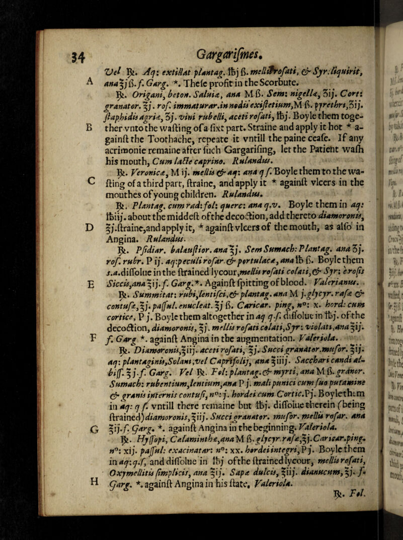 Vd Ik. Aq\ cxtilUt plant ag. ftj ft. mellthofati, & Syr.liquirit, A ana^j ft./. Garg. *. Thclc profit in the Scorbute. Ik. Origani, SaluU, ana M B. Sem: nigelUy 3ij. CVf: gran at or. f j. r<?/ immaturar.innodis exijletium, M B. pjrethrt, 3ij. ftaphidis agrUy 3/. wim rube Hi y acetirofati, ftj. Boyle them toge- B ther vntothe wafting ofa fixt part. Straine and apply it hot * a- gainft the Toothache, repcate it vntili the paine ceafe. If any acrimonie remaine after fuch Gargarifing, let the Patient wafh his mouth, URe caprino. Rulandm. Ik. Veronica, M i;. mellis efr aq: ana q f Boyle them to the wa- c fting of a third part, ftrainc, and apply it * againft vlcers in the mouthes of young children. RuUndtu. Ik. Vlantag. cum rad: folx querc: ana q.v. Boyle them in aq: ftiij. about the middeft ofthe decoftion, add thereto diamoronuy \ D §;.ftraine,and apply it, * againft vlcers of the mouth, as alfo in Angina. Rulandw. Ik. Pjidiar. balaufior. analf. Sent Sumach:? Untag. ana 3j. ref rttkr. P ij. aq:peculirofar.& pertulacas ana\b&. Boyle them /.^.diflblue in the {trained iycour,mellis rofati coUtiy&Syr; erofis E Siccis^na *\j.f. Garg.*. Againft fpitting of blood. Valeri anus. Ik. Summit at: rubiylentifcii&plant ag. ana M j.gljcyr. raft & contufity ^j. pajffitl. enucleat. ft. Caricar. ping9 x. herd: cum cortice, P ;. Boyle them altogether in 4^ qf diffoluc in ft;. of the decocftion, diamoronis, $j\ mellis rofati colati>Sjr: violati,anaf\j. V f Garg *. againft Angina in the augmentation. Valeriola. Ik. Diamoronisf^nj. 4C<?/* rofatiy ijj. Suedgranator.mufor. ^ij. aq: plantaginisySvUnt.vel Capr'ifolif ana$iiij. Sacchari candi at- biff. 5;•/. (?4rf. Ik- Fol: plantag.&myrti, ana M ft.^Tvi#*?*. Sumach: rubentiumylentiumyAnaV j. mahpuntcicumfuopufamine & granis iyfternis contufiyn°: j. hordei cum Cortic.Vj. Boylethtm in *7: q f vntili there remaine but ft;, diflblue therein fbeing {trained) diamoronisy 5 iij. Sued granator. mu for. mellis rofar. G ?i;- f- *• againft Angina in the beginning. Valeriola. Ik. Hjffopiy CaUminthtyAnaM glycyr.rafa^.Caricar.ping* n°: xij. pajful: exacinatar: xx. hordeiintegrty P ;. Boyle them in aq:qf and diftolue in ft; ofthe {trained Iycour, wf//^ rofatiy f\j. Sap a dulctSy *iij. dianucumfif]. f n his ftate, Valeriola. Ik* Fol. i • Oxjmellitis ftmpliasy ana *• againft Angina i