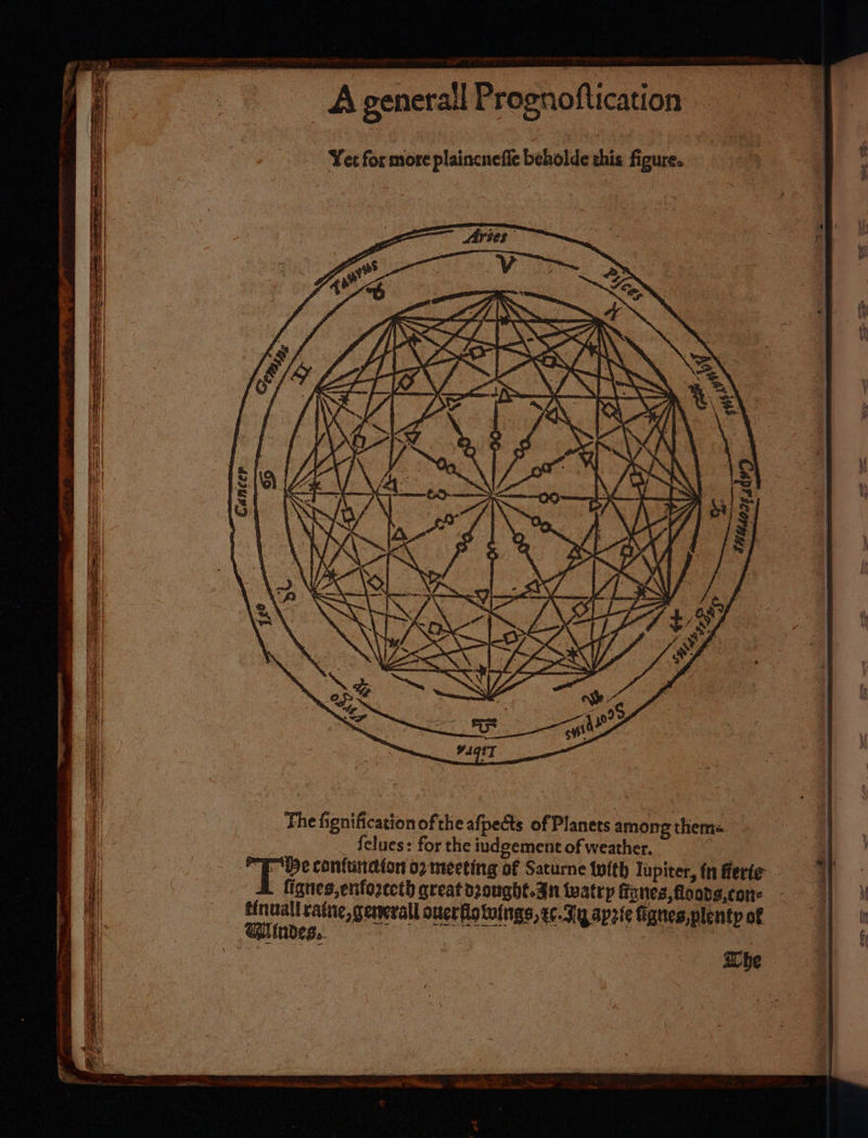 Yee for more plaincnefie beholde this figure. ve &amp;, ZX I Sek Savas Lp me The fignification ofthe afpects of Planets amongthem= _ felues: for the iudgement of weather. — -PENBe confuncion 02 meeting of Saturne with lupiter, fn flerte , fignes,enfozcecth great dpought.3n watrp Hanes, flo ods,cone - tinuall ratne, generall oucrfio wings, ¢c. Jy apzie fignes,plentp of Gindes, : | Che