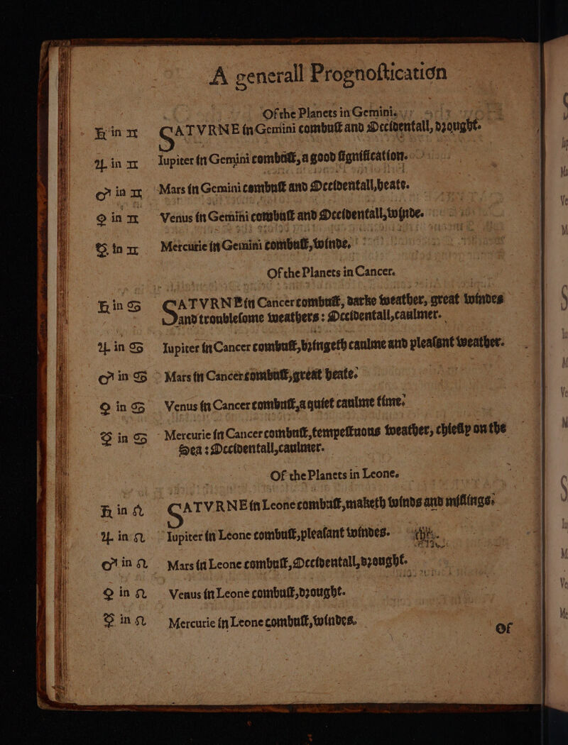 RR ee) ‘i CRE RN A generall Prognoftication —— ae. Se Oia : ‘of the Planets i inGeminigy;y iy te in 3 7A T ¥ RNE {1 Gemini combutt and Decioentall, nant See ee Lin om Tupiter fn Gemini combi good igniieation. —————— o in 1 “Mars tn Gemini combutt and Deeiventall, beate. 9 in mm Venus ft Gernini corabint and Deeiventall, npnde Dera ©, ina Mercurie it Genii combuti,toinde, |  Ofthe Planets i in Cancer. Rin 95 Garvan Cancercombui, datke tweatber, great tnindes and troublefome meatbers : : : Deeidentall,caalmer. hee be | Iupicer firCancer combult, Ystrgeth cantine aud pleafent weather. &gt; Mars ttt Cancérsoimball, great beate. Venus fs Cancer combutl_a quiet canline fine. 8, 5 +} - Neseutie fn Cancercombut€,tempelfuons ioeather, chietilp onthe SeasDecidentall,caulmer. | Of the Planets in Leones | ATVRNE tr Leone combat, mabeth winds and noting ~ Tupiter ft Leone combutt,pleafant iwindes. ih. Thy - Mars {a Leone combull, Decientalleeeushe. Venus in Leone combutt bought: Mercurie (n Leone combutt, windes.