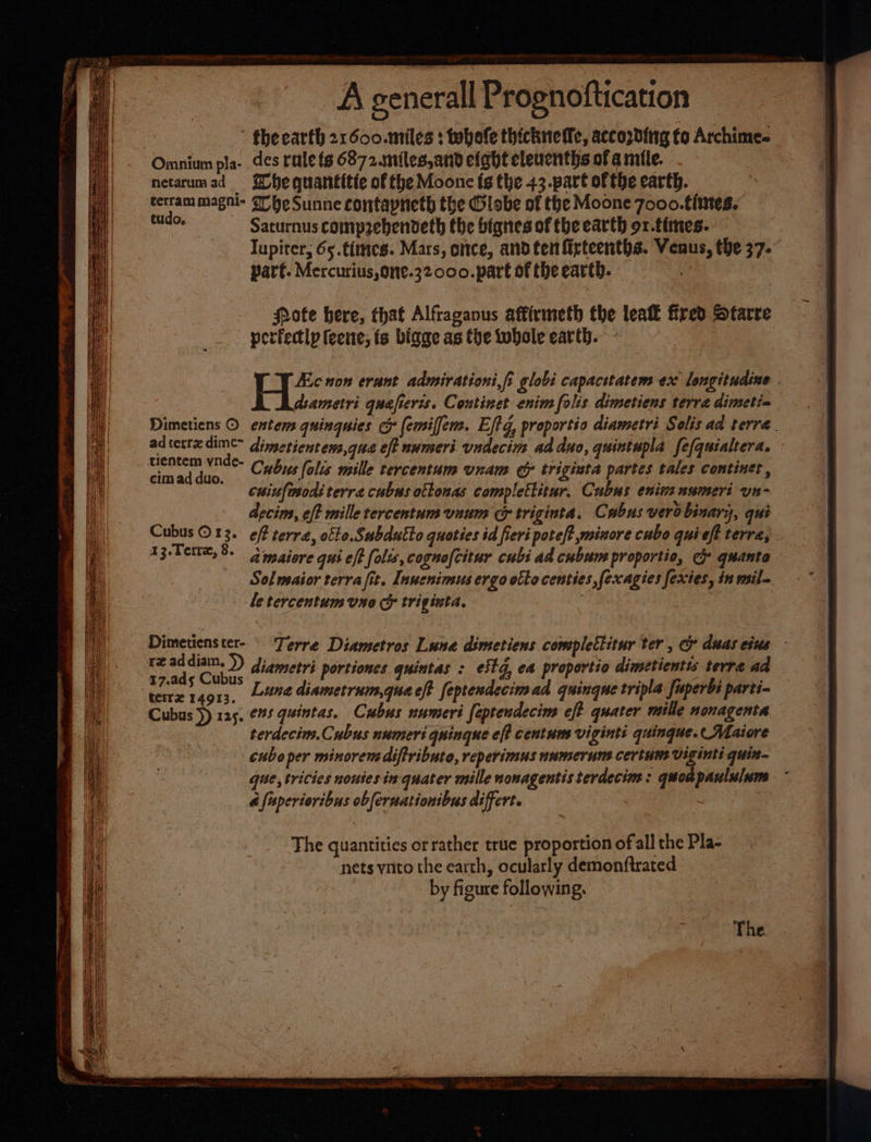 theearth 21600.miles : tobofe thickneffe, accordiig fo Archime- Omnium pla-. des rule fs 6872.niles,and efght eleuenths of a mile. netarumad She quantttie of the Moonc fs the 43.part ofthe earth. terram magni- G7 he Sunne contapneth the Globe of the Moone 7o00.times. tudo, Saturnus comprebendeth the bignes of the earth or.times. Iupiter, 65.times. Mars, once, andtenfirteenths. Venus, the 37. part. Mercurius,one.32000.partoftheearth, =. : rote here, that Alfraganus affirmeth the leatt fired Starre perfectlp feene; ts bigge as the tubole earth. Fic non erunt admirationi,fi globi capacttatem ex longitudine . diametri quafieris. Continet enim folis dimetiens terra dimetia Dimeticns © entem quinguies ch femiffen. Eftg, proportio diametri Solis ad terra. ad terre dimc= dimetientens,que eft nunseri undecim ad duo, quintupla fefquialtera. - fie eg Cubusfolis mille tercentum unam @&amp; trigiuta partes tales continet, cuiufmsodi terre cubms ottonas complettstur. Cubans enine numeri vn- decim, eft mille tercentum vaum &amp; triginta. Cubus vero binary, qui Cubus O13. eff terre, ofte.Subdutto quoties id fieri pote/t minore cubo qui eft terra, 13-Tette, 8. spaiore qui e/t folis, cognofcitur cubi ad cubum proportio, ch quanto Dimetienster- Terre Diametros Lune dimetiens complettitur ter , @ duaseius — a ra diametri portions quintas : e§tg, ea proportio dimetientw terra ad terrz rasa, Lee diametrum,quea eft fepterdecimad quingne tripla Superbi parti- Cubus )) 125, €%5 quintas. Cubus numeri feptendecim eft quater mille nonagenta terdecim.Cubus numeri quingue eff Centum viginti quingue.( Matore cubo per minorens diftributo, reperimus unmerum cerium Uigints quin- que, tricies nouies inquater mille nonagentis terdecim: quoapaululum - a faperioribus obferuationibus differt. ~The quantities or rather true proportion ofall the Pla- nets ynto the earth, ocularly demonftrated by figure following.