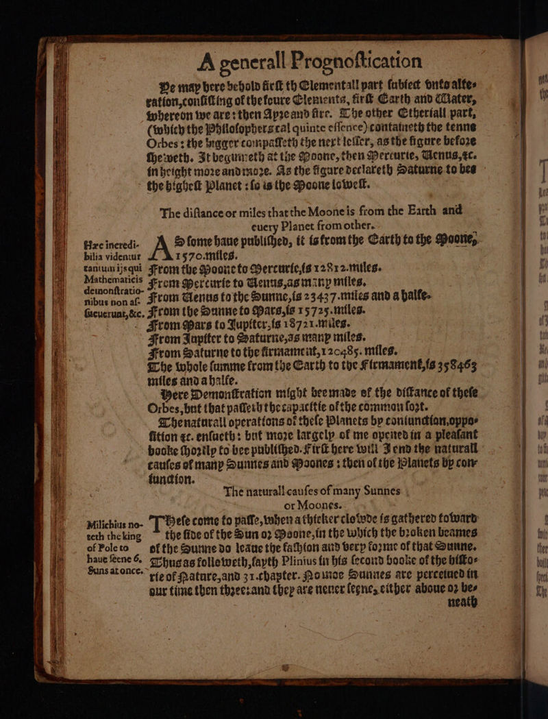 fixe incredi- He may bere behols fick th Clementall part (ubiec ontoaltes Whereon Wwe arethen Aprcand fire. Whe other Ctheriall part, (which the Whtlofopberscal quinte efience) contatneth the tenne Orbes : the ngaer compafeth the nertieticr, as the figure befo2e fheweth. It beguureth at the Moone, then Mercurie, Menus, tc. inheight mozeandimoze. As the figure declateth Saturne to bee thebigheih Planct :fo is the Moone iswelk. | The diflance or miles chat the Moone is from the Earth and | cuery Planet from other. 1570.mifles. : nibus non af- teth the king of Pole to From Mars to Tupiter,fg 13721.miles. From Fopiter to Saturne,ssmanp miles. From Saturne to the firmament,120485. miles. nifles anda balfe. : } Were Demonfiration might bee made ef the bifatice of thele Orbes bnt that patleth the capacttie of the common foot. Chenaturall operations of thele Planets bp coniuncian,oppas fition ec. enfucth: bué more largelp of me opened in a pleafant booke (ho2tlp to bee publithed. Fir here twtli J end the naturall caufes of many Durntes and Woones : then of the Planets bp cow fundion. ‘ : The natural! caufes of many Sunnes , or Moones.- efe come fo pate, tuhen a thicker clotwde fs gathered foward: the fide of the Sur 02 Waoire, tr the which the broken beames ofthe Sune do leaue the fathion ard berp forme of that Sunne, our time then theeesana tbep are nener fegne, either aboue 02 .