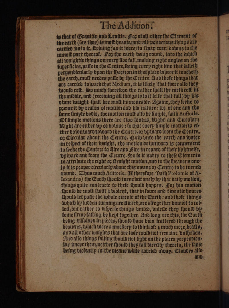arse, ae PS — - epinil cae es The Addition? fs that of @rauftis and Lenttte. sfoz ofall other fhe Clement of the earth (fap they) ismoft beautesand ath ponterous things are carried onte it, friutig (as tt were) to (way enen downe to foe fumot part thereof. sFo2 the cari betiig round, into the which all waightte things oncuerp five fall making right angles on foe fuperficies, pale to.the Centre,feeing cuerp right line that falleth perpendicularly bpon the bo2tsoninthat place tbere ft toncheth the earth, mutt needes pafle by the Centre. dad thofe things that are carried totvard that Medium, ft fs likelp that there alfo they fwould re, So much therefore the rather Hall the earth reff it the middle, and (receiuing allthinas (nto it (cife that fall)bp bis pivie iuaight Hall bee mot fumoucable. Againe,thep feeke fo prone ft bp reafon of motion and his nature: fo of one and the fame finple bodie, the motfon muff alfa be fiimple, faith Ariftorle. Df imple motions there are tivo hintes, Right and Circulars - Right are either bp o2 dotone ; (o that euerp fimple motionts et ther DotunWward toward the Cenfre,o2 bp ward from toe Centre, o2 Circular about the Centre. Poi onto the carth and water iu refpect of their wafabt, the motion dDotwunward fs connenfent to {ecke the Centre: fo Aireand Fire tn regard of their liahtnevle, ppivard and from the Centre. So ts it mete to thefe Clements fo attribute the riabfo2 frataht mottor,and to the Deauens one- ip ff fs proper circularip about this meane 02 Centre fo be (turned round. hus auch Ariftorle. Jl therefore (fatth Prolomie of A= lexandria) the Garth ould turne but onelp by that datlp motion... things quite contrarte to thele ould happen. Ffo2 bis motto fhould be not (wit ¢ biolewt, that in foure and tiventfe Houres.. fhouls let pafie the tobole circuit ofthe Garth: andthofe things. which by {udden furning are fitted, are altcgcther bumet te cole. lect, buf rather fo dffperfe things onited, bulefe thep thonld bp. foie firme falling be Kept together. And lona ere this,the Earth: being dilslucd tn peeces, Hontd bane been fcattered through the beaneis, twobich were a mockerp to think of: ¢ much more, beaks, and ail other watghts that are lofe could not remaine bnthaben. And allo things falling Hould not light on the places perpendicus fae brder toem,netther Hould they fall tircalp thereto, the lane being violent in the meane while carricd alwap, Clondes allo. : | aug::