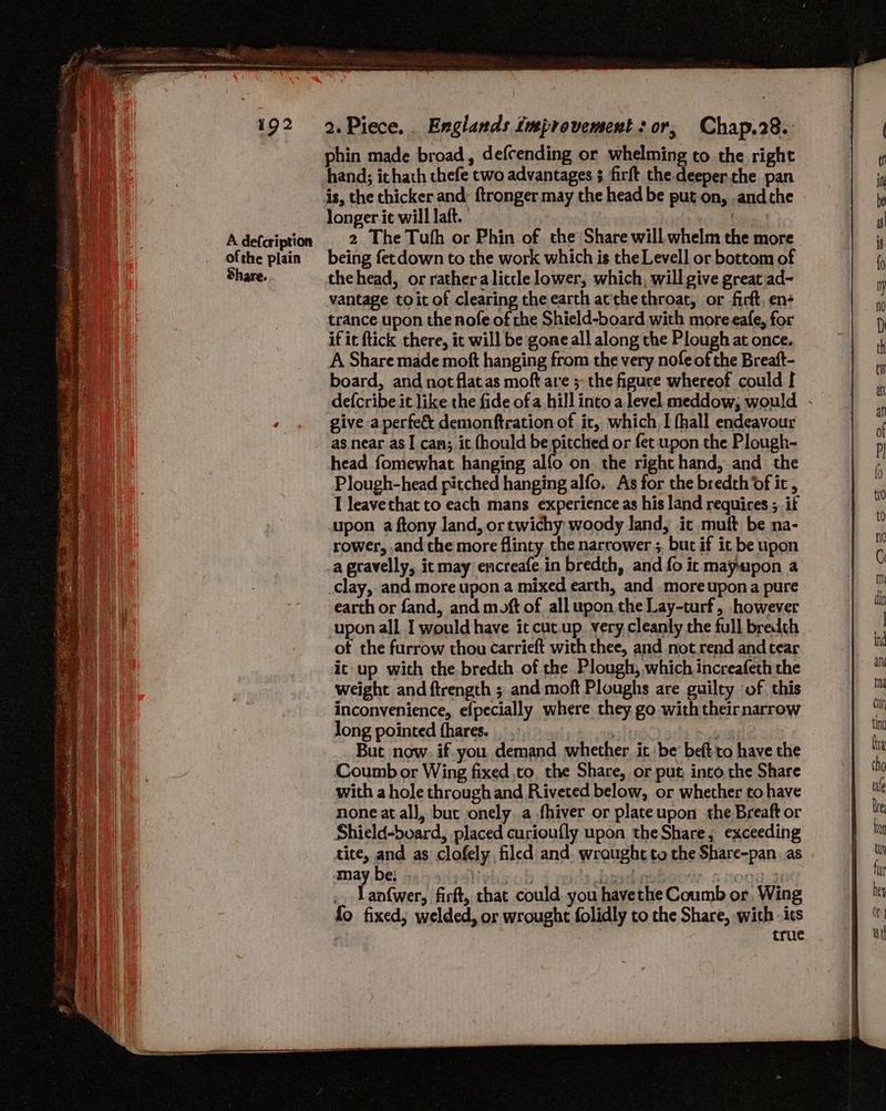 phin made broad, defcending or whelming to the right hand; ithath thefe two advantages 3 firft the. deeper.the pan is, the thicker and: ftronger may the head be put.on, .andthe longer it will laft. | ti) A defcription . 2 The Tuth or Phin of the Share will whelm the more ofthe plain being fetdown to the work which is the Levell or bottom of Share. the head, or rather alittle lower, which, will give great ad- vantage toit of clearing the earth atthe throat, or -firft, en- trance upon the nofe of the Shield-board with more eafe, for if ic ftick there, it will be gone all along the Plough at once. A Share made moft hanging from the very nofe of the Breatt- board, and not flatas moft are ; the figuce whereof could [ defcribe it like the fide ofa.hill into a level meddow; would - give a perfect demonftration of it, which, fhall endeavour as near as I can; it (hould be pitched or fet upon the Plough- head fomewhat hanging alfo on. the right hand, and the Plough-head pitched hanging alfo.. As for the bredth Of it , I leavethat to each mans experience as his land requires ; if upon a ftony land, or twichy woody land, it muft be na- rower, and the more flinty.the narcower ;. but if it be upon _a gravelly, it may encreafe.in bredth, and fo it mayapon a _clay, and more upon a mixed earth, and moreupona pure earth or fand, and moft of all upon the Lay-turf, however cuponall I would have it cuc.up very cleanly the full bredch - of the furrow thou carrieft with thee, and not rend and tear it-up with the bredth of the Plough, which increafeth the weight and ftrength ; and moft Ploughs are guilty of this inconvenience, efpecially where they go with theirnarrow long pointed hares... vias “on But now. if.you. demand whether it be beft'to have the Coumb or Wing fixed to, the Share, or put into the Share with a hole through and Riveted below, or whether to have none at all, but onely a fhiver or plateupon the Breaft or Shield-board, placed curioufly upon the Share, exceeding tite, and as clofely filed and. wrought to the Share-pan. as may, bei jen siashivis ob > bed ed MOOR __ lanfwer, firft, that could. you havethe Coumb or, Wing fo fixed, welded, or wrought folidly to the Share, with - its ; true Site ae HOES. Cea aia ante a Boe suet Rie
