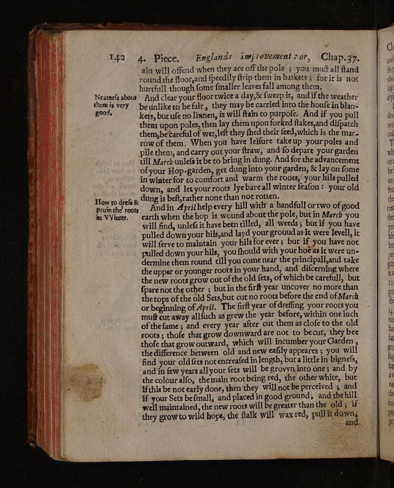 ain will offend when they are off the pole ; you mut all ftand round rhe floor,and fpeedily ftrip them in baskets ; foritis not hurtfiill though fome fmaller leaves fall among them. Neatnefs about And clear your floor twice a day,&amp; {weep it, and if the weather wong, very beunlikeco be fair, they may be carried inta.the houfe in blan- sai Ban but ufe no lianen, it will ftain to purpofe. And if you pull them upon poles, thea lay them upon forked ftakes,and difpatch them, be'careful of wer,left they fhed their feed, which is the mars row of them. When you have leifure takeup your poles and pile them, and carry out your ftraw, and fo depare your garden till March unlefs it be to bring in dung. And for the advancement -of your Hop-garden, get dung into your garden, &amp; lay on fome in winter for to comfort and warm the roots, your hils pulled pele down, and let your roots lyebare all winter feafon: your old How to dref &amp; “ung is beft,rather none than not rotten. pruinthe roots Andin April help every hill with a handfull or two of good i VVinrer, earth when thehop is wound about the pole, but in March you will find, unlefs it have been tilled, all weeds; bucif you have pulled down your hils,and layd your grouudas-it were level], it will ferve to maintain your hils forever; but if you have not pulled down your hils, you fhould with your hoe as ic were un- dermine them round till you come near the principall,and take the upper or younger roots in your hand, and difcerning where the new roots grow out of the old fets, of which be carefull, but {pare not the other ; but in the firft year uncover no more than thetops of the old Sets,but cut no roots before the end of March or beginning of April. The firft year of dreffing your roots you muff cut away allfuch as grew the year before, within one inch of thefame; and every year after cut them as clofe to the old roots; thofe that grow downward are not to becut, they bee thofe that grow outward, which will incumber your Garden , the difference between old’and new eafily appeares ; you will find your old {ets notencreafed in length, buca lictle in bignefs, and in few yearsall'your fets will be grovvn into one; and by the colour alfo, themain root being red, the other white, but ifthis be not early done, then they Wil] not be per ceived 5 and if your Sets be{mall, and placed in good ground, and thehill well maintained, the new roots will be greater than the old; if they grow to wild hops, the ftalk will wax red, pullit ae ana: