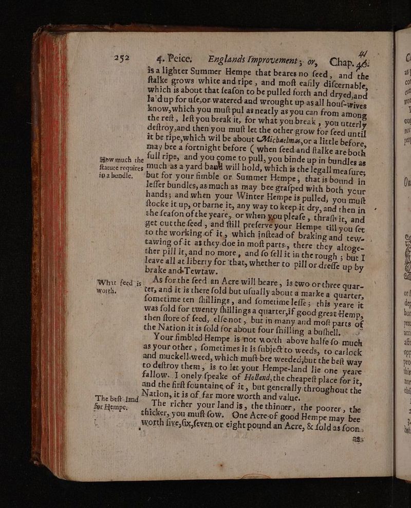 Wh 18 a lighter Summer Hempe that beares no feed, and the ftalke grows white and ripe, and moft ealily difcernable, which is about that feafon to be pulled forth and dryed,and fa'dup for ufe,or-watered and wrought up asall houf-wives know, which you mutt pul as neatly as you can from amon the reft, left you break it, for what you break » you utterly deftroy,and then you muft let the other grow for feed until it be ripe,which wil be about CMichaelmasor a little before, may bee a fortnight before ( when feed.and ftalke areboth eqew much the {ull ripe, and you come to pull, you binde up in bundles as site eae much as a yard baad will hold, which is the legall mea fure; inabundle, ‘but for your fimble or Summer Hempe, that is bound in leffer bundles, as much as may bee grafped with both your hands; and when your Winter Hempe is. pulled, you muft ftocke it up, or barne it, any way to keep it dry, and then in the feafon of the yeare, or when you pleafe , thrafic, and get outthe.feed , and ftill preferve your Hempe till-you fet to the working of it, which inftead-of braking and tewe tawing of ic asthey-doe in moft parts:, there they altoge- ther pill it, and no more., and fo fell it in the rough ; but I leave all at liberty for that, whether to pill or dreffe up by brake andTewtaw. Whit feed-js. +48 forthe feed an Acre will beare, istwoorthree guar- worth, fet, and ie is there fold but ufually abouta marke a quarter, ae fometime ten fhillings , and fometime lef; this yeare it was fold for twenty fhillin 88 a quarter,if good great Hemp, then ftore of feed,. elfanot > bur in many and moft parts of the Nation-it is (old for about four fhilling a buthell. a Your fimbled-Hempe isnot worth above halfe fo. much as your other , fometimes it is fubje&% to weeds, to-carlock and muckell.weed, which muft-bee weededybut the be# way to deftroy them, is to let your Hempe-land lie one yeare- fallow...J onely:{peake of Holland,the cheapett place for at, and the firft fountaine of ‘it » but generally throughout the Nation, ic is of far more worth and value. The belttand. Tye richer your land is, the thinner, the poorer, the thicker, you muftfow. One Acre-of good Hempe may bee worth five, Gx,feven or eight pound an Acre, & folds foon, ass for Rempe,