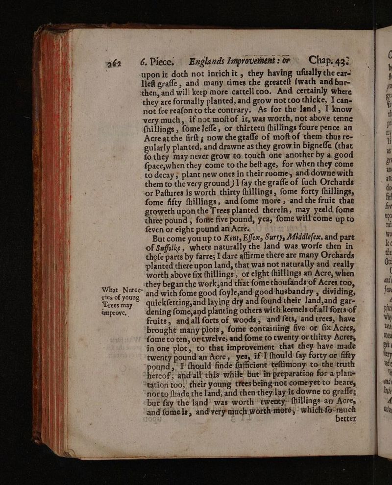 ‘upon it doth not inrichit , they having ufually che car- lief grafle, and many times che greateft {wath and bur- ‘then, and will keep more -cattell too. And certainly where they are formally planted, and grow not too thicke, I can- not fee reafontotke contrary. As for the land, I know very much, if not moftof it, was worth, not above tenne fhillings , fomeleffe, or thirteen fhillings foure pence an Acreatthe firft; now the gtafle of moftof them thus re- gularly planted, and drawne as they grow in bigneffe (chat fo they may never grow to touch one another by a good {pace,when they come tothe belt age, for when they come to decay; plant new ones in their roome, and downe with them to the very ground ) | fay the graffe of fuch Orchards -or Paftures is worth thirty fhillings, fome forty fhillings, fome fifty fhillings, andfome more , and the fruit thae gtoweth upon the Trees planted therein, may yeeld fome three pound , fonite five pound, yea, fome willcome upto feven or eight pound an Acre. | at But come youup to Kent, Effex, Surry, Middlefex, and pare a of Suffolke, where naturally the land was worfe then in | thofe parts by farre; I dare affirme there are many Orchards iL ‘planted there upon land, that was not naturally and really Hh alk worth above fix fhillings, or eight fhillings an Acre, when they began the work,and that fome thoufands of Acres teo, ties of young 40d wich fome good foyle,and' good'husbandry , dividing, Trees may quickfetting,and laying dry and found their land,and gar- improve. | dening fome,and planting others with: kernels ofall forts:‘of fruits, andall forts of. woods, ‘and'fets,'and trees, have brought many plots, fome containing five or: fix Acres, fome to ten, ortwelve; and fome to twenty or thirty Acres, in one plot, to that improvement: that they have made twenty pound'an Acre, yea, if*l fhould: fay forty or fifty pound, I’ fhould finde fafficient ‘teftimony to: the truth “hereof; and-all this while’ but’ ix preparation for‘a-plan= “tation too, their young tfeesbeing-not comeyet to beares norte thade the land, and then they lay-ie downe to grafle; What -Nutce- and {omeis,, and’ veryniuch worth more, ‘ which-fo- ai Ra bo os etter