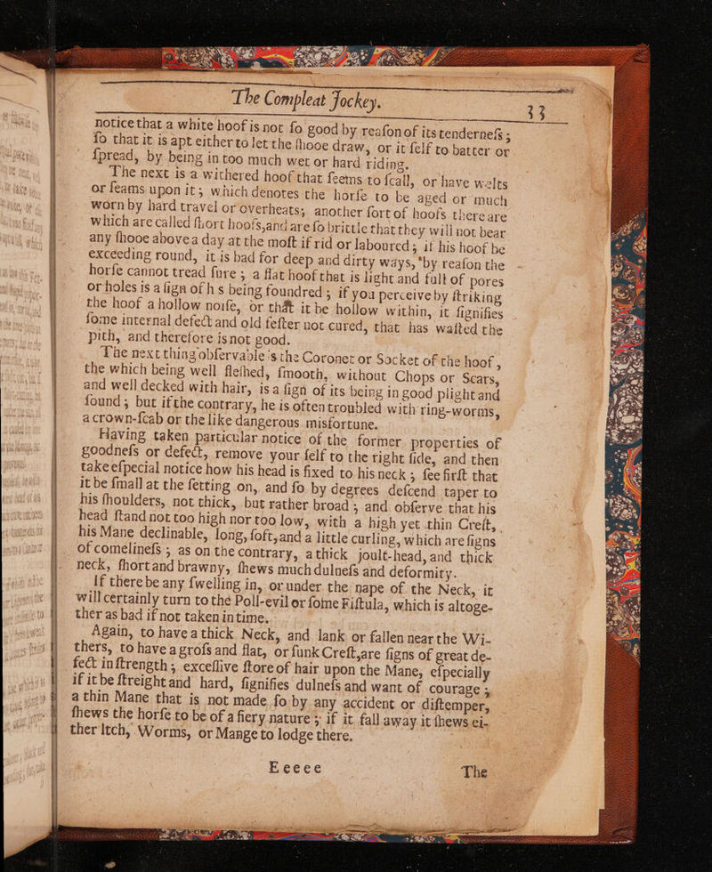 — cae &lt;0, ) Perl PINON a le + NO / Yi) d cH o ) Voom Wits O18 ae cme Shines Sarees The Compleat Jockey, notice that a white hoof is not fo good by reafon of its tendernef ; fo that it is apt either to let the thooe draw, or it felf to batter or {pread, by being in too much wet or hard riding. The next is a withered hoof that fees to fcall, or have welts or feams upon it; which denotes the | iorfe to be aged or much worn by hard travel or overheats; another fort of hoofs there are which are called fhort hoofs,and are {o brittle that they will not bear any fhooe abovea day at the moft if rid or laboured; it his hoof be exceeding round, itis bad for deep and dirty ways, *by reafon the horfe cannot tread fure ; a flat hoof that js light and falt of pores or holes is a fign of hs being foundred ; if you perceive by itriking tne hoof a hollow noife, or th4t it be hollow within, it fignifies fome internal defect and old fefter not cured, that has waited the pith, and therefore isnot good. The next thing obfervadle’s the Coronet or Soc Ket of the hoof , the which being well flefhed, fmooth,. without Chops or Scars, and well decked with hair, isa lign of its being in good plight and found ; but ifthe contrary, he is oftentroubjed with ring-worms, a crown-{fcab or the like dangerous misfortune. Having taken particular notice of the former properties of goodnefs or defect, remove your felf to the right fide, and then take efpecial notice how his head is fixed to his neck 5 fee firft that it be {mall at the fetting on, and fo by degrees defcend taper to his fhoulders, not thick, but rather broad ; and. obferve that his head ftand not too high nor too low, with a high yet thin Creit, his Mane declinable, long, foft,and a little curling, which are figns of comelinefs.; as on the contrary, athick joult-head, and thick neck, fhortand brawny, fhews much dulnefs and deformity. if there be any {welling in, or under. the nape of. the Neck, it willcertainly turn to the Poll-evil or foine F iftula, which is altoge- ther as bad if not taken intime. Again, to haveathick Neck, and lank or fallen near the Wi- thers, to havea grofs and flat, or funk Creft,are figns of great de- fect inftrength ; exceflive ftore of hair upon the Mane, efpecially if it be ftreight and hard, fignifies dulnefs and want of courage ; a thin Mane that is not made fo by any accident or diftemper, fhews the horfé to be of a fiery nature ; if it fall away it fhews ei- ther'Itch, Worms, or Mange to lodge there.