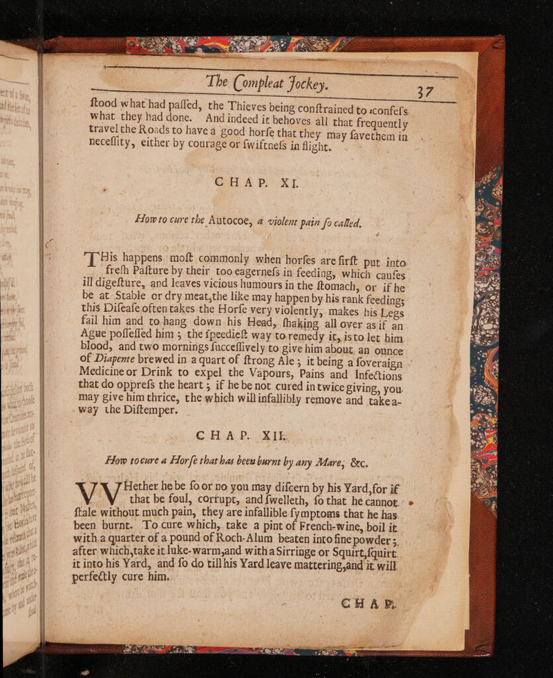 what they had done. And indeed it behove travel the Roads to havea good horfe that t] neceflity, either by courage or {wiftnelfs in flight. 4 CHAP XE fio to cure the Autocoe, 4 violent pain fo caked, be at. Stable or dry meat,the like may happen by his rank feeding; this Difeafe often takes the Horfe very violently, makes his Legs fail him and to hang down his Head, fhaking all over as if an Ague poflefled him 5 the ipeedief way to.remedy it, isto let him blood, and two mornings fucceflively to give him about. an ounce of Diapente brewed in a quart of {trong Ale ; it being a foveraign Medicine or Drink to expel the Vapours, Pains and Infections that do opprefs the heart ; if he be not cured in twice giving, you. may give him thrice, the which willinfallibly remove and takea- .way the Diftemper. CHAP. XIk Flow tocure a Hor fe that has beew burnt by any Mare, &amp;c. Hether he be fo or no you may difcern by his Yard, for if VV that be foul, corrupt, and{welleth, fo that he cannot. {tale without much pain, they are infallible fymptoms that he has. been burnt. To cure which, take a pint of French-wine, boil it. after which,take it luke- warm,and witha Sirringe or Squirt, {quirt. it into his Yard, and fo do till his Yard leave mattering,and it will perfectly cure him.. | Cu A PB. 37