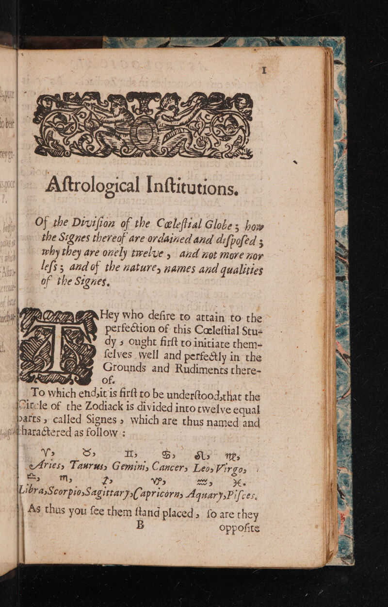 =; g es ge f\NY, ST, /, 2 Oe ~~ 1, Op FCS py Aftrological Inftitutions, Of the Divifion of the Coleftial Globes how the Signes thereof ave ordained and di pofed 5 | — why they are onely twelve , and not more nop | lefs 5 and of the nature, names and qualittes ctr ees seen of the Signes, x Hey who defire to attain to: the WA perfection of this Ceeleftial Stus dy 5 cught firft to initiare them- felves well and perfeétly in the Grounds and Rudiments rhere- P Ofe oi, To which end,iv is firft ro be underftood,thar the “itele of the Zodiack is divided into twelve equal patts called Signes » which are thus named and ft Naratered as follow: : Vs S> I> 9% dls Ms eAriesys Taurus, Gemini, Cancers Leos Virgos sti ™, fg? VP > 3 pote 9 x « Libra,Scor piosSagittar Jo apricorns Aquary,Pifces, 4 AS thus you fee them ftand placed, fo are they 1) B oppofite |