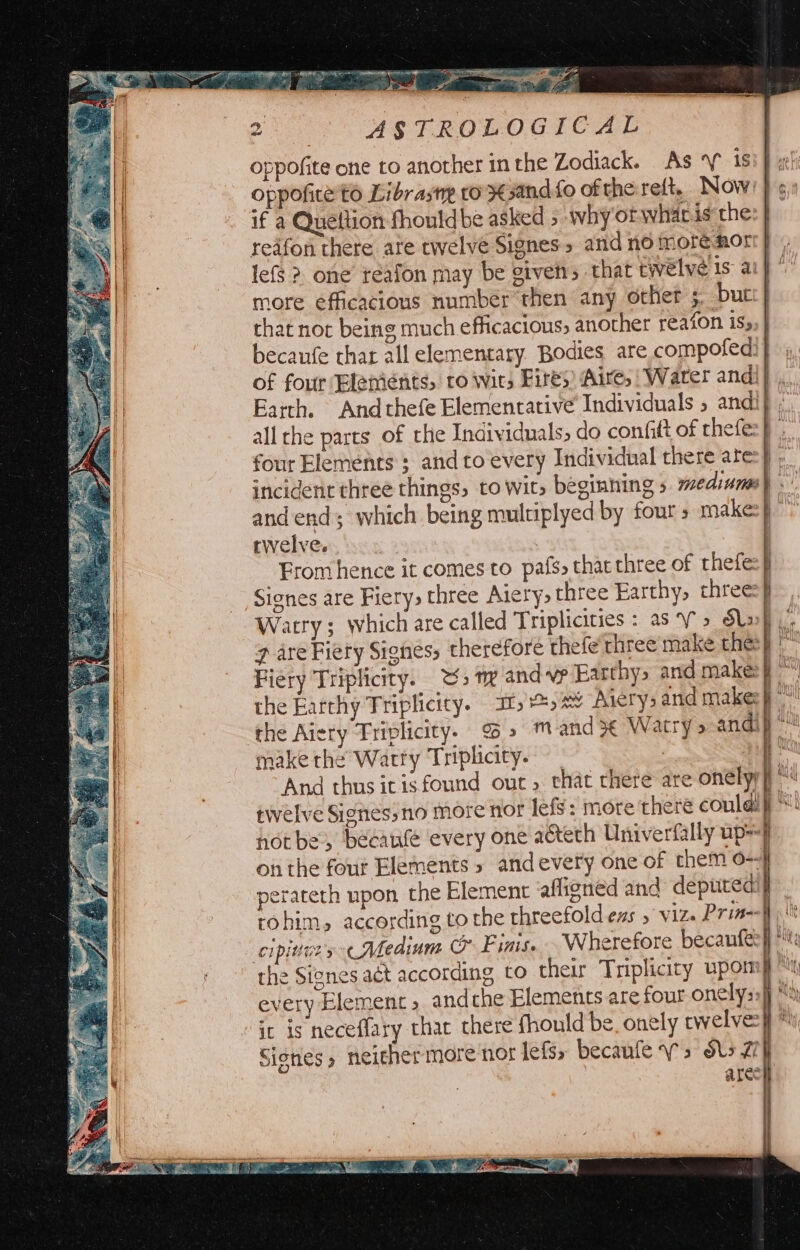 Pa ee ear a ae — a i = oy a on eines xi apo 7 aaah Prsseaiin.d NRE 8 oe Ro Sa of Sg Ee wy ASTROLOGICAL oppofite one to another in the Zodiack. As VY isi}, oppofice to Librasre to 33and. fo ofthe:reft. Now } ¢, if a Queltion fhouldbe asked 5 why ot whacis the: 7 redfon there ate twelve Signes » and no more norr | lefs &gt; one teafon may be givens that twelve is ai} °” more efficacious number then any other 5. buc that nor being much efficacious, another reaion iss, | becanfe thar all elementary Bodies are compofedi} of four Elements, ro wits Fires) Aire, Water andi} , Earth. Andthefe Elementative Individuals , andi} ;, all the parts of the Individuals, do confitt of rhefez} four Elements ; and to every Individual there ate=} 7 incident three things, to wit, beginning » meditnes) and end; which being multiplyed by fout s make: ph” twelve. | ] From hence it comes to pats, thacthree of thefe:} Signes are Fiery, three Aiery, three Earthy, threes} Watry; which are called Triplicities : as ‘V &gt; SLs 5 7 are Fiery Signés, therefore thefe three make ches} | Fiery Triplicity. ©. andvp Earthy, and makes} ~ the Earthy Triplicity. Jt), 2% Aery; and makes} the Aiery Triplicity. o&gt; mand} Watry&gt; andip make the Watty Triplicity. a gy And thusitisfound out, that rhere are onelyy} ul twelve Signes;no more nor lef: more there coulaly ™! hot be, becanfe every one a&amp;teth Univerfally up} on the four Elements » andevery one of them 0-4 perateth upon the Element afligned and deputedi} rohim, according to the threefold ews 5 viz. Prin--} C1pinen’y «Medium &amp; Finis. Wherefore becante the Signes aét according to their Triplicity upormy | every Element» andthe Elements are four onely:: ic is neceffary that there fhould be onely twelve} % Sigtes, neither more nor lefs» becaufe ys dts £7) arech