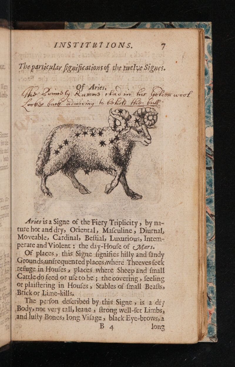 The particular fignifications of the twelve Sigues. TO pO OF Aritss Shi? Sard Ly f » DH Oh. ft LY? : Se tae E cre cee ema | oh Mudd Avis \Y Aries isa Signe of the Fiery Triplicity , by na- ture hot anddry, Oriental, Mafculine; Diurnal, Moveable, Cardinal, Beftial, Luxurious, Intem- petate and Violent : the day-Houfe of «Afars. Of places, this Signe -fignifies hilly and fandy Grounds,unfrequented places,where ‘Theeves feek tefuge in Houfes s places where Sheep and fmall Cattledo feed or nleto be'; the covering» feeling Brickor Lime-kills. | The perfon deferibed by, this Signe 5 is a diy Body, not very tall, leane 5 rong well-fer Limbs, and luity Bones, long Vilage, black Eye-brows) a B 4 long Hy