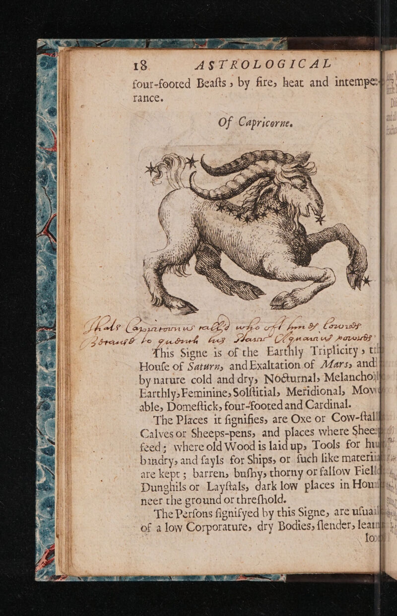 So EF a aay FS REM EO Oe —— } : Fs . a = ee ree se ee ge ie ee can ee a 13 ASTROL four-footed Beafts, by fire, heat and intempey’? rance. I See Of Capricorne. g 3 Saag F fo wdruk bees Hen’ Yon manuf Pavesbf* 5 | This Signe is of the Earthly Triplicicy » cr Honfe of Saturn, andExaltation.of Mars, andi f by nature cold and drys Noéurnal, Melancho}}} Earthly, Feminine; Solftitial, Metidional, Mow® able, Domeftick, four-footed and Cardinal. The Places it fignifies, are Oxe or Cow-ftallff Calves or Sheeps-pens, and places where Sheesi / feed; where old Wood is laidup, Tools for huh? bandry, and fayls for Ships, or fuch like matertiq} are kept; barren, bufhy, thorny or fallow Fiellqyy Dunghils or Layftals, dark low places in Houaliy., neer the ground or threfhold. The Perfons fignifyed by this Signe, are ufuailhyy of alow Corporature, dry Bodies, flender, leat} }, | long