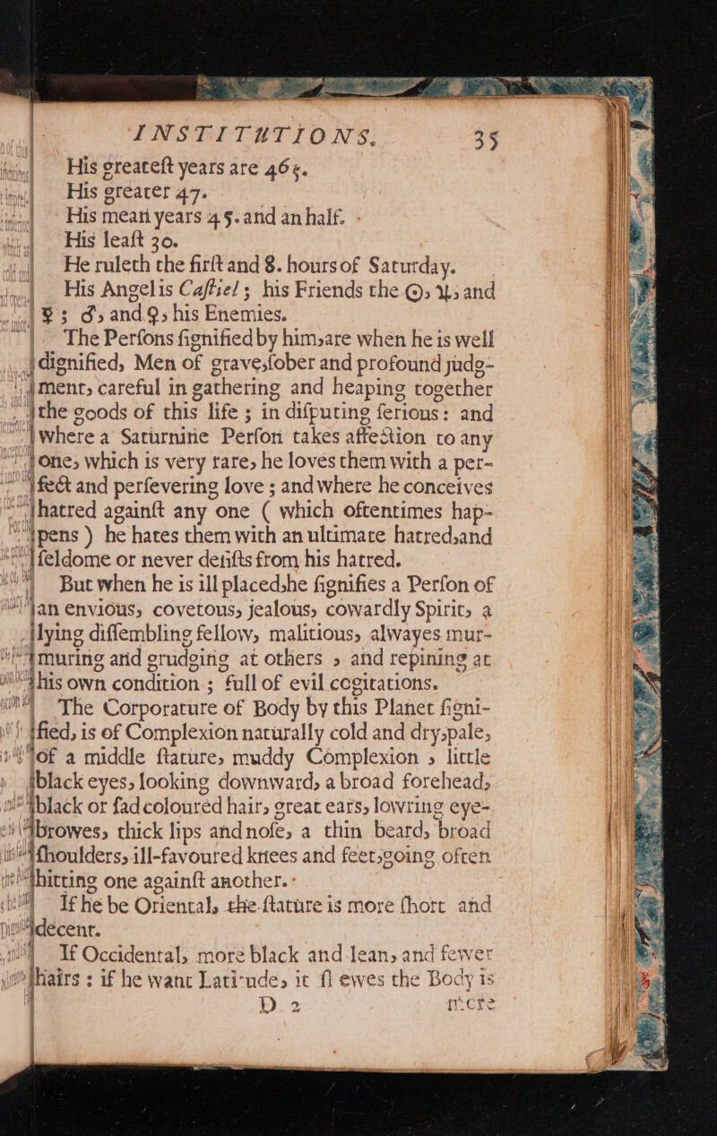fining) His greateft years are 46<. int] His greater 47: wi Edis meani years 4§.and anhalf. - His leaft 30. He ruleth the firttand$.hoursof Saturday. His Angelis Caffie/; his Friends the @, 43 and le; 3 and 9; his Enemies. Sy” The Perfons fignified by himsare when he is well jdignified, Men of gravesfober and profound jude- I ; ment; careful in gathering and heaping together ae _Athe goods of this life ; in difputing fetious: and | | where a Saturnitie Perfori takes affestion to any One; which is very tare, he loves them with a pet~ “fe and perfevering love ; and where he conceives hatred againft any one ( which oftentimes hap- “tpens ) he hates them with an ultimate hatred,and nfl feldowre or never deifts from his hatred. a “al But when he is ill placedshe fignifies a Perfon of Jan envious, covetous, jealous, noma ahy Spirit. a _Hlying diffembling fellow, malitious, alwayes mur- “4 muring and orudginig at others » ahd repining at i own condition ; ; fullof evil ccgirations. cad The Corporature of Body by this Planet f ioni- ) tied, is of Complexion naturally cold and dry,pale, rE oof a middle ftacure, muddy Complexion 5 little i - pbtack eyes, looking downward, a broad forehead; ett a ot fad coloured hairs great ears, lowring eye- browes; thick lips andnofe, a thin beard, broad | sAMhoutdes, ill-favoured knees and feet,coing often I “!thitting one againft another. i il If he be Oriental, the Qature is more fhort and uF pialdecenr. | Wl Tf Occidental, more black and lean, and fewer / airs : if he want Lati-ude, it fl ewes the pe D2