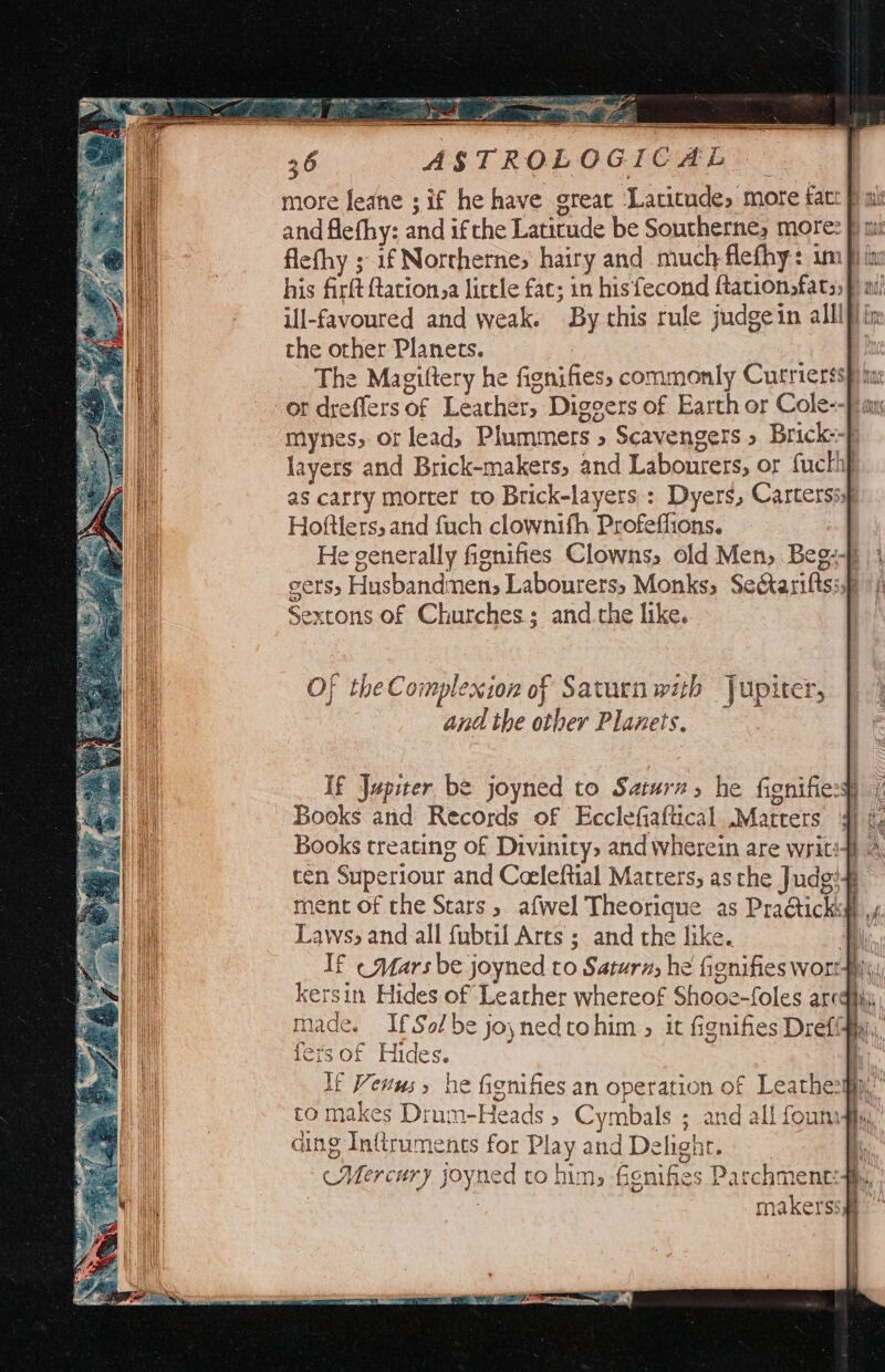 the other Planets. The Magiftery he fignifies, commonly Currierssp) iu or dreffers of Leather, Diggers of Earth or Cole--f im mynes, of lead, Plummers » Scavengers » Brick:-f layers and Brick-makers, and Labourers, or fucthy as carry morter to Brick-layers : Dyers, Carterss Hoftlers, and fuch clownifh Profeffions. He generally fignifies Clowns, old Men; Beg:4) sets, Husbandmen, Labourers, Monks, Seftariftssy Sextons of Churches; and.the like. Of the Complexion of Saturn with Jupiter, and the other Planets, If Jupiter be joyned to Saturn, he fienifiey 7 Books and Records of Ecclefiaftical Matters # ( Books treating of Divinity, and wherein are writi4i © ten Superiour and Coerleftial Matters, as the Judg! ment of the Stars, afwel Theorique as Praétick# ,y, Laws, and all fubtil Arts ; and the like. Bij If «Mars be joyned to Saturn, he fignifies worry, kersin Hides of Leather whereof Shooe-foles arcqiy made. IfSolbe joynedtohim » it fignifies Drefiqyi,, fersof Hides. | If Vevus, he fignifies an operation of Leathezmi,’ to makes Drum-Heads » Cymbals ; and all founsfiy,’ ding Inttruments for Play and Delight. a Mercury joyned to hims fignifies Parchmentqhy, ; | makerssg°
