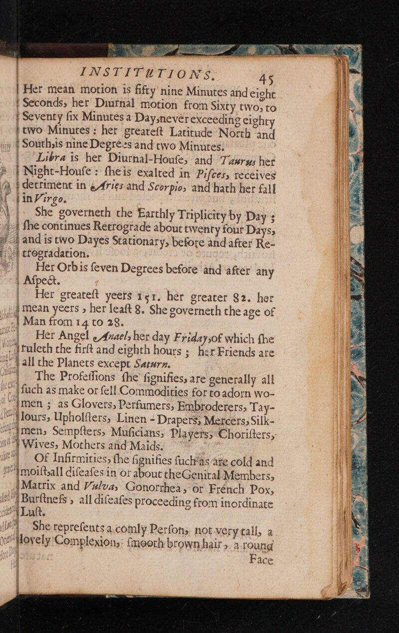 = - —— _— One TR Ree tran? Ay Re 8 7 gage conta Monroe <2 NS Bee oi os . ‘> r i oe aT ee en wes | Her mean motion is fifty’ nine Minutes and eight | Seconds, her Diutnal motion from Sixty two; to j Seventy fix Minutes a Daysnevér exceeding eighty j two Minutes: her greareft Latitude North and i South,is nine Degrées and two Minutes, | 'Libra is her Diurnal-Houfe, and Tiers het A | Night-Houfe : fheis exalred in Pifcesy teceives fa ¢ detriment in ¢Aries and Scorpio. and hath her fall if finVirgo, | | \\_ |. She governeth the Earthly Triplicity by Day ; 7A She continues Retrograde about twenty four Days, ni )-4 and is two Dayes Stationary, before and after Re- = <4) crogradation. pi ©/\ Her Orbis feven Degrees before ‘and after any 4 Afpe&. | Her greateft yeers 151. her greater $2. her i) Mean yeers » her leaft 8. She governeth the age of “| Man from 14 to 28. von, -ter Angel eAuaely her day Fridaysof which fhe }tulech che firlt and eighth hours ;_ her Friends ate y, ) all the Planets except Saturn. vi. Lhe Profeifions the’ fignifies, are generally al! -_)fuch as make or fell Commodities for roadorn wo- “Amen ; as Glovers, Perfumers, Embroderers, Tay- “Vours, Upholfters, Linen = Drapers; Mercers, Silk- “men, Sempfters, Muficians, Players; Chorifters, 0) Wives, Mothers and’Maids. ae | i) OF Infirmities; the Gignifies fuch’as are cold and : My moittall difeafes in or about theGeniral Members; | Matrix and Vulva, Gonorrhea, or Frénch Pox, ee io Burftnefs 5 all difeafes proceeding from inordinate 4 Ot Luft. Ve (W) She reprefents.a comly Perfons not-veryrall, a yitWovely Complexion: fmoorh brown. hair». 2.round ea | Face