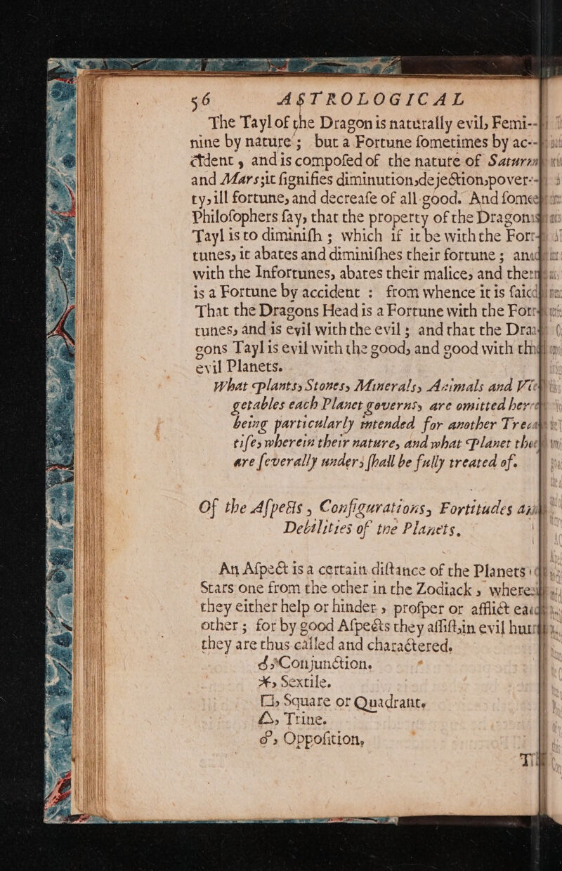 The Tayl of che Dragon is narurally evil, Femi--}) 1 nine by nature’; bura Fortune fometimes by ac--p) i dent, andis compofed of the nature of Saturanh wi and Mars;it fignifies diminution ,deje&amp;tion,pover--) 3 ry&gt;ill fortune, and decteafe of all: good. And fomeep i: Philofophers fay, that the property of rhe Dragomig) ai Tayl isco diminifh ; which if ic be wirhthe Fort} runes, it abates and diminithes their fortune ; anid: is a Fortune by acide 3 : from whence itis taiccd t That the Dragons Head 1s a Fortune with the Forr4 S runes, and 1 is evil with the evil: andthat the Draa ev il Planets. - What Plants, Stoness Minerals, Acimals and Vee getables each Planet Lovernss are omitted herve being particularly tended for another Tr ecay \ tife&gt;s wherein their nature, and what Planet thee) are [everally under; (hall be fully treated of. | \ An Afpect is a certain.diltance of the Planets1 Stars one from the other in the Zodiack 5 where: they either help or hinder y profper or affliG eacdh) other; for by good Afpeéts they affift.in evil hut they are thus called and charactered. é*Conjunction. ¥» Sextile. (1, Square or Quadrant. 4, Trine. = $s Oppofition, ~ — = = = z I fe = = Pe = = = ee EE a Se 5 ; 2 —4 ae
